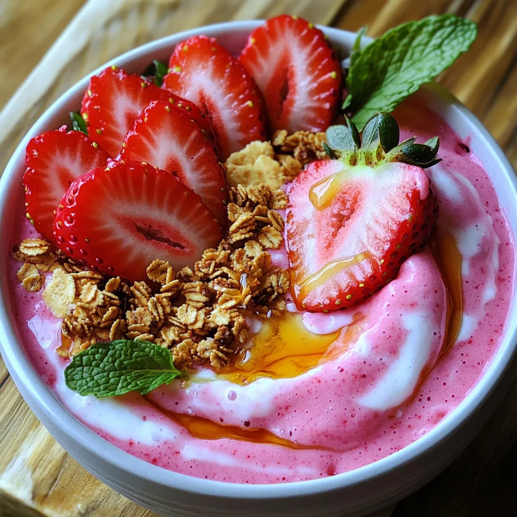 To make this Strawberry Cheesecake Smoothie Bowl, you need these fresh ingredients: - 1 cup fresh strawberries, hulled and sliced - 1 banana, frozen - 1/2 cup Greek yogurt - 1/2 cup milk (almond or dairy) - 1 tablespoon cream cheese - 1 tablespoon honey or maple syrup - 1/2 teaspoon vanilla extract These ingredients create a sweet and creamy base. The strawberries add a bright flavor. The banana gives it a smooth texture, while the Greek yogurt and cream cheese add richness. You can customize your smoothie bowl with these optional ingredients: - Granola, for topping - Sliced strawberries and mint leaves, for garnish Granola adds a nice crunch. You can also add nuts or seeds for more texture. Fresh mint leaves not only look great but also add a refreshing taste. This smoothie bowl is a treat that packs great nutrients. Here’s a quick look at what you get per serving: - Calories: about 300 - Protein: around 10 grams - Carbohydrates: about 50 grams - Fiber: around 4 grams - Sugars: about 20 grams This bowl is a fun way to enjoy fruit and dairy. It's perfect for breakfast or a snack. Enjoy it fresh for the best taste and nutrition. To make the base, gather all your ingredients. You need fresh strawberries, a frozen banana, Greek yogurt, and milk. Also, grab cream cheese, honey or maple syrup, and vanilla extract. First, hull and slice the strawberries. This helps them blend better. Then, put all these ingredients into your blender. Blend them on high until smooth. If the mix gets stuck, stop and scrape the sides. This helps everything mix well. When it’s creamy, pour it into a bowl. For the best results, use a high-speed blender. It breaks down the fruits and mixes them well. Make sure your banana is frozen. This adds a nice chill to your smoothie bowl. If you want it sweeter, add a bit more honey or syrup. Don't rush the blending. A smooth texture makes it enjoyable. Remember to pause to check the consistency. It should be thick like ice cream, not runny. Garnishing makes your smoothie bowl look pretty. Use a spoon to create a swirl on top. This adds a fun look. Next, sprinkle granola on one side. It adds a nice crunch. For decoration, slice more strawberries and place them on top. Add fresh mint leaves for a pop of green. This makes your bowl look fresh and inviting. Serve it right away for the best taste! Enjoy your Strawberry Cheesecake Smoothie Bowl! To get a great texture in your smoothie bowl, focus on your ingredients. Use a frozen banana for creaminess. It helps thicken the mix without ice. Aim for a thick, yet smooth blend. Blend until there are no lumps. You can stop and scrape the sides to help. The goal is to have a creamy base that holds toppings well. Not all blenders work the same for smoothie bowls. A high-speed blender is best. It can easily blend frozen fruits and yogurt. Brands like Vitamix and Ninja are great choices. If you have a regular blender, add a little extra liquid. It helps the mix blend smoothly. Just remember, the right blender makes a big difference. Fresh ingredients make your smoothie bowl taste amazing. Store strawberries in the fridge but not washed. Washing them adds moisture, making them spoil fast. Keep bananas on the counter, away from sunlight. For yogurt, check the expiration date. Use it within a week of opening. If you buy in bulk, freeze what you won’t use soon. This way, you always have tasty fruit ready for your next bowl. {{image_2}} You can mix and match fruits for your smoothie bowl. Try blueberries, raspberries, or peaches! Each fruit adds a unique flavor. For a tropical twist, add pineapple or mango. They give a fresh taste that pairs well with strawberries. You can even use frozen fruits for a thicker texture. If you want a dairy-free option, swap Greek yogurt and milk with almond or coconut yogurt. Use nut milk like almond, cashew, or oat. These changes keep the smoothness without dairy. You can still enjoy a creamy texture while making it suitable for lactose-free diets. Boost your smoothie bowl's nutrition with simple add-ins. Consider adding spinach or kale for extra greens. Chia seeds or flaxseeds add fiber and omega-3s. Nut butters like almond or peanut can add protein. You can also sprinkle protein powder for an energy boost. These options make your bowl both tasty and healthy! If you have leftovers, store them in an airtight container. This will keep your smoothie bowl fresh. You can keep it in the fridge for up to one day. If you leave it longer, the texture may change. I recommend eating it right away for the best taste. You can freeze your smoothie bowl if you have extra. Pour it into a freezer-safe container. Make sure to leave a little space at the top, as it will expand. When you want to eat it, let it thaw in the fridge overnight. This keeps the flavor nice. To stop your smoothie from turning brown, use fresh ingredients. Lemon juice can help too. Just a little splash can keep the color bright. Store it in a cool place and cover it well to avoid air exposure. This will help keep your smoothie bowl looking and tasting fresh. Yes, you can make this smoothie bowl in advance. I suggest you blend the ingredients and store them in an airtight container. Keep it in the fridge for up to 24 hours. When you are ready to eat, stir it well. You may need to add a bit of milk to get the right texture again. However, I recommend you add the toppings just before serving. This keeps them fresh and crunchy. If you need a substitute for Greek yogurt, try using regular yogurt. It will give you a similar creaminess. You can also use cottage cheese for a protein boost. If you want a dairy-free option, use coconut yogurt or almond yogurt. These will keep the smoothie bowl rich and creamy while keeping it dairy-free. To make a vegan version, swap the Greek yogurt for coconut yogurt. Use almond milk instead of regular milk. Replace honey with maple syrup to keep it plant-based. Lastly, skip the cream cheese or choose a vegan cream cheese. This way, you’ll still enjoy the berry flavor and creamy texture. In this blog post, I covered how to make a delicious smoothie bowl. We started with the fresh and optional ingredients you can choose. Then, I shared easy steps to prepare and blend your bowl. I provided tips for the perfect mix and storage for leftovers. Lastly, I explained how to customize your bowl with variations and answered common questions. Smoothie bowls are simple and tasty. Enjoy making yours to fit your needs!