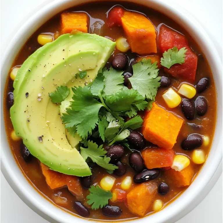 - 2 medium sweet potatoes, peeled and diced - 1 can (15 oz) black beans, drained and rinsed - 1 can (15 oz) diced tomatoes (with juices) - 1 medium onion, diced - 2 cloves garlic, minced - 1 bell pepper (any color), diced - 1 cup corn kernels (fresh or frozen) - 2 cups vegetable broth - 2 tablespoons chili powder - 1 tablespoon cumin - 1 teaspoon smoked paprika - Salt and pepper to taste - Fresh cilantro, chopped (for garnish) - Avocado slices (for serving) It's key to measure your ingredients well for the best taste. For sweet potatoes, use about two medium ones. You can also use canned black beans. Make sure to drain and rinse them. The diced tomatoes add moisture, so keep the juices. For spices, two tablespoons of chili powder will give a nice kick. One tablespoon of cumin adds warmth, and one teaspoon of smoked paprika gives depth. Salt and pepper should be added to your taste, so start small and adjust. If you don't have sweet potatoes, regular potatoes work too. If you're out of black beans, kidney beans or pinto beans can replace them. For diced tomatoes, you can use fresh tomatoes if preferred. Don’t have corn? Skip it or use another veggie like zucchini. If you want to add heat, toss in jalapeños. For a richer flavor, use chicken broth instead of vegetable broth. First, gather your vegetables. You need two medium sweet potatoes. Peel them and cut them into small cubes. Next, take one medium onion and chop it finely. Then, grab one bell pepper of your choice. Dice it up as well. Lastly, mince two cloves of garlic. This mix will create a strong base for your chili. Now it’s time to build your chili in the slow cooker. Start by adding the diced sweet potatoes. Then, open a can of black beans. Drain and rinse them before adding to the pot. Next, pour in a can of diced tomatoes with their juices. Add the chopped onion, bell pepper, and corn. Finally, sprinkle in the minced garlic. Stir everything together to combine well. Cover the slow cooker with its lid. Set it to low heat for six to eight hours. If you need it faster, use high heat for three to four hours. The sweet potatoes should be tender when done. After the time is up, taste the chili. Adjust the seasonings if needed before serving. Enjoy the warmth and comfort of your chili! To get the best texture, cut the sweet potatoes into small, even pieces. This helps them cook at the same rate as the other ingredients. You should also avoid overcooking the chili. Check it after three hours on high or six hours on low. This way, the sweet potatoes stay soft but not mushy. Seasoning is key to a great chili. I love to use two tablespoons of chili powder for a nice kick. Adding one tablespoon of cumin gives it depth. Smoked paprika adds a warm, smoky flavor. Taste the chili before serving. Adjust the salt and pepper as needed to make it just right. Garnishes can elevate your dish. I recommend chopped fresh cilantro for a burst of color. Slices of avocado add creaminess and richness. You can also add a dollop of sour cream or Greek yogurt for tang. Serve it with tortilla chips for a crunchy contrast. Enjoy your meal with these tasty touches! {{image_2}} You can change up the chili by adding more vegetables. Try carrots or zucchini for a nice crunch. Kale or spinach will add color and nutrients. If you like, toss in some diced jalapeños for a spicy kick. Just remember, cooking times may change based on what you add. You can easily adjust the heat level in this chili. For a mild taste, skip the jalapeños and reduce the chili powder. If you like heat, add extra chili powder or some crushed red pepper. You can even use hot salsa instead of diced tomatoes for a fiery touch. Want your chili to be heartier? Add cooked ground meat like turkey or beef. For a vegetarian option, mix in extra beans or lentils. Tofu is also a great protein choice. Just make sure to adjust the seasoning, as these additions can change the flavor. To store your leftover chili, let it cool first. Transfer the chili to a clean container. Make sure the container has a tight lid. Store it in the fridge for up to five days. This keeps the flavors fresh and tasty. If you want to keep it longer, consider freezing it. When you are ready to eat your chili, reheating is easy. You can use the microwave or a stove. If using a microwave, place the chili in a bowl. Heat it for 1-2 minutes, stirring halfway. If using a stove, pour the chili into a pot. Heat on medium until it’s hot. Stir often to prevent sticking. Freezing is a great way to keep your chili for later. Use freezer-safe bags or containers for best results. Portion the chili into smaller amounts. This way, you can thaw only what you need. Label each bag with the date and contents. The chili can last up to three months in the freezer. When you’re ready to use it, thaw it overnight in the fridge. Reheat as mentioned above for a warm meal. Yes, you can use other beans. Some good options are kidney beans, pinto beans, or cannellini beans. Just be sure to drain and rinse them like you would with black beans. Each type brings a different flavor and texture, so feel free to mix things up! This recipe is already vegan! It uses sweet potatoes, black beans, and vegetable broth. Just make sure your vegetable broth does not contain any animal products. All the ingredients in this chili are plant-based, so you can enjoy it without worry. You can serve this chili with many tasty sides. Here are a few ideas: - Rice or quinoa: These grains add a nice base. - Cornbread: It pairs well and adds a sweet touch. - Tortilla chips: They give a great crunch. - Avocado slices: They add creaminess and flavor. - Fresh cilantro: Use it for a fresh burst on top. Feel free to mix and match based on your taste! This article covered all you need for Sweet Potato Black Bean Chili. You learned about the right ingredients, cooking steps, and how to make it your own. I shared tips for texture, flavor, and garnishes. With variations and storage tips, you can enjoy it many ways. Whether spicy or mild, this dish is easy and tasty. Remember, cooking is fun. Experiment and trust your taste buds to create a meal you'll love.