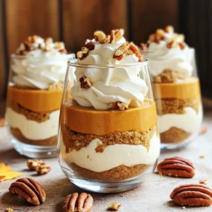 - 1 cup pumpkin puree - 8 oz cream cheese, softened - 1/2 cup granulated sugar - 1/2 cup brown sugar - 1 teaspoon vanilla extract - 1 teaspoon ground cinnamon - 1/2 teaspoon ground nutmeg - 1/4 teaspoon ground ginger - 1 cup whipped cream (homemade or store-bought) - 1 1/2 cups graham cracker crumbs - 4 tablespoons unsalted butter, melted - 1/4 cup chopped pecans (for garnish, optional) - Extra whipped cream for topping Using fresh pumpkin puree will boost the flavor. You can find this in cans at stores. Cream cheese should be soft to mix easily. I recommend letting it sit at room temperature for 30 minutes. The spices add warmth and depth to the taste. Adjust them to your liking. For the whipped cream, homemade gives a richer taste, but store-bought works too. If you want a lighter option, you can use Greek yogurt instead of cream cheese. This swap changes the taste a bit but keeps it creamy. For a dairy-free version, use a dairy-free cream cheese. If you can’t find graham crackers, crushed cookies or even oats make great crusts. You can skip the pecans if you prefer a nut-free treat or swap them for almonds. To start, grab a medium bowl. Combine 1 1/2 cups of graham cracker crumbs with 4 tablespoons of melted butter. Mix them well until the crumbs are fully coated. This will give you a tasty and crunchy base for your parfaits. Next, take a large mixing bowl. Add 8 oz of softened cream cheese, 1/2 cup of granulated sugar, and 1/2 cup of brown sugar. Also, add 1 teaspoon of vanilla extract, 1 teaspoon of ground cinnamon, 1/2 teaspoon of ground nutmeg, and 1/4 teaspoon of ground ginger. Beat this mixture until it's smooth and creamy. Then, gently fold in 1 cup of pumpkin puree. Make sure to mix it well but keep it fluffy. After that, fold in 1 cup of whipped cream. This step makes your cheesecake mixture light and airy. Now, it’s time to assemble the parfaits. In serving cups or glasses, start with a spoonful of your graham cracker crust. Next, add a layer of the pumpkin cheesecake filling on top. Repeat these layers until your glasses are full. Finish with a layer of cheesecake on top for a lovely look. Lastly, place the parfaits in the fridge. Chill them for at least 1-2 hours. This step allows all the flavors to mix and helps them set. When you're ready to serve, add extra whipped cream and sprinkle with chopped pecans for a nice crunch. Enjoy your delicious treat! To make your pumpkin cheesecake mix light, you must fold carefully. Start with the cream cheese. Beat it until smooth. Next, add the pumpkin puree slowly. This keeps the mixture fluffy. When you add the whipped cream, use a gentle folding motion. This way, you keep in the air. The fluffiness makes each bite feel light and creamy. Serving your parfaits can be fun! Use clear cups or glasses. This lets people see the layers. Start with a layer of graham cracker crumbs. Then add the pumpkin cheesecake mix. Repeat until full. Top with a dollop of whipped cream. For a nice touch, sprinkle some chopped pecans on top. This adds crunch and looks pretty! One common mistake is overmixing the cream cheese. This can make your mix dense. Always mix until smooth, but don’t overdo it. Another mistake is not chilling the parfaits long enough. They need time to set. If you skip this step, the layers may not hold well. Lastly, don’t forget to taste! Adjust spices to your liking. A little extra cinnamon or nutmeg can make a big difference. {{image_2}} You can make your parfaits healthier with simple swaps. Use low-fat cream cheese instead of regular. This change cuts calories while keeping the creamy texture. You can also use a sugar substitute like stevia or monk fruit. These will help lower sugar levels without losing sweetness. For a crunchier base, try using oats instead of graham crackers. There are many fun ways to change the flavor of your parfaits. Add extra spices for a spiced pumpkin flavor. A pinch of clove or allspice can add warmth. For a nutty cheesecake taste, mix in some chopped nuts, like walnuts or almonds, into the cream cheese layer. You can also swirl in some caramel or chocolate sauce for a sweet twist. Each option adds a new layer of delight. These parfaits are perfect for many occasions. Serve them at Thanksgiving for a festive dessert or at birthday parties to impress guests. Pair them with a warm drink, like spiced cider or hot chocolate. You can also serve them with fresh fruit, like apples or pears, for a refreshing side. The layers look beautiful in clear cups, making them a great choice for any table. To keep your parfaits fresh, cover them tightly with plastic wrap or a lid. Place them in the fridge. This prevents them from drying out and keeps the flavors intact. Your pumpkin pie cheesecake parfaits last in the fridge for up to three days. If you want to freeze them, it’s best to freeze the cheesecake mixture only. Store it in an airtight container for up to a month. Just remember, the graham cracker crust doesn’t freeze well. You don’t need to reheat these parfaits. They are best served cold. When you’re ready to enjoy, just take them out of the fridge, add your toppings, and dig in! Yes, you can make these parfaits ahead of time. They chill well in the fridge. I suggest making them a day before your event. This helps the flavors mix and taste even better. If you need a cream cheese substitute, try mascarpone or Greek yogurt. Both offer a creamy texture. You can also use a dairy-free cream cheese if you want a vegan option. The parfaits should chill for at least 1-2 hours. This time is key for the layers to set. The longer they chill, the better the flavors blend together. Yes, you can use pumpkin pie filling. However, it may add extra spices and sweetness. Adjust the sugar in your recipe if you use this option. In this blog, we covered how to make delicious cheesecake parfaits. We discussed key ingredients, step-by-step instructions, and helpful tips for success. You learned about flavor variations and how to store leftovers. Remember, using the right ingredients and techniques will give you the best results. Don't hesitate to try new flavors or make it healthier. With these steps, you can impress anyone with your cheesecake parfaits. Enjoy making this treat, and share it with friends and family!