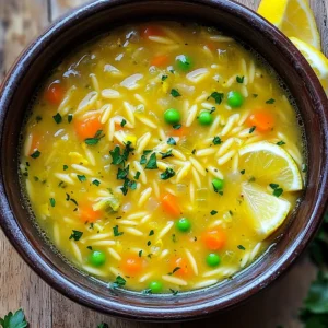 - 1 tablespoon olive oil - 1 medium onion, diced - 3 cloves garlic, minced - 2 medium carrots, diced - 2 celery stalks, diced - 6 cups vegetable broth - 1 cup orzo pasta - 1 cup frozen peas - 1 lemon (zest and juice) - 1 teaspoon dried thyme - Salt and pepper to taste - Fresh parsley, chopped (for garnish) When you cook, each ingredient has a specific role. The olive oil gives a rich base. The onion adds sweetness, and the garlic brings strong flavor. Carrots and celery add crunch and nutrition. The vegetable broth serves as the soup's heart, while orzo acts as the filling star. Peas add bright color and sweetness. Lemon zest and juice brighten the dish. Thyme adds a warm note, and salt and pepper balance all the tastes. Fresh parsley is for that pretty finish. You can swap out some ingredients if needed. Use any oil instead of olive oil if you like. For the onion, shallots or leeks work well. Garlic powder can replace fresh garlic in a pinch. If you don&rsquo;t have carrots or celery, try bell peppers or zucchini. Any broth can work, even chicken broth if you want. For a gluten-free dish, choose gluten-free pasta. If you don&rsquo;t have peas, try corn or green beans. Just remember, use what you have and make it yours! Start by gathering your ingredients. You will need olive oil, onion, garlic, carrots, and celery. Heat one tablespoon of olive oil in a large pot over medium heat. Once hot, add the diced onion. Saut&eacute; for about three to four minutes until it looks clear. Then, add three cloves of minced garlic, two diced carrots, and two diced celery stalks. Cook these together for another three to four minutes. The veggies should start to soften and smell great. Next, pour in six cups of vegetable broth. Stir well and bring it to a boil. Once it is bubbling, add one cup of orzo pasta, one teaspoon of dried thyme, salt, and pepper. Reduce the heat to a simmer. Cook for about eight to ten minutes, stirring now and then. The orzo should be tender but still firm when you bite into it. Now, it&rsquo;s time for the fun part! Add one cup of frozen peas, the zest, and juice of one lemon. Stir everything together and let it cook for an extra two to three minutes. This brightens up the soup. Taste it to see if it needs more salt or pepper. Remove the pot from heat and let it sit for a few minutes. This helps the flavors blend nicely. When you serve, ladle the soup into bowls and sprinkle fresh parsley on top. Enjoy the zesty goodness! To make your One Pot Lemon Garlic Orzo Soup shine, focus on fresh ingredients. Use fresh herbs like parsley for garnish. Adding them at the end keeps their flavor bright. For a bit of heat, try adding a pinch of red pepper flakes. This will give your soup a warm kick. Also, squeeze extra lemon juice right before serving. This will give it a refreshing boost. Orzo cooks fast, so keep an eye on it. Stir it often to prevent sticking. Cook it until it is just al dente. This keeps it firm and tasty in the soup. If you overcook it, it can get mushy. Always taste the orzo a minute or two before the time is up. Adjust the cooking time based on your stove and pot type. Serve your soup hot in a bowl. Top it with chopped parsley for color and taste. Lemon wedges on the side add a nice touch. Pair the soup with crusty bread or a light salad for a full meal. You can also add a sprinkle of grated cheese for extra flavor. Enjoy this soup as a cozy meal any time of year! {{image_2}} You can easily boost this soup with proteins. Adding chicken makes it heartier. Use cooked, shredded chicken for quick meals. If you prefer beans, chickpeas work well. Just add them near the end of cooking. This choice keeps them firm. If you need a gluten-free soup, swap the orzo for rice or gluten-free pasta. Both options fit nicely and keep the soup tasty. Just adjust the cooking time as needed. Remember, rice takes longer, so add it earlier. Feel free to mix in different veggies based on your taste. Spinach or kale adds great color and nutrients. You can also use zucchini or bell peppers for a crunchy bite. Just chop them small so they cook evenly. Store your One Pot Lemon Garlic Orzo Soup in an airtight container. This keeps it fresh. Let the soup cool down before sealing it. Place it in the fridge within two hours of cooking. It stays good for about 3-4 days. If you want, you can also divide it into smaller portions. This makes it easy to grab for lunches or quick meals. You can freeze the soup if you have leftovers. Pour it into freezer-safe containers. Leave some space at the top. This allows the soup to expand when frozen. Seal the containers tightly and label them with the date. The soup can last for up to 3 months in the freezer. When you're ready to eat, just thaw it in the fridge overnight. Reheat your soup on the stove for the best taste. Pour it into a pot over medium heat. Stir it often to ensure even warmth. If the soup seems thick, add a splash of broth or water. You can also use a microwave. Place it in a microwave-safe bowl. Heat in short bursts of 1-2 minutes, stirring in between. Enjoy your warm, zesty soup! Yes, you can make this soup ahead of time. It tastes even better after the flavors meld. Just follow the recipe as usual. Let it cool down before storing it in the fridge. It stays fresh for up to three days. When you're ready to eat, reheat it on the stove. Stir in a bit of broth if it thickens too much. To store leftovers, first let the soup cool. Pour it into an airtight container. Make sure to leave some space at the top for expansion. Seal it tightly and place it in the fridge. You can also freeze it for longer storage. Just use freezer-safe containers. The soup can last up to three months in the freezer. This soup pairs well with many sides. Try crusty bread for dipping. A fresh salad adds a nice crunch. You could also serve it with grilled cheese for a cozy meal. For a light touch, pair it with lemon wedges. They enhance the soup's zesty flavor. In this article, we explored how to make One Pot Lemon Garlic Orzo Soup. You learned the key ingredients and how to measure them. We discussed how to prepare the veggies and cook the orzo step-by-step. I shared tips for adding flavors and what to serve with this dish. You can even vary the soup by adding proteins or gluten-free options. By following these guidelines, you can enjoy a tasty and easy soup!