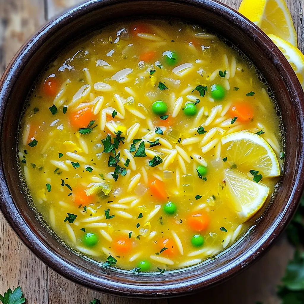 - 1 tablespoon olive oil - 1 medium onion, diced - 3 cloves garlic, minced - 2 medium carrots, diced - 2 celery stalks, diced - 6 cups vegetable broth - 1 cup orzo pasta - 1 cup frozen peas - 1 lemon (zest and juice) - 1 teaspoon dried thyme - Salt and pepper to taste - Fresh parsley, chopped (for garnish) When you cook, each ingredient has a specific role. The olive oil gives a rich base. The onion adds sweetness, and the garlic brings strong flavor. Carrots and celery add crunch and nutrition. The vegetable broth serves as the soup's heart, while orzo acts as the filling star. Peas add bright color and sweetness. Lemon zest and juice brighten the dish. Thyme adds a warm note, and salt and pepper balance all the tastes. Fresh parsley is for that pretty finish. You can swap out some ingredients if needed. Use any oil instead of olive oil if you like. For the onion, shallots or leeks work well. Garlic powder can replace fresh garlic in a pinch. If you don’t have carrots or celery, try bell peppers or zucchini. Any broth can work, even chicken broth if you want. For a gluten-free dish, choose gluten-free pasta. If you don’t have peas, try corn or green beans. Just remember, use what you have and make it yours! Start by gathering your ingredients. You will need olive oil, onion, garlic, carrots, and celery. Heat one tablespoon of olive oil in a large pot over medium heat. Once hot, add the diced onion. Sauté for about three to four minutes until it looks clear. Then, add three cloves of minced garlic, two diced carrots, and two diced celery stalks. Cook these together for another three to four minutes. The veggies should start to soften and smell great. Next, pour in six cups of vegetable broth. Stir well and bring it to a boil. Once it is bubbling, add one cup of orzo pasta, one teaspoon of dried thyme, salt, and pepper. Reduce the heat to a simmer. Cook for about eight to ten minutes, stirring now and then. The orzo should be tender but still firm when you bite into it. Now, it’s time for the fun part! Add one cup of frozen peas, the zest, and juice of one lemon. Stir everything together and let it cook for an extra two to three minutes. This brightens up the soup. Taste it to see if it needs more salt or pepper. Remove the pot from heat and let it sit for a few minutes. This helps the flavors blend nicely. When you serve, ladle the soup into bowls and sprinkle fresh parsley on top. Enjoy the zesty goodness! To make your One Pot Lemon Garlic Orzo Soup shine, focus on fresh ingredients. Use fresh herbs like parsley for garnish. Adding them at the end keeps their flavor bright. For a bit of heat, try adding a pinch of red pepper flakes. This will give your soup a warm kick. Also, squeeze extra lemon juice right before serving. This will give it a refreshing boost. Orzo cooks fast, so keep an eye on it. Stir it often to prevent sticking. Cook it until it is just al dente. This keeps it firm and tasty in the soup. If you overcook it, it can get mushy. Always taste the orzo a minute or two before the time is up. Adjust the cooking time based on your stove and pot type. Serve your soup hot in a bowl. Top it with chopped parsley for color and taste. Lemon wedges on the side add a nice touch. Pair the soup with crusty bread or a light salad for a full meal. You can also add a sprinkle of grated cheese for extra flavor. Enjoy this soup as a cozy meal any time of year! {{image_2}} You can easily boost this soup with proteins. Adding chicken makes it heartier. Use cooked, shredded chicken for quick meals. If you prefer beans, chickpeas work well. Just add them near the end of cooking. This choice keeps them firm. If you need a gluten-free soup, swap the orzo for rice or gluten-free pasta. Both options fit nicely and keep the soup tasty. Just adjust the cooking time as needed. Remember, rice takes longer, so add it earlier. Feel free to mix in different veggies based on your taste. Spinach or kale adds great color and nutrients. You can also use zucchini or bell peppers for a crunchy bite. Just chop them small so they cook evenly. Store your One Pot Lemon Garlic Orzo Soup in an airtight container. This keeps it fresh. Let the soup cool down before sealing it. Place it in the fridge within two hours of cooking. It stays good for about 3-4 days. If you want, you can also divide it into smaller portions. This makes it easy to grab for lunches or quick meals. You can freeze the soup if you have leftovers. Pour it into freezer-safe containers. Leave some space at the top. This allows the soup to expand when frozen. Seal the containers tightly and label them with the date. The soup can last for up to 3 months in the freezer. When you're ready to eat, just thaw it in the fridge overnight. Reheat your soup on the stove for the best taste. Pour it into a pot over medium heat. Stir it often to ensure even warmth. If the soup seems thick, add a splash of broth or water. You can also use a microwave. Place it in a microwave-safe bowl. Heat in short bursts of 1-2 minutes, stirring in between. Enjoy your warm, zesty soup! Yes, you can make this soup ahead of time. It tastes even better after the flavors meld. Just follow the recipe as usual. Let it cool down before storing it in the fridge. It stays fresh for up to three days. When you're ready to eat, reheat it on the stove. Stir in a bit of broth if it thickens too much. To store leftovers, first let the soup cool. Pour it into an airtight container. Make sure to leave some space at the top for expansion. Seal it tightly and place it in the fridge. You can also freeze it for longer storage. Just use freezer-safe containers. The soup can last up to three months in the freezer. This soup pairs well with many sides. Try crusty bread for dipping. A fresh salad adds a nice crunch. You could also serve it with grilled cheese for a cozy meal. For a light touch, pair it with lemon wedges. They enhance the soup's zesty flavor. In this article, we explored how to make One Pot Lemon Garlic Orzo Soup. You learned the key ingredients and how to measure them. We discussed how to prepare the veggies and cook the orzo step-by-step. I shared tips for adding flavors and what to serve with this dish. You can even vary the soup by adding proteins or gluten-free options. By following these guidelines, you can enjoy a tasty and easy soup!