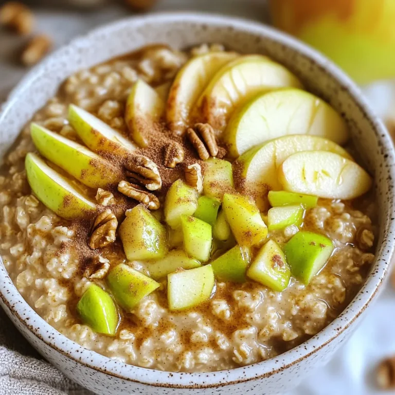 To make Brown Sugar Apple Pie Oatmeal, you need the following: - 1 cup rolled oats - 2 cups almond milk (or any milk of your choice) - 1 medium apple, peeled and diced (preferably Granny Smith) - 1/4 cup brown sugar - 1 teaspoon cinnamon - 1/4 teaspoon nutmeg - 1 tablespoon vanilla extract - Pinch of salt For extra flavor, consider adding: - 1/4 cup chopped walnuts or pecans - Fresh apple slices for garnish - Extra nuts for a crunchy topping You can swap some ingredients based on your needs: - Use oat milk or soy milk in place of almond milk. - Any apple variety works, but Granny Smith gives a great tartness. - Maple syrup can replace brown sugar for a different taste. - If you don’t have walnuts or pecans, try almonds or skip nuts altogether. This oatmeal is flexible. You can mix and match to fit your taste. Enjoy customizing it! 1. Gather your ingredients. You will need rolled oats, almond milk, and a medium apple. 2. Peel and dice the apple. I prefer Granny Smith for its tartness. 3. Measure out the brown sugar, cinnamon, nutmeg, and vanilla extract. 4. If using, chop the walnuts or pecans for added crunch. 1. In a medium saucepan, pour in the almond milk and a pinch of salt. Heat it over medium heat until it begins to boil gently. 2. Stir in the rolled oats and lower the heat to medium-low. Cook this for about 5 minutes. Stir occasionally until the oats soak up most of the milk. 3. Add the diced apple, brown sugar, cinnamon, nutmeg, and vanilla to the pot. Mix everything together well. 4. Keep cooking for another 3-5 minutes. You want the apples to become tender and the mixture to be creamy. 5. If you like it thinner, pour in a bit more almond milk. 6. If you want, stir in the chopped walnuts or pecans before removing it from heat. 1. Serve the oatmeal warm in bowls. 2. Top it with fresh apple slices. 3. Add a sprinkle of nuts for extra flavor and crunch. 4. For a nice touch, drizzle some brown sugar on top. A dusting of cinnamon adds a lovely look too. 5. You can also serve it with a side of warm milk for a creamy boost. To make your oatmeal creamy, start with almond milk. It gives a nice nutty taste. Heat the milk slowly to avoid burning. Once it boils, add the oats and stir. Cook it gently. If it gets too thick, just add more milk. This helps keep it smooth and creamy. Granny Smith apples are my top choice for this oatmeal. They are tart and add freshness. Other good options include Honeycrisp and Fuji. Both bring sweetness and crunch. Choose firm apples for the best texture when cooked. Serving is key for a lovely dish. Add fresh apple slices on top for color. A sprinkle of cinnamon adds warmth and charm. Drizzle a little brown sugar for that sweet finish. If you like nuts, toss some on top for crunch. These simple touches turn your oatmeal into a feast for the eyes. {{image_2}} To make this dish vegan and dairy-free, use almond milk or oat milk. Both options work great. They give a creamy texture without dairy. You can also skip the nuts if you have allergies. This way, you can enjoy a delicious breakfast that fits your diet. You can add more flavors to your oatmeal. Try using different spices like ginger or cloves. They pair well with apples and will give a warm taste. You can also add dried fruits like raisins or cranberries for a sweet twist. Fresh fruits like blueberries or bananas can add color and taste. If you need a gluten-free option, use gluten-free rolled oats. They are easy to find in stores now. This swap keeps your meal safe and tasty. Always check labels to ensure everything is gluten-free. You can enjoy this oatmeal without any worries. If you have extra Brown Sugar Apple Pie Oatmeal, you can store it easily. First, let the oatmeal cool down to room temperature. Then, place it in an airtight container. This keeps it fresh and tasty. Store it in the fridge for up to four days. If you want to keep it longer, consider freezing it. Reheating your oatmeal is simple. For the best texture, you can use the stove or microwave. If using the stove, add a splash of almond milk in a small pot. Heat it on low, stirring often until warm. If using the microwave, place your oatmeal in a bowl. Cover it with a damp paper towel and heat for one minute. Stir and heat again if it's not warm enough. When stored properly, Brown Sugar Apple Pie Oatmeal lasts about four days in the fridge. If you freeze it, it can last up to three months. Just remember to label your containers with the date. This way, you know how long it has been stored. Enjoy your oatmeal fresh for the best taste! Yes, you can use instant oats. They cook faster than rolled oats. If using instant oats, mix them with the milk and salt. Cook for about 1-2 minutes. The texture will be softer and creamier. To reduce sweetness, cut back on the brown sugar. Try using just 2 tablespoons. You can also skip the sugar entirely. The apple adds natural sweetness. Add more cinnamon for flavor without sugar. Yes, you can make this oatmeal ahead of time. Cook it as usual, then let it cool. Store it in the fridge for up to three days. When ready to eat, warm it gently on the stove or in the microwave. Add a splash of milk to keep it creamy. This blog post guides you through making delicious Brown Sugar Apple Pie Oatmeal. We explored key ingredients, cooking steps, and tips for the best texture. By trying different flavors and variations, you can personalize your dish. Remember to store leftovers properly for future enjoyment. With these tips, you're ready to create a warm, tasty breakfast that everyone will love. Enjoy experimenting with flavors and make this oatmeal your own!