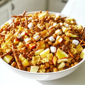 To make Caramel Apple Snack Mix, gather these simple ingredients: - 2 cups apple-flavored cereal - 1 cup puffed corn snacks - 1 cup pretzel sticks - 1 cup roasted or mixed nuts - 1 cup mini marshmallows - 1/2 cup caramel sauce - 1/4 teaspoon ground cinnamon - 1/4 cup chopped dried apples - 1/4 cup chocolate chips (optional) These ingredients work together to create a sweet and salty mix. The apple-flavored cereal provides a fruity crunch. Puffed corn snacks add a light texture. Pretzel sticks bring a nice saltiness. Nuts give a hearty bite, while mini marshmallows add softness. The caramel sauce is what ties everything together. Mixing in ground cinnamon enhances the flavor, giving it warmth. Dried apples add chewiness, and chocolate chips can make it even sweeter if you like. With these ingredients, you can create a tasty snack mix that everyone will love. It&rsquo;s fun to make and even more fun to eat! - First, grab a large mixing bowl. - Add 2 cups of apple-flavored cereal. - Toss in 1 cup of puffed corn snacks. - Next, add 1 cup of pretzel sticks. - Now, include 1 cup of roasted peanuts or mixed nuts. - Mix in 1 cup of mini marshmallows. - Finally, stir in 1/4 cup of chopped dried apples. - Mix all these dry items well until they are combined. - In a small saucepan, pour in 1/2 cup of caramel sauce. - Set the heat to low and warm the sauce. - Stir in 1/4 teaspoon of ground cinnamon until it's mixed in. - Once warm, remove the saucepan from the heat. - Now, drizzle the warm caramel sauce over the dry mix. - Use a spatula to fold the ingredients together gently. - Make sure everything gets coated in caramel. - If you like, fold in 1/4 cup of chocolate chips for fun! - Spread the mix onto a baking sheet lined with parchment paper. - Let it cool for about 10-15 minutes on the sheet. - Once cooled, break apart any clumps gently. - Transfer the mix to an airtight container for storage. To get the best caramel coating, warm the caramel sauce slowly. This helps it stay smooth. Stir in the ground cinnamon well. This adds a nice touch of flavor. When you drizzle the caramel over the mix, do it slowly. This gives every piece a nice coating. When mixing and folding the snack mix, use a spatula. This tool helps you gently combine the ingredients. Be careful not to crush the pretzels or marshmallows. You want a mix that still has texture. If you want to add chocolate chips, fold them in last. This keeps the chips intact and adds fun flavor. For a great presentation, serve the mix in a colorful bowl. Drizzle some extra caramel sauce on top. This makes it look fancy and inviting. You can also add some whole dried apples on top for a pop of color. If you want to package the mix as gifts, use cellophane bags. Tie them with pretty ribbons to make them special. This makes your snack mix a great treat for friends or family. You can also add a little tag with the recipe. This way, others can make it too! {{image_2}} You can change some ingredients in this snack mix. Instead of apple-flavored cereal, try cinnamon toast or honey nut cereal. These swaps still taste great. For a nut-free mix, use seeds like pumpkin or sunflower seeds. If you need a gluten-free option, select gluten-free pretzels and snacks. Many stores offer these choices. Want to spice it up? Adding a pinch of nutmeg or ginger can give a warm taste. You can also try different chocolates. Dark chocolate adds a rich flavor, while white chocolate gives a sweet touch. For seasonal flavors, think pumpkin spice in the fall or peppermint in winter. These small changes can make your snack mix sing with flavor! To keep your Caramel Apple Snack Mix fresh, use an airtight container. A glass jar or a plastic container works well. Make sure it seals tightly to keep air out. Store it in a cool, dry place, away from sunlight. Your snack mix will stay fresh for up to one week. If you want to keep it longer, store it in the fridge for up to two weeks. If you find some of the snack mix has gone stale, don't throw it away. You can turn it into a tasty topping. Crush the mix and use it on ice cream or yogurt. You could also blend it into a smoothie for some added flavor. If you have leftovers, try mixing them into cookie dough for a fun twist. This way, you avoid waste while enjoying more delicious treats! What can I use instead of caramel sauce? You can use melted chocolate or peanut butter as a substitute. Both add sweetness and flavor. Honey or maple syrup can also work well. Can I make this recipe ahead of time? Yes, you can! Make the mix a day or two in advance. Just store it in an airtight container. How do I adjust the recipe for larger servings? To make more, simply double or triple the ingredient amounts. Keep the same ratios for the best taste. Is it possible to make a vegan version of this snack mix? Absolutely! Use dairy-free caramel sauce and vegan chocolate chips. All other ingredients are already vegan. Where can I buy pre-made caramel apple snack mixes? You can find them at grocery stores, specialty shops, or online. Look in the snack aisle or the seasonal section for fun mixes. We covered the tasty recipe for caramel apple snack mix today. You can easily make it with simple ingredients like cereal, nuts, and marshmallows. Follow the steps for mixing, cooling, and storing your tasty creation. Remember to try out our tips for perfecting the flavor and presentation. Feel free to customize with swaps or new toppings, too. This snack is great for sharing or gifting. Enjoy your cooking and get creative with the mix!