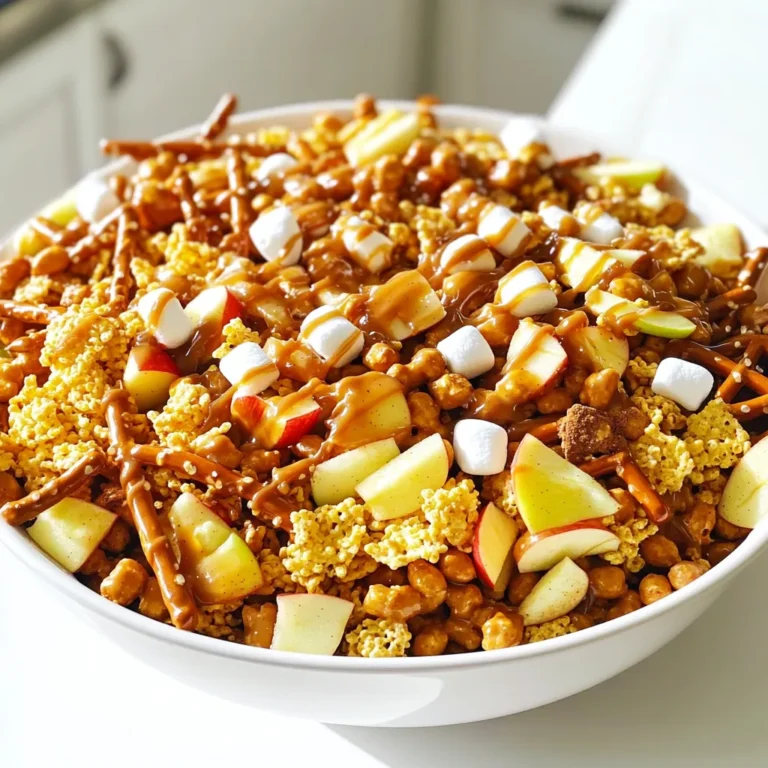 To make Caramel Apple Snack Mix, gather these simple ingredients: - 2 cups apple-flavored cereal - 1 cup puffed corn snacks - 1 cup pretzel sticks - 1 cup roasted or mixed nuts - 1 cup mini marshmallows - 1/2 cup caramel sauce - 1/4 teaspoon ground cinnamon - 1/4 cup chopped dried apples - 1/4 cup chocolate chips (optional) These ingredients work together to create a sweet and salty mix. The apple-flavored cereal provides a fruity crunch. Puffed corn snacks add a light texture. Pretzel sticks bring a nice saltiness. Nuts give a hearty bite, while mini marshmallows add softness. The caramel sauce is what ties everything together. Mixing in ground cinnamon enhances the flavor, giving it warmth. Dried apples add chewiness, and chocolate chips can make it even sweeter if you like. With these ingredients, you can create a tasty snack mix that everyone will love. It’s fun to make and even more fun to eat! - First, grab a large mixing bowl. - Add 2 cups of apple-flavored cereal. - Toss in 1 cup of puffed corn snacks. - Next, add 1 cup of pretzel sticks. - Now, include 1 cup of roasted peanuts or mixed nuts. - Mix in 1 cup of mini marshmallows. - Finally, stir in 1/4 cup of chopped dried apples. - Mix all these dry items well until they are combined. - In a small saucepan, pour in 1/2 cup of caramel sauce. - Set the heat to low and warm the sauce. - Stir in 1/4 teaspoon of ground cinnamon until it's mixed in. - Once warm, remove the saucepan from the heat. - Now, drizzle the warm caramel sauce over the dry mix. - Use a spatula to fold the ingredients together gently. - Make sure everything gets coated in caramel. - If you like, fold in 1/4 cup of chocolate chips for fun! - Spread the mix onto a baking sheet lined with parchment paper. - Let it cool for about 10-15 minutes on the sheet. - Once cooled, break apart any clumps gently. - Transfer the mix to an airtight container for storage. To get the best caramel coating, warm the caramel sauce slowly. This helps it stay smooth. Stir in the ground cinnamon well. This adds a nice touch of flavor. When you drizzle the caramel over the mix, do it slowly. This gives every piece a nice coating. When mixing and folding the snack mix, use a spatula. This tool helps you gently combine the ingredients. Be careful not to crush the pretzels or marshmallows. You want a mix that still has texture. If you want to add chocolate chips, fold them in last. This keeps the chips intact and adds fun flavor. For a great presentation, serve the mix in a colorful bowl. Drizzle some extra caramel sauce on top. This makes it look fancy and inviting. You can also add some whole dried apples on top for a pop of color. If you want to package the mix as gifts, use cellophane bags. Tie them with pretty ribbons to make them special. This makes your snack mix a great treat for friends or family. You can also add a little tag with the recipe. This way, others can make it too! {{image_2}} You can change some ingredients in this snack mix. Instead of apple-flavored cereal, try cinnamon toast or honey nut cereal. These swaps still taste great. For a nut-free mix, use seeds like pumpkin or sunflower seeds. If you need a gluten-free option, select gluten-free pretzels and snacks. Many stores offer these choices. Want to spice it up? Adding a pinch of nutmeg or ginger can give a warm taste. You can also try different chocolates. Dark chocolate adds a rich flavor, while white chocolate gives a sweet touch. For seasonal flavors, think pumpkin spice in the fall or peppermint in winter. These small changes can make your snack mix sing with flavor! To keep your Caramel Apple Snack Mix fresh, use an airtight container. A glass jar or a plastic container works well. Make sure it seals tightly to keep air out. Store it in a cool, dry place, away from sunlight. Your snack mix will stay fresh for up to one week. If you want to keep it longer, store it in the fridge for up to two weeks. If you find some of the snack mix has gone stale, don't throw it away. You can turn it into a tasty topping. Crush the mix and use it on ice cream or yogurt. You could also blend it into a smoothie for some added flavor. If you have leftovers, try mixing them into cookie dough for a fun twist. This way, you avoid waste while enjoying more delicious treats! What can I use instead of caramel sauce? You can use melted chocolate or peanut butter as a substitute. Both add sweetness and flavor. Honey or maple syrup can also work well. Can I make this recipe ahead of time? Yes, you can! Make the mix a day or two in advance. Just store it in an airtight container. How do I adjust the recipe for larger servings? To make more, simply double or triple the ingredient amounts. Keep the same ratios for the best taste. Is it possible to make a vegan version of this snack mix? Absolutely! Use dairy-free caramel sauce and vegan chocolate chips. All other ingredients are already vegan. Where can I buy pre-made caramel apple snack mixes? You can find them at grocery stores, specialty shops, or online. Look in the snack aisle or the seasonal section for fun mixes. We covered the tasty recipe for caramel apple snack mix today. You can easily make it with simple ingredients like cereal, nuts, and marshmallows. Follow the steps for mixing, cooling, and storing your tasty creation. Remember to try out our tips for perfecting the flavor and presentation. Feel free to customize with swaps or new toppings, too. This snack is great for sharing or gifting. Enjoy your cooking and get creative with the mix!
