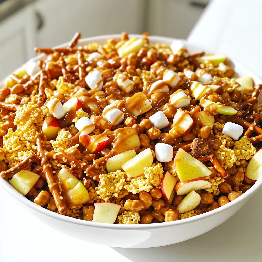 To make Caramel Apple Snack Mix, gather these simple ingredients: - 2 cups apple-flavored cereal - 1 cup puffed corn snacks - 1 cup pretzel sticks - 1 cup roasted or mixed nuts - 1 cup mini marshmallows - 1/2 cup caramel sauce - 1/4 teaspoon ground cinnamon - 1/4 cup chopped dried apples - 1/4 cup chocolate chips (optional) These ingredients work together to create a sweet and salty mix. The apple-flavored cereal provides a fruity crunch. Puffed corn snacks add a light texture. Pretzel sticks bring a nice saltiness. Nuts give a hearty bite, while mini marshmallows add softness. The caramel sauce is what ties everything together. Mixing in ground cinnamon enhances the flavor, giving it warmth. Dried apples add chewiness, and chocolate chips can make it even sweeter if you like. With these ingredients, you can create a tasty snack mix that everyone will love. It’s fun to make and even more fun to eat! - First, grab a large mixing bowl. - Add 2 cups of apple-flavored cereal. - Toss in 1 cup of puffed corn snacks. - Next, add 1 cup of pretzel sticks. - Now, include 1 cup of roasted peanuts or mixed nuts. - Mix in 1 cup of mini marshmallows. - Finally, stir in 1/4 cup of chopped dried apples. - Mix all these dry items well until they are combined. - In a small saucepan, pour in 1/2 cup of caramel sauce. - Set the heat to low and warm the sauce. - Stir in 1/4 teaspoon of ground cinnamon until it's mixed in. - Once warm, remove the saucepan from the heat. - Now, drizzle the warm caramel sauce over the dry mix. - Use a spatula to fold the ingredients together gently. - Make sure everything gets coated in caramel. - If you like, fold in 1/4 cup of chocolate chips for fun! - Spread the mix onto a baking sheet lined with parchment paper. - Let it cool for about 10-15 minutes on the sheet. - Once cooled, break apart any clumps gently. - Transfer the mix to an airtight container for storage. To get the best caramel coating, warm the caramel sauce slowly. This helps it stay smooth. Stir in the ground cinnamon well. This adds a nice touch of flavor. When you drizzle the caramel over the mix, do it slowly. This gives every piece a nice coating. When mixing and folding the snack mix, use a spatula. This tool helps you gently combine the ingredients. Be careful not to crush the pretzels or marshmallows. You want a mix that still has texture. If you want to add chocolate chips, fold them in last. This keeps the chips intact and adds fun flavor. For a great presentation, serve the mix in a colorful bowl. Drizzle some extra caramel sauce on top. This makes it look fancy and inviting. You can also add some whole dried apples on top for a pop of color. If you want to package the mix as gifts, use cellophane bags. Tie them with pretty ribbons to make them special. This makes your snack mix a great treat for friends or family. You can also add a little tag with the recipe. This way, others can make it too! {{image_2}} You can change some ingredients in this snack mix. Instead of apple-flavored cereal, try cinnamon toast or honey nut cereal. These swaps still taste great. For a nut-free mix, use seeds like pumpkin or sunflower seeds. If you need a gluten-free option, select gluten-free pretzels and snacks. Many stores offer these choices. Want to spice it up? Adding a pinch of nutmeg or ginger can give a warm taste. You can also try different chocolates. Dark chocolate adds a rich flavor, while white chocolate gives a sweet touch. For seasonal flavors, think pumpkin spice in the fall or peppermint in winter. These small changes can make your snack mix sing with flavor! To keep your Caramel Apple Snack Mix fresh, use an airtight container. A glass jar or a plastic container works well. Make sure it seals tightly to keep air out. Store it in a cool, dry place, away from sunlight. Your snack mix will stay fresh for up to one week. If you want to keep it longer, store it in the fridge for up to two weeks. If you find some of the snack mix has gone stale, don't throw it away. You can turn it into a tasty topping. Crush the mix and use it on ice cream or yogurt. You could also blend it into a smoothie for some added flavor. If you have leftovers, try mixing them into cookie dough for a fun twist. This way, you avoid waste while enjoying more delicious treats! What can I use instead of caramel sauce? You can use melted chocolate or peanut butter as a substitute. Both add sweetness and flavor. Honey or maple syrup can also work well. Can I make this recipe ahead of time? Yes, you can! Make the mix a day or two in advance. Just store it in an airtight container. How do I adjust the recipe for larger servings? To make more, simply double or triple the ingredient amounts. Keep the same ratios for the best taste. Is it possible to make a vegan version of this snack mix? Absolutely! Use dairy-free caramel sauce and vegan chocolate chips. All other ingredients are already vegan. Where can I buy pre-made caramel apple snack mixes? You can find them at grocery stores, specialty shops, or online. Look in the snack aisle or the seasonal section for fun mixes. We covered the tasty recipe for caramel apple snack mix today. You can easily make it with simple ingredients like cereal, nuts, and marshmallows. Follow the steps for mixing, cooling, and storing your tasty creation. Remember to try out our tips for perfecting the flavor and presentation. Feel free to customize with swaps or new toppings, too. This snack is great for sharing or gifting. Enjoy your cooking and get creative with the mix!