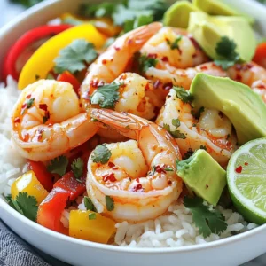 - 1 pound large shrimp, peeled and deveined - 2 tablespoons olive oil - 4 garlic cloves, minced - 1 teaspoon red chili flakes (adjust to taste) - 1 lime, juiced - 2 cups cooked jasmine rice Large shrimp are the star of this dish. They cook quickly and soak up flavors well. Use fresh shrimp if possible for the best taste. Olive oil adds richness and helps cook the shrimp evenly. Garlic gives a great aroma and flavor. Red chili flakes add heat, but you can adjust them based on your taste. Lime juice brightens the dish and balances the spice. Jasmine rice provides a fluffy base that pairs well with the shrimp. - 1 cup colorful bell peppers, thinly sliced (red, yellow, green) - &frac12; cup green onions, sliced - 1 avocado, sliced Bell peppers bring color and crunch. Use a mix of colors for a vibrant look. Green onions add a fresh bite and a pop of green. Avocado slices add creaminess and balance the spice. These add-ins not only enhance flavor but also make the bowl visually appealing. - Salt and pepper to taste - Fresh cilantro for garnish Salt and pepper enhance all the flavors in the bowl. Fresh cilantro brightens up the dish and adds an herbal note. A sprinkle of cilantro on top makes your meal look and taste even better. To start, I combine the shrimp with lime juice, minced garlic, red chili flakes, salt, and pepper. I use a medium bowl for this. I let the shrimp marinate for about 10 minutes. This allows the shrimp to soak up all those tasty flavors. Next, I heat olive oil in a large skillet over medium-high heat. Once the oil is hot, I add the marinated shrimp in a single layer. I cook them for 1-2 minutes on each side. The shrimp should turn pink and opaque when they are ready. In the same skillet, I add sliced bell peppers. I saut&eacute; them for about 3-4 minutes. I want them to be slightly tender but still bright in color. This step adds a pop of freshness to the dish. Now it&rsquo;s time to assemble the bowls. I start with a base of jasmine rice. On top, I layer the saut&eacute;ed bell peppers and a generous amount of the chili garlic shrimp. This makes a beautiful presentation with colors and textures. For the final touch, I add avocado slices on top. I sprinkle sliced green onions and fresh cilantro for extra flavor. I also serve lime wedges on the side. This adds a fresh squeeze of lime right before eating. Adding a sprinkle of extra chili flakes gives it a nice pop of color and spice! To get the best shrimp, cook them fast. Overcooking makes shrimp tough. Cook them for just 1-2 minutes per side. They should turn pink and opaque. Spice levels can change the dish. If you like heat, add more chili flakes. If not, use less. This way, you make the dish fit your taste. You can add more flavors for a tasty boost. Try adding ginger for warmth. Fresh herbs like basil or mint can brighten your dish. A splash of soy sauce can give it depth. For tang, consider adding a splash of rice vinegar. Each of these tweaks can take your shrimp bowls to the next level. Meal prep makes cooking easy on busy days. You can marinate the shrimp a day ahead. Store them in the fridge to soak up the flavors. Cook your jasmine rice in bulk, too. This way, you can heat it up quickly. Having everything ready helps you whip up a delicious meal in no time. {{image_2}} You can swap shrimp for chicken, tofu, or fish. Each option brings its own flavor. Chicken works great with the same marinade. You can use firm tofu for a plant-based choice. Just press it to remove extra water, then cut it into cubes. Firm fish, like salmon or tilapia, can also shine in this dish. Cook it just like the shrimp until it flakes easily. If you want a change, try brown rice or quinoa instead of jasmine rice. Brown rice adds a nutty taste and more fiber. It takes longer to cook, so plan ahead. Quinoa is another great choice. It cooks fast and has a nice texture. Both options work well with the chili garlic flavor. You can switch out bell peppers for other veggies. Try zucchini, snap peas, or broccoli for a twist. Each veggie adds its own crunch and taste. You can also mix in some spinach or kale for a healthy boost. Just saut&eacute; them with the other veggies until they are tender. Enjoy experimenting with what you like! To keep your chili garlic shrimp bowls fresh, store leftovers in airtight containers. Chill the shrimp, rice, and veggies within two hours of cooking. This helps prevent bacteria growth. Place rice on the bottom to keep it moist. You can store them in the fridge for up to three days. When reheating, I suggest using a skillet. Heat it over medium heat and add a splash of water to keep things moist. Add shrimp and veggies to the skillet. Stir until heated through, about 4-5 minutes. You can also reheat in the microwave, but cover the bowl with a damp paper towel. This keeps moisture in and helps maintain the texture. If you want to freeze your chili garlic shrimp bowls, do it right. Freeze cooked shrimp and veggies separately from the rice. Use freezer-safe bags or containers. Shrimp can last up to three months in the freezer. When ready to eat, thaw overnight in the fridge. Reheat on the stove as mentioned earlier. This will help keep the shrimp tender and the veggies crisp. Cook shrimp for 1-2 minutes on each side. The shrimp should turn pink and opaque. This quick cooking keeps shrimp tender and juicy. Overcooking makes shrimp tough. Watch the color change; that&rsquo;s your cue to flip. Yes, you can use frozen shrimp. Just be sure to thaw them first. Place frozen shrimp in cold water for about 10-15 minutes. After thawing, pat them dry. This step helps the shrimp absorb flavors better. Fresh shrimp have a slightly better texture, but frozen works well too. Serve your chili garlic shrimp bowls with several tasty sides. Here are some ideas: - Steamed broccoli for a healthy crunch. - Crispy salad to add freshness. - Garlic bread for extra flavor. - Cilantro lime rice for a zestier option. These sides complement the shrimp and make a complete meal. This blog post covered a simple and tasty way to make chili garlic shrimp bowls. We explored the main ingredients, colorful add-ins, and how to season and garnish your dish. I shared step-by-step instructions to marinate, cook, and assemble your meal. You learned tips for perfecting the shrimp and variations for different diets. Remember, meal prep can save you time, and leftovers can be stored easily. Enjoy making this dish your own and share it with family and friends. Happy cooking!
