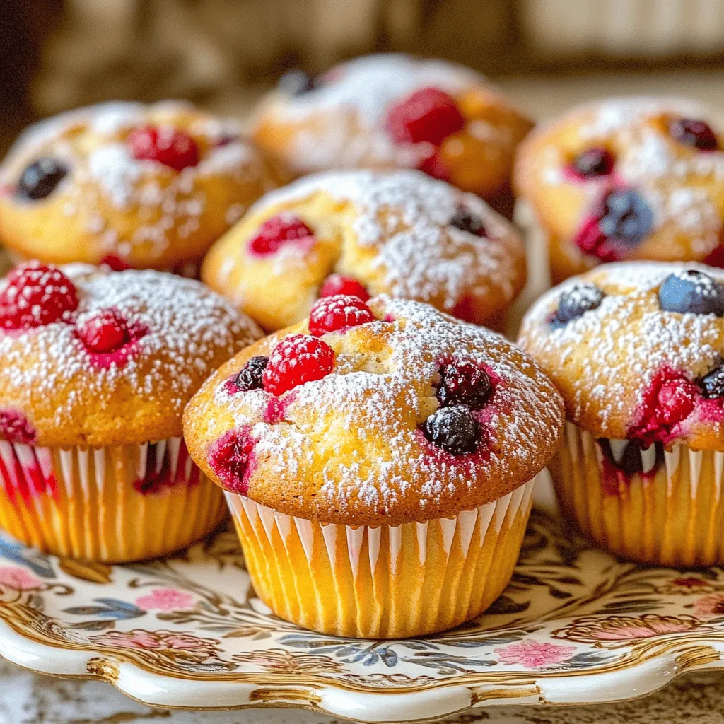 To make tasty triple berry muffins, you need some key ingredients. Here’s what you’ll need: - 1 cup all-purpose flour - 1 cup whole wheat flour - 1 tablespoon baking powder - ½ teaspoon baking soda - ½ teaspoon salt - ½ cup sugar (adjust for sweetness) - 1 teaspoon vanilla extract - 2 large eggs - ½ cup milk (or a non-dairy alternative) - ⅓ cup unsalted butter, melted (or coconut oil) - ½ cup fresh blueberries - ½ cup fresh raspberries - ½ cup chopped strawberries - Zest of 1 lemon - 2 tablespoons lemon juice These ingredients mix together to create a soft and fluffy muffin. The berries give it a bright flavor. The lemon zest adds a nice zing that balances the sweetness. You can change up your muffins with some optional ingredients. Here are a few ideas: - Chopped nuts for a crunchy texture - A sprinkle of cinnamon for warmth - A touch of honey instead of sugar for natural sweetness - Chocolate chips for a fun twist These additions can make each batch unique. Feel free to experiment based on your taste! Sometimes, you may not have all the ingredients. Here are some swaps you can make: - Use almond flour for a gluten-free option - Replace eggs with applesauce for a vegan version - Swap sugar with maple syrup for a different sweet flavor - Use yogurt instead of milk for extra moisture These substitutions keep your muffins delicious while fitting your diet. Remember, baking is all about creativity! Start by preheating your oven to 375°F (190°C). This step is key for great muffins. While the oven heats, line a muffin tin with paper liners. You can also grease the tin lightly with cooking spray. This helps the muffins release easily after baking. In a large bowl, combine the following dry ingredients: - 1 cup all-purpose flour - 1 cup whole wheat flour - 1 tablespoon baking powder - ½ teaspoon baking soda - ½ teaspoon salt - ½ cup sugar Mix these ingredients well, and then set the bowl aside. This blend creates a fluffy base for our muffins. In another bowl, whisk together these wet ingredients: - 2 large eggs - ½ cup milk (or a non-dairy alternative) - ⅓ cup unsalted butter, melted (or coconut oil) - 1 teaspoon vanilla extract - Zest of 1 lemon - 2 tablespoons lemon juice Mix until smooth. The eggs and milk add moisture, while the butter gives richness. Now, pour the wet mixture into the dry mix. Gently stir until just combined. The batter may be lumpy, and that's okay. Carefully fold in the fresh berries: - ½ cup fresh blueberries - ½ cup fresh raspberries - ½ cup chopped strawberries Be gentle to keep the berries whole. Spoon the batter into the muffin tin, filling each cavity about 2/3 full. This allows space for rising. Place the muffin tin in the preheated oven. Bake for 18-20 minutes. To check if they’re done, insert a toothpick into the center of a muffin. If it comes out clean, they’re ready! After baking, let the muffins cool in the tin for 5 minutes. This helps them set. Then, transfer them to a wire rack to cool completely. Enjoy them warm or at room temperature! To make your muffins light and fluffy, handle the batter gently. Mix until just combined. Overmixing can make them dense. You can also try using room-temperature ingredients. This helps them blend better. Fresh baking powder is key, too. Always check the date before using it. Store your muffins in an airtight container. This keeps them soft and moist. You can keep them at room temperature for a few days. For longer storage, freeze them. Wrap each muffin in plastic wrap, then place them in a freezer bag. They’ll stay fresh for about three months. Serve your muffins warm for the best taste. A light dusting of powdered sugar looks nice. Pair them with a cup of coffee or tea. You can also serve them with yogurt for a tasty breakfast. A small bowl of mixed berries adds color and flavor. {{image_2}} You can mix and match your berries to create unique flavors. Try blackberries or cranberries for a twist. Each berry offers a different taste and texture. Blueberries are sweet, while raspberries add a tart kick. Strawberries bring a juicy burst. Choose based on what you enjoy most. You can even use frozen berries if fresh ones aren't available. Just be sure to adjust the baking time slightly. Adjust the sugar based on your taste. You can use less sugar for a less sweet muffin. If you like it sweeter, add a bit more. You can also swap sugar for honey or maple syrup. Just remember to reduce the liquid in the recipe slightly. This change can enhance the berry flavors. Taste the batter to find your perfect balance. For a gluten-free version, switch all-purpose flour with a gluten-free blend. Many blends work well, but check for xanthan gum. This helps bind the muffins. You can also use almond flour or coconut flour. Keep in mind that these flours may change the texture. Adjust the liquid as needed, since gluten-free flours absorb more moisture. Enjoy your muffins without gluten! To keep your triple berry muffins fresh, store them in an airtight container. Place a paper towel at the bottom to absorb moisture. This helps prevent sogginess. You can keep them on the counter for up to three days. If you want to save them longer, move to the fridge. They will last about a week when chilled. Freezing muffins is a great way to save them for later. First, let the muffins cool completely. Then, wrap each muffin in plastic wrap. After that, place them in a freezer bag. Remove as much air as you can before sealing. Properly stored, these muffins can last up to three months in the freezer. When you want one, just thaw it at room temperature. To enjoy your muffins warm, preheat your oven to 350°F (175°C). Place the muffins on a baking sheet. Heat them for about 10 minutes. You can also use a microwave. Just warm them for 15-20 seconds. Enjoy your muffins fresh and fluffy again! These muffins can stay fresh for about three days at room temperature. To keep them longer, store them in an airtight container. If you freeze them, they last up to three months. Yes, you can use frozen berries. Just remember to thaw and drain them first. This way, the extra water won’t make your batter too wet. You can switch the all-purpose flour with gluten-free flour. If you want a fluffier muffin, stick to the original mix of all-purpose and whole wheat flour. To help your muffins rise well, ensure your baking powder is fresh. Whisk the wet and dry ingredients separately, then mix them gently. Overmixing can make muffins dense. Yes, you can! Replace the eggs with flax eggs or applesauce. Use almond milk instead of regular milk and coconut oil instead of butter. You can add spices like cinnamon or nutmeg. Adding lemon zest gives a fresh taste. Chopped nuts or a sprinkle of chocolate chips also works well. In this post, I covered key ingredients and steps for making triple berry muffins. You can customize with optional ingredients or substitutions. I shared tips for fluffiness and freshness. Plus, I explored variations and storage methods to keep your muffins tasty. Remember, baking is fun, so feel free to experiment. Enjoy making your muffins exciting and delicious!