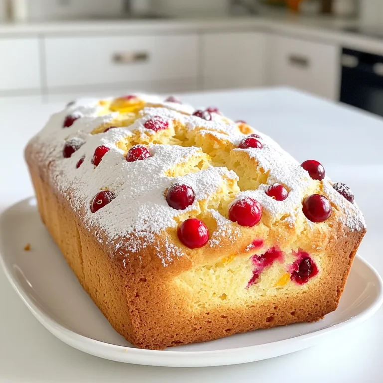 To make the best cranberry orange loaf, gather these key ingredients: - 2 cups all-purpose flour - 1 teaspoon baking powder - 1/2 teaspoon baking soda - 1/4 teaspoon salt - 1/2 cup unsalted butter, softened - 1 cup granulated sugar - 2 large eggs - Zest of 1 large orange - 1/2 cup fresh orange juice - 1 cup fresh or frozen cranberries, chopped - 1/2 teaspoon vanilla extract These ingredients work together to create a soft and moist loaf. The flour gives structure, while the butter adds richness. Eggs help bind everything, making it fluffy. Orange zest and juice provide bright flavor, and cranberries add a lovely tartness. You can take your loaf to the next level with these optional ingredients: - 1/4 cup slivered almonds - Powdered sugar for dusting Adding slivered almonds gives a nice crunch and nutty flavor. Dusting with powdered sugar at the end makes the loaf look fancy and inviting. These options can make your loaf unique and personal to your taste. First, gather all your ingredients. You will need: - 2 cups all-purpose flour - 1 teaspoon baking powder - 1/2 teaspoon baking soda - 1/4 teaspoon salt - 1/2 cup unsalted butter, softened - 1 cup granulated sugar - 2 large eggs - Zest of 1 large orange - 1/2 cup fresh orange juice - 1 cup fresh or frozen cranberries, chopped - 1/2 teaspoon vanilla extract - 1/4 cup slivered almonds (optional) - Powdered sugar for dusting (optional) Next, preheat your oven to 350°F (175°C). Grease and flour a 9x5 inch loaf pan. This step helps prevent sticking. In a medium bowl, whisk together the flour, baking powder, baking soda, and salt. This mix adds lift to your loaf. Set this bowl aside. In a large mixing bowl, cream the softened butter and sugar until light and fluffy. This should take about 3-4 minutes. It’s key for a tender loaf. Then, add the eggs one at a time, mixing well after each addition. Mix in the orange zest and vanilla extract. These ingredients add bright flavors. Gradually add the dry mixture to the wet mixture. Alternate with the orange juice, starting and ending with the flour mix. Be careful not to overmix. Now, gently fold in the chopped cranberries and slivered almonds, if you choose to use them. This adds texture and taste. Pour the batter into your prepared loaf pan. Smooth the top with a spatula. Bake in the preheated oven for 55-65 minutes. A toothpick inserted in the center should come out clean when it's ready. Once it’s done, let it cool in the pan for 10 minutes. Then, transfer the loaf to a wire rack to cool completely. If you want to add a touch of elegance, dust with powdered sugar once cooled. Enjoy the lovely aroma filling your kitchen! To get a soft and moist loaf, cream the butter and sugar well. This step adds air, making your loaf light. Mix the dry and wet ingredients gently. Overmixing can lead to a dense texture. Use fresh cranberries for the best taste. If you use frozen ones, don’t defrost them first. This keeps the loaf moist. Add more zest for a brighter orange flavor. You can also mix in some chopped nuts. Walnuts work great if you want a crunch. A pinch of cinnamon or nutmeg adds warmth. For a twist, try adding a splash of almond extract. This enhances the flavor without overpowering it. Always preheat your oven. This ensures even baking. Use a toothpick to check for doneness. Insert it in the center; it should come out clean. If the top browns too fast, cover it with foil. Let the loaf cool in the pan for 10 minutes before moving it. This helps keep its shape. {{image_2}} You can switch up the ingredients for more fun. Try whole wheat flour instead of all-purpose flour. This change adds a nutty taste and more fiber. For the sweetener, use honey or maple syrup. These options give a different flavor and sweetness. If you don’t have fresh cranberries, use dried ones. Just chop them to the size of fresh cranberries. You can also replace slivered almonds with walnuts or pecans for a crunch. Seasonal ingredients can make this loaf shine. In winter, add some chopped apples or pears for a cozy feel. In spring, mix in some fresh strawberries for a fruity twist. During summer, use blueberries or raspberries for a vibrant color and taste. In fall, add pumpkin puree and spices like cinnamon and nutmeg. This gives the loaf a warm and festive flavor. To make this loaf even more special, try unique flavors. Add a splash of almond extract for a sweet, nutty note. You can mix in some chocolate chips for a sweet surprise. Fresh herbs like rosemary or thyme can bring a nice savory touch. For a tangy kick, add a bit of lemon zest along with the orange. These flavors can change your cranberry orange loaf into something new and exciting! To keep your cranberry orange loaf fresh, wrap it tightly in plastic wrap. This helps keep moisture in. You can also place it in an airtight container. Store it at room temperature for up to three days. If you want it to last longer, consider freezing it. Freezing is an easy way to save your loaf. First, let the loaf cool completely. Then, wrap it in plastic wrap. For extra protection, add a layer of aluminum foil over the plastic. You can freeze the loaf for up to three months. When you're ready to eat it, just thaw it overnight in the fridge. The shelf life of your cranberry orange loaf is about three days at room temperature. If you store it in the fridge, it can last up to a week. The best practice is to keep it in an airtight container to avoid drying out. If you notice any mold or off smells, it’s best to discard it. Always check for freshness before enjoying your delicious loaf! Yes, you can use frozen cranberries in this recipe. Just chop them while they are still frozen. This keeps them from getting mushy. When mixing, they may add a little more moisture. This will not ruin your loaf. Just be aware it may take a bit longer to bake. Yes, you can substitute butter with oil. Use a light oil like canola or vegetable oil. One-half cup of butter equals about one-third cup of oil. The loaf may be slightly denser but still tasty. The flavor will change a bit, but it will still be great. To check if the loaf is done, use a toothpick. Insert it in the center of the loaf. If it comes out clean, your loaf is ready. If it has wet batter, bake it a little longer. Usually, it takes about 55 to 65 minutes. Keep an eye on it as it gets close to that time. You learned about making a delicious cranberry orange loaf. We covered essential and optional ingredients. I shared steps for prepping, mixing, and baking with clear tips for texture and flavor. You can explore fun variations and learn how to store your loaf. Remember, using frozen cranberries works fine, and oil can replace butter too. Following these guidelines will help you bake a tasty treat every time. Enjoy your baking journey!
