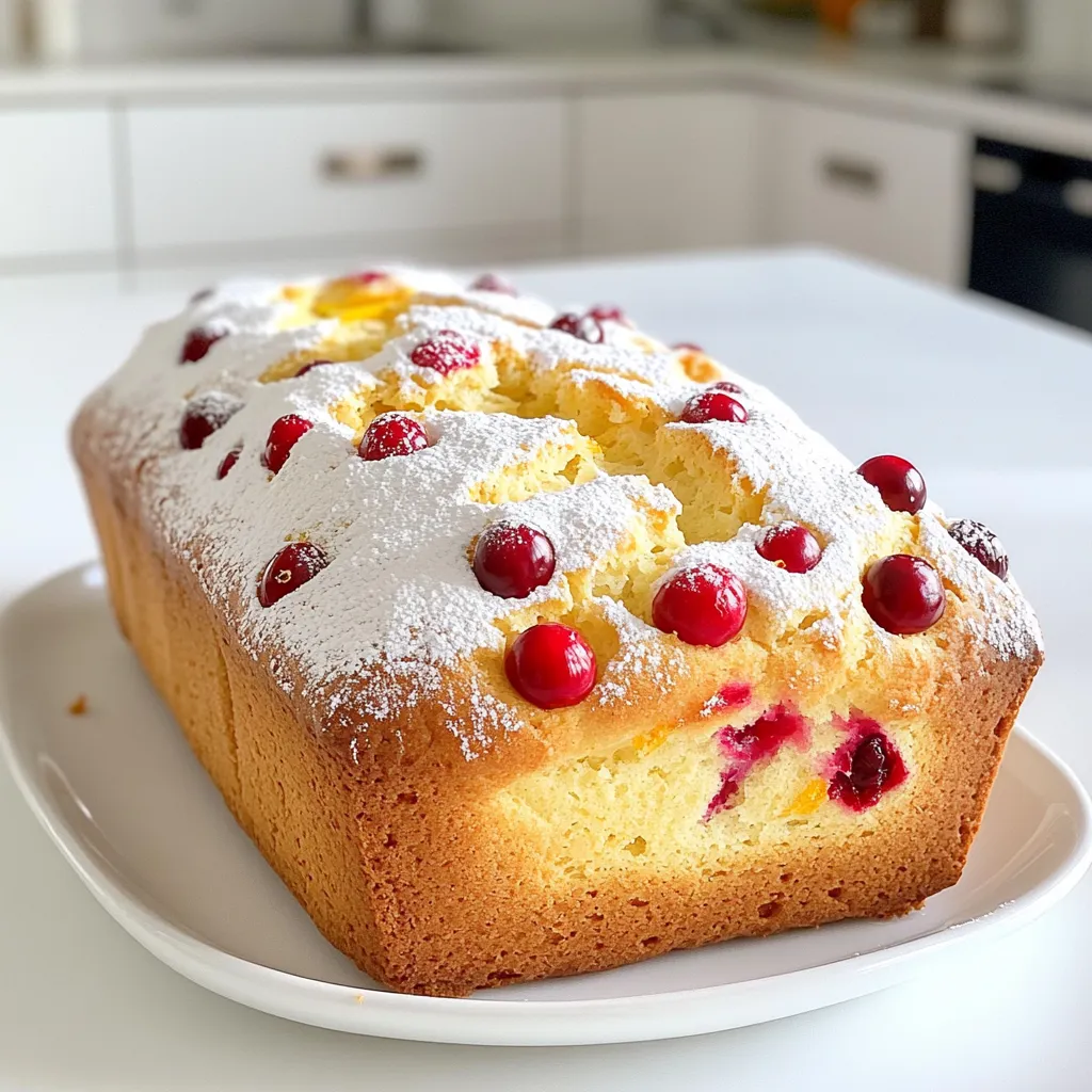 To make the best cranberry orange loaf, gather these key ingredients: - 2 cups all-purpose flour - 1 teaspoon baking powder - 1/2 teaspoon baking soda - 1/4 teaspoon salt - 1/2 cup unsalted butter, softened - 1 cup granulated sugar - 2 large eggs - Zest of 1 large orange - 1/2 cup fresh orange juice - 1 cup fresh or frozen cranberries, chopped - 1/2 teaspoon vanilla extract These ingredients work together to create a soft and moist loaf. The flour gives structure, while the butter adds richness. Eggs help bind everything, making it fluffy. Orange zest and juice provide bright flavor, and cranberries add a lovely tartness. You can take your loaf to the next level with these optional ingredients: - 1/4 cup slivered almonds - Powdered sugar for dusting Adding slivered almonds gives a nice crunch and nutty flavor. Dusting with powdered sugar at the end makes the loaf look fancy and inviting. These options can make your loaf unique and personal to your taste. First, gather all your ingredients. You will need: - 2 cups all-purpose flour - 1 teaspoon baking powder - 1/2 teaspoon baking soda - 1/4 teaspoon salt - 1/2 cup unsalted butter, softened - 1 cup granulated sugar - 2 large eggs - Zest of 1 large orange - 1/2 cup fresh orange juice - 1 cup fresh or frozen cranberries, chopped - 1/2 teaspoon vanilla extract - 1/4 cup slivered almonds (optional) - Powdered sugar for dusting (optional) Next, preheat your oven to 350°F (175°C). Grease and flour a 9x5 inch loaf pan. This step helps prevent sticking. In a medium bowl, whisk together the flour, baking powder, baking soda, and salt. This mix adds lift to your loaf. Set this bowl aside. In a large mixing bowl, cream the softened butter and sugar until light and fluffy. This should take about 3-4 minutes. It’s key for a tender loaf. Then, add the eggs one at a time, mixing well after each addition. Mix in the orange zest and vanilla extract. These ingredients add bright flavors. Gradually add the dry mixture to the wet mixture. Alternate with the orange juice, starting and ending with the flour mix. Be careful not to overmix. Now, gently fold in the chopped cranberries and slivered almonds, if you choose to use them. This adds texture and taste. Pour the batter into your prepared loaf pan. Smooth the top with a spatula. Bake in the preheated oven for 55-65 minutes. A toothpick inserted in the center should come out clean when it's ready. Once it’s done, let it cool in the pan for 10 minutes. Then, transfer the loaf to a wire rack to cool completely. If you want to add a touch of elegance, dust with powdered sugar once cooled. Enjoy the lovely aroma filling your kitchen! To get a soft and moist loaf, cream the butter and sugar well. This step adds air, making your loaf light. Mix the dry and wet ingredients gently. Overmixing can lead to a dense texture. Use fresh cranberries for the best taste. If you use frozen ones, don’t defrost them first. This keeps the loaf moist. Add more zest for a brighter orange flavor. You can also mix in some chopped nuts. Walnuts work great if you want a crunch. A pinch of cinnamon or nutmeg adds warmth. For a twist, try adding a splash of almond extract. This enhances the flavor without overpowering it. Always preheat your oven. This ensures even baking. Use a toothpick to check for doneness. Insert it in the center; it should come out clean. If the top browns too fast, cover it with foil. Let the loaf cool in the pan for 10 minutes before moving it. This helps keep its shape. {{image_2}} You can switch up the ingredients for more fun. Try whole wheat flour instead of all-purpose flour. This change adds a nutty taste and more fiber. For the sweetener, use honey or maple syrup. These options give a different flavor and sweetness. If you don’t have fresh cranberries, use dried ones. Just chop them to the size of fresh cranberries. You can also replace slivered almonds with walnuts or pecans for a crunch. Seasonal ingredients can make this loaf shine. In winter, add some chopped apples or pears for a cozy feel. In spring, mix in some fresh strawberries for a fruity twist. During summer, use blueberries or raspberries for a vibrant color and taste. In fall, add pumpkin puree and spices like cinnamon and nutmeg. This gives the loaf a warm and festive flavor. To make this loaf even more special, try unique flavors. Add a splash of almond extract for a sweet, nutty note. You can mix in some chocolate chips for a sweet surprise. Fresh herbs like rosemary or thyme can bring a nice savory touch. For a tangy kick, add a bit of lemon zest along with the orange. These flavors can change your cranberry orange loaf into something new and exciting! To keep your cranberry orange loaf fresh, wrap it tightly in plastic wrap. This helps keep moisture in. You can also place it in an airtight container. Store it at room temperature for up to three days. If you want it to last longer, consider freezing it. Freezing is an easy way to save your loaf. First, let the loaf cool completely. Then, wrap it in plastic wrap. For extra protection, add a layer of aluminum foil over the plastic. You can freeze the loaf for up to three months. When you're ready to eat it, just thaw it overnight in the fridge. The shelf life of your cranberry orange loaf is about three days at room temperature. If you store it in the fridge, it can last up to a week. The best practice is to keep it in an airtight container to avoid drying out. If you notice any mold or off smells, it’s best to discard it. Always check for freshness before enjoying your delicious loaf! Yes, you can use frozen cranberries in this recipe. Just chop them while they are still frozen. This keeps them from getting mushy. When mixing, they may add a little more moisture. This will not ruin your loaf. Just be aware it may take a bit longer to bake. Yes, you can substitute butter with oil. Use a light oil like canola or vegetable oil. One-half cup of butter equals about one-third cup of oil. The loaf may be slightly denser but still tasty. The flavor will change a bit, but it will still be great. To check if the loaf is done, use a toothpick. Insert it in the center of the loaf. If it comes out clean, your loaf is ready. If it has wet batter, bake it a little longer. Usually, it takes about 55 to 65 minutes. Keep an eye on it as it gets close to that time. You learned about making a delicious cranberry orange loaf. We covered essential and optional ingredients. I shared steps for prepping, mixing, and baking with clear tips for texture and flavor. You can explore fun variations and learn how to store your loaf. Remember, using frozen cranberries works fine, and oil can replace butter too. Following these guidelines will help you bake a tasty treat every time. Enjoy your baking journey!