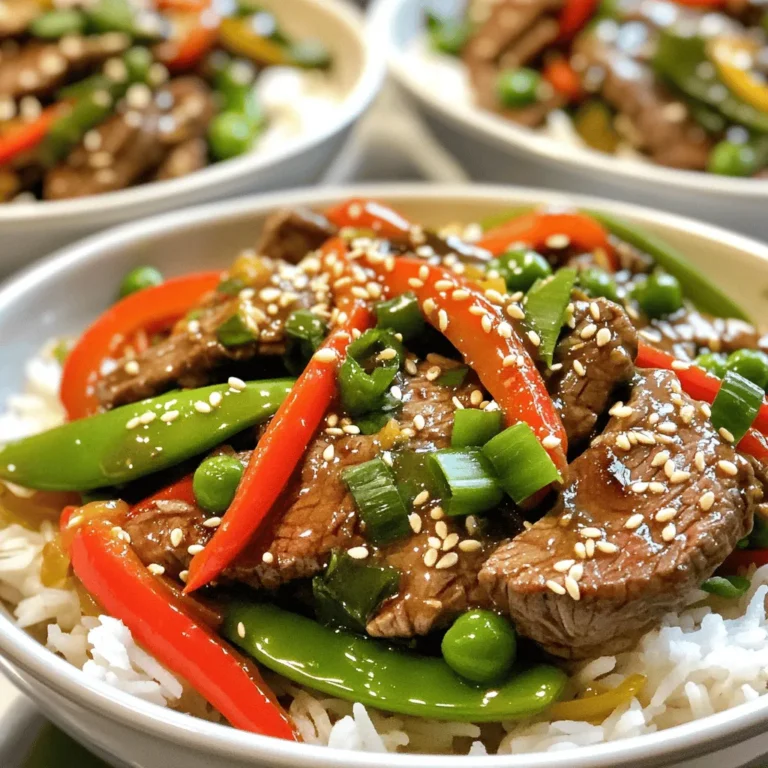 For the Minute Garlic Ginger Beef Stir-Fry, you need quality beef and fresh veggies. - 1 lb (450g) beef sirloin, thinly sliced against the grain - 1 red bell pepper, sliced - 1 cup snap peas, trimmed - 3 green onions, chopped Beef sirloin is the star here. It has a great flavor and cooks quickly. Slice it thinly against the grain to keep it tender. The red bell pepper adds a sweet crunch, while snap peas give a fresh taste. The green onions add a nice bite at the end. The right sauces and seasonings bring this dish to life. - 3 tablespoons soy sauce - 1 tablespoon oyster sauce (optional) - 1 teaspoon sesame oil - 4 cloves garlic, minced - 2 tablespoons fresh ginger, grated Soy sauce gives a savory flavor. The oyster sauce adds richness, but you can skip it if you prefer. Sesame oil brings a nutty taste. Fresh garlic and ginger add warmth and spice. They work together to create a fragrant base. You can thicken the sauce and make serving easier. - 1 tablespoon cornstarch (mixed with 2 tablespoons water for slurry) - Cooked jasmine rice, for serving Using a cornstarch slurry makes the sauce thicker and stickier. Serve the stir-fry over jasmine rice for a complete meal. The rice soaks up the tasty sauce and balances the flavors. To start, you want to slice the beef sirloin thin. Make sure to cut against the grain. This method helps keep the meat tender. After slicing, pat the beef dry with paper towels. This step is key for great browning. Lightly season the beef with salt and pepper. Not too much, just enough to bring out the flavor. Next, heat the vegetable oil in a large skillet or wok. Use high heat until the oil shimmers. This step is important for a good sear. Carefully add the beef in one layer. Don't stir it right away; let it sear for about two minutes. This helps develop a nice brown color. After that, toss the beef and cook for another minute. It should be just cooked through. Remove the beef from the skillet and set it aside. In the same skillet, add the minced garlic and grated ginger. Stir-fry them for about 30 seconds until they smell great. Be careful not to burn them! Then, add the sliced red bell pepper and snap peas. Stir-fry for about three to four minutes. You want the veggies to soften but still be crisp. Now, return the cooked beef to the skillet. Pour in the soy sauce, oyster sauce if you're using it, and sesame oil. Stir everything well to combine. Heat through for another minute. To thicken the sauce, stir in the cornstarch slurry quickly. Keep stirring until everything is coated and glossy. This should take about one to two minutes. Finally, toss in the chopped green onions and check the seasoning. Adjust with salt or pepper if needed. - Alternatives for beef: You can use chicken breast or shrimp instead of beef. If you prefer a plant-based option, try tofu. Cut it into small cubes for even cooking. - Veggie swaps: If you want to change the veggies, use broccoli, carrots, or bok choy. These add color and crunch to your dish. - High heat importance: Always use high heat when cooking. This helps to sear the meat and veggies quickly. High heat locks in flavors and keeps the food tender. - Searing vs. stir-frying: Searing gives meat a nice crust. Start by placing the beef in a hot skillet. Stir-frying is quick and mixes flavors well. Add garlic and ginger after searing for extra taste. - Serving suggestions with jasmine rice: Serve the stir-fry over fluffy jasmine rice. The rice soaks up the sauce well, making each bite tasty. - Garnishing options: Top your dish with chopped green onions and sesame seeds. This adds color and a nice crunch to your meal. {{image_2}} You can switch things up with different proteins. Chicken works great in this stir-fry. Just cut it into thin strips like the beef. Tofu is a fantastic option for a vegetarian take. Use firm tofu, and pan-fry it until golden. Shrimp is another tasty choice. Cook them for just a few minutes until they turn pink and opaque. Feel free to add more veggies to your stir-fry. Broccoli adds a nice crunch and color. Carrots, sliced thin, bring sweetness. Bell peppers of any color work well too. You can also use mushrooms for a savory touch. Just keep the cooking time in mind. You want the veggies to stay crisp and bright. Want to spice things up? Add some red pepper flakes for heat. You can also mix in Sriracha or chili paste if you love spice. For a different flavor, try using hoisin sauce instead of oyster sauce. A splash of rice vinegar adds a tangy kick. Experiment with these options to find your favorite flavor balance! To keep your Minute Garlic Ginger Beef Stir-Fry fresh, use airtight containers. Glass containers work best. They help keep the food safe and let you see what is inside. - Best storage methods: Cool the stir-fry to room temperature before storing. This helps avoid condensation inside the container. - Container recommendations: Choose containers that fit the amount of food. If you have a lot of leftovers, use larger containers. If you only have a little, smaller ones will do. When reheating stir-fry, aim for even heat. This keeps the beef and veggies from becoming mushy. - Best practices for reheating stir-fry: You can use a skillet or microwave. If using a skillet, heat it over medium heat. Add a splash of water to steam the food and keep it moist. Stir frequently for best results. In the microwave, cover the bowl with a damp paper towel. Heat in short bursts, stirring in between. Yes, you can freeze this dish! Freezing is a great way to save leftovers for later. - Can it be frozen? How to freeze properly: Let the stir-fry cool completely. Pack it in freezer-safe bags or containers. Squeeze out as much air as possible before sealing. Label the bags with the date. For best taste, use it within three months. This dish is quick to make. It takes about 10 minutes to prep and 15 minutes to cook. In just 25 minutes, you can enjoy a tasty meal. Yes, you can prep the beef and chop the veggies ahead of time. Store them in the fridge. When you are ready to cook, simply heat the oil and toss everything in the pan. This makes meal prep easy and saves time on busy days. This stir-fry works well with several sides. Here are some ideas: - Cooked jasmine rice - Steamed broccoli - Fried rice - A fresh green salad These sides add balance and flavor to your meal. This blog covered the basics of making a tasty beef stir-fry. We explored key ingredients like beef sirloin, fresh vegetables, and flavorful sauces. I shared step-by-step instructions, cooking techniques, and tips for the best results. Remember, you can make this dish your own by changing proteins or veggies. Storing and reheating leftovers can keep your meal fresh and delicious. Overall, this stir-fry is quick and easy, making it a great option for busy nights. Try it out and enjoy your culinary creation!