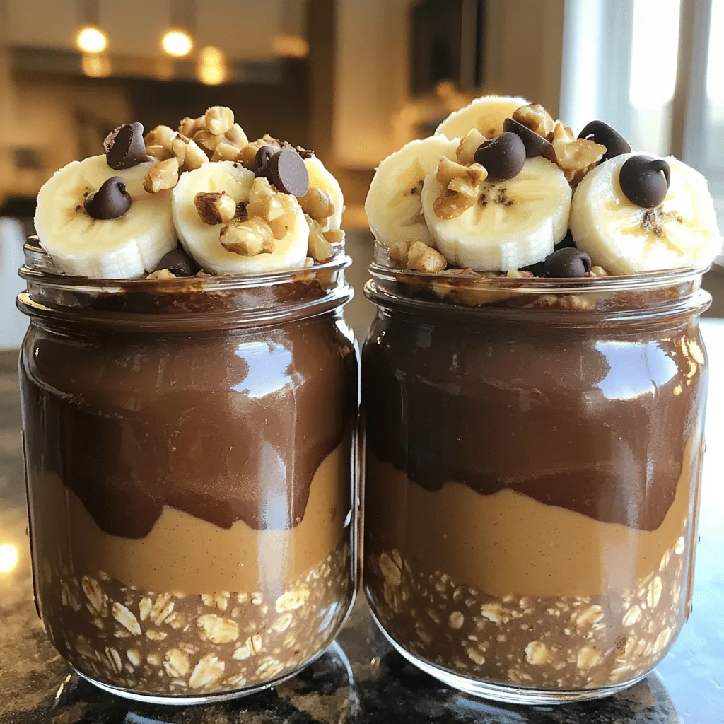 To make Peanut Butter Brownie Overnight Oats, you need simple and tasty ingredients. Here’s the list: - 1 cup rolled oats - 2 cups almond milk (or any milk of your choice) - 2 tablespoons unsweetened cocoa powder - 3 tablespoons peanut butter - 2 tablespoons maple syrup or honey - 1 banana, mashed - 1/4 teaspoon vanilla extract - A pinch of sea salt - Optional toppings: chopped walnuts, banana slices, or chocolate chips Each ingredient plays a key role in creating rich flavors. The rolled oats give the base a hearty texture. Almond milk makes it creamy, while cocoa powder adds that chocolatey taste we love. Peanut butter gives it a nutty flavor and richness. Maple syrup or honey adds sweetness, and the banana provides natural sugars and creaminess. You can also customize your dish with toppings like walnuts, banana slices, or chocolate chips. These add extra crunch and flavor. Each bite will be delicious and satisfying. - In a mixing bowl, combine: - 1 cup rolled oats - 2 tablespoons unsweetened cocoa powder - A pinch of sea salt Stir well to mix the dry ingredients. - In another bowl, mix: - 2 cups almond milk (or any milk you like) - 3 tablespoons peanut butter - 2 tablespoons maple syrup or honey - 1 banana, mashed - 1/4 teaspoon vanilla extract Whisk until it is smooth and creamy. - Pour the wet mixture into the bowl with dry ingredients. Mix until all oats are coated and well combined. - Divide the mixture evenly into two mason jars or airtight containers. - Seal the jars or containers. Refrigerate overnight. This lets the oats soften and soak up the flavor. - In the morning, give the oats a good stir. If you want a thinner mix, add a splash of milk. - Before serving, top your oats with: - Chopped walnuts - Banana slices - Chocolate chips Enjoy your delicious Peanut Butter Brownie Overnight Oats! To change how thick your overnight oats are, just add more milk. If you want them creamier, pour in a splash of almond milk. Stir well to mix. This makes them easier to eat. You can adjust until you find your perfect texture. If you don’t have peanut butter, try almond butter or cashew butter. Both options taste great in this recipe. They give your oats a different flavor but still keep them creamy. Plus, they add healthy fats and protein. You can change how sweet your oats are by adding more or less maple syrup or honey. If you like it sweeter, add more syrup. If you prefer it less sweet, use less. Tasting as you go helps you find what you enjoy most. {{image_2}} You can easily make this recipe healthier. To cut sugar, use unsweetened almond milk. Swap maple syrup for mashed dates. You can also try half the peanut butter. This gives you flavor with less fat. Want to spice it up? Add cinnamon or nutmeg to the oats. Just a pinch can boost the taste. You can also mix in vanilla for a sweet kick. If you want richer flavor, try adding a spoon of cocoa nibs. If you need gluten-free oats, look for certified gluten-free brands. They work just like regular oats. For vegan options, use plant-based milk and maple syrup. You can substitute peanut butter with almond or sunflower seed butter. These swaps keep the dish tasty for everyone. Store your Peanut Butter Brownie Overnight Oats in the fridge. Use airtight containers or mason jars. This keeps the oats fresh and tasty. These oats last about five days in the fridge. For the best taste and texture, eat them within three days. You can freeze these oats for up to three months. Just make sure to use freezer-safe containers. Thaw them in the fridge overnight before eating. Yes, you can make Peanut Butter Brownie Overnight Oats ahead of time. This recipe is perfect for meal prep. Make it the night before, or even a few days in advance. Just store it in the fridge in sealed jars. The oats soak up the flavors and get tasty! Leftovers of Peanut Butter Brownie Overnight Oats last about 3 to 5 days in the fridge. Just keep them in airtight containers. If you notice any change in smell or texture, it’s best to throw them away. Fresh is always best! You can use instant oats, but the texture will change. Instant oats cook faster and make a creamier mix. If you like that, go for it! Just reduce the soaking time since they absorb liquid quickly. You want them soft but not mushy. This blog post outlined a simple and tasty recipe for Peanut Butter Brownie Overnight Oats. You learned about key ingredients, preparation steps, and how to assemble your oats. I also shared tips for adjusting sweetness and consistency. Remember, you can customize this recipe to fit your tastes and needs. Now, grab your jars and start creating! Enjoy a healthy breakfast that you can prepare just once and savor all week.