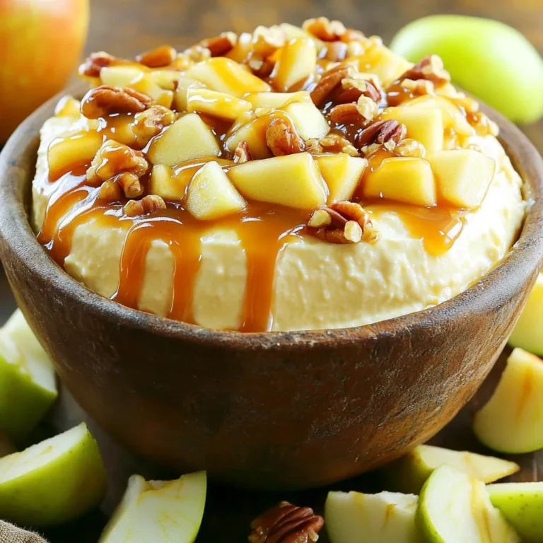 - 8 oz cream cheese, softened - 1/2 cup powdered sugar - 1/4 cup brown sugar - 1 tsp vanilla extract - 1 cup whipped cream (store-bought or homemade) - 1 large apple (Granny Smith or Honeycrisp), chopped - 1/2 cup caramel sauce (store-bought or homemade) - 1/4 cup chopped pecans (optional) To create the best Caramel Apple Cheesecake Dip, gathering the ingredients is key. Start with 8 ounces of softened cream cheese. This helps to mix easily and gives the dip a smooth texture. Next, you'll need 1/2 cup of powdered sugar and 1/4 cup of brown sugar. These sugars add sweetness and a lovely caramel flavor. You can adjust these amounts if you want a sweeter dip. A teaspoon of vanilla extract adds warmth and depth to the taste. Don’t skip this ingredient, as it brightens the flavors. Whipped cream is important, too. Use 1 cup of either store-bought or homemade whipped cream. This makes the dip light and fluffy. For the apple, choose one large Granny Smith or Honeycrisp. Chop it into bite-sized pieces for easy dipping. The tartness of Granny Smith pairs well with the dip’s sweetness. You'll also need 1/2 cup of caramel sauce. You can use store-bought sauce or make your own if you feel adventurous. Lastly, for those who enjoy crunch, add 1/4 cup of chopped pecans. They are optional but add a nice texture. Gathering these ingredients will set you up for a fun and tasty experience! - Step 1: Beat cream cheese until smooth. Start with 8 ounces of softened cream cheese. Use an electric mixer. Mix until it is creamy and there are no lumps. - Step 2: Incorporate powdered and brown sugar. Gradually add 1/2 cup of powdered sugar and 1/4 cup of brown sugar. Mix well after each addition. This helps blend all the flavors. - Step 3: Add vanilla extract and mix. Next, stir in 1 teaspoon of vanilla extract. This adds a warm, sweet flavor to your dip. - Step 4: Fold in whipped cream carefully. Take 1 cup of whipped cream and gently fold it into the mixture. Be careful not to deflate the whipped cream. You want a light, airy dip. - Step 5: Transfer to serving bowl. Scoop the mixture into a serving bowl. Smooth the top with a spatula for a nice look. - Step 6: Drizzle with caramel sauce. Drizzle 1/2 cup of caramel sauce over the top. Watch it cascade down the sides. This adds a sweet touch and makes it look fancy. - Step 7: Add chopped pecans. If you like, sprinkle 1/4 cup of chopped pecans on top. This gives a nice crunch and extra flavor. - Step 8: Serve with chopped apple pieces. Cut up a large apple, like Granny Smith or Honeycrisp, into bite-sized pieces. Use these for dipping. Enjoy your creamy and delightful treat! - Use room temperature cream cheese for easier mixing: Cold cream cheese can make blending hard. Let it sit out for about 30 minutes. This makes it creamy and smooth. - Gently fold whipped cream to retain fluffiness: When adding whipped cream, use a spatula to fold it in. This keeps the dip light and airy. If you mix too hard, it will lose its fluffiness. - Customize sweetness with more or less caramel sauce: You can adjust the sweetness by adding more or less caramel. Start with a small amount and taste it. This way, you can get the right balance for your dip. These simple tips will help you create a dip that is not only creamy but also full of flavor. Enjoy making your caramel apple cheesecake dip! {{image_2}} You can change this dip to suit your taste. Here are some ideas: - Try different apples like Fuji or Gala. Each type gives a new flavor. Fuji apples are sweet and crisp. Gala apples are juicy and fragrant. Mixing apples can make your dip more fun. - Substitute the caramel sauce with chocolate sauce. This twist makes it rich and sweet. Chocolate adds a new layer of flavor. It pairs well with the cream cheese and whipped cream. - Add spices like cinnamon or nutmeg for extra flavor. A sprinkle of cinnamon adds warmth. Nutmeg gives a nice touch of spice. These spices can make your dip taste even better. Feel free to explore these options and make the dip your own! To keep your caramel apple cheesecake dip fresh, refrigerate it right away. Place the dip in an airtight container or cover it tightly with plastic wrap. This helps prevent it from drying out or absorbing other smells from the fridge. The dip will stay good for about three days when stored properly. To keep the presentation fresh, avoid adding the apples until right before serving. Apples can brown when cut, which may affect the look of your dip. Just slice the apples and arrange them around the dip when you are ready to serve. For reusing the dip, simply scoop out what you need with a clean spoon. This keeps the remaining dip safe to eat. If you notice the dip has thickened after a day, you can stir in a small amount of whipped cream to bring back its creamy texture. Enjoy your delicious dip without worry! Yes, you can prepare this dip a day in advance. Just mix the ingredients and store it in the fridge. Cover it tightly with plastic wrap to keep it fresh. This makes it easy to serve when you need it. Just remember to add the caramel sauce and nuts on top right before serving. This dip pairs well with many items. Serve it with: - Chopped apple pieces - Graham crackers - Pretzel sticks - Vanilla wafers - Pecan halves Each option adds a fun crunch and flavor. You can also add a bowl of extra caramel sauce for dipping. The dip will last about 3 days in the fridge. Make sure to store it in a sealed container. If you see any changes in color or smell, it's best to toss it. Always check before enjoying leftovers. This blog post covered a tasty caramel apple cheesecake dip recipe. We went over the simple ingredients and easy steps that anyone can follow. I shared tips to perfect your dip and fun variations to try. Remember, you can store leftovers properly to enjoy them later. Enjoy making this treat for your family or friends! With these easy steps, you’ll impress everyone with your skills. Happy dipping!