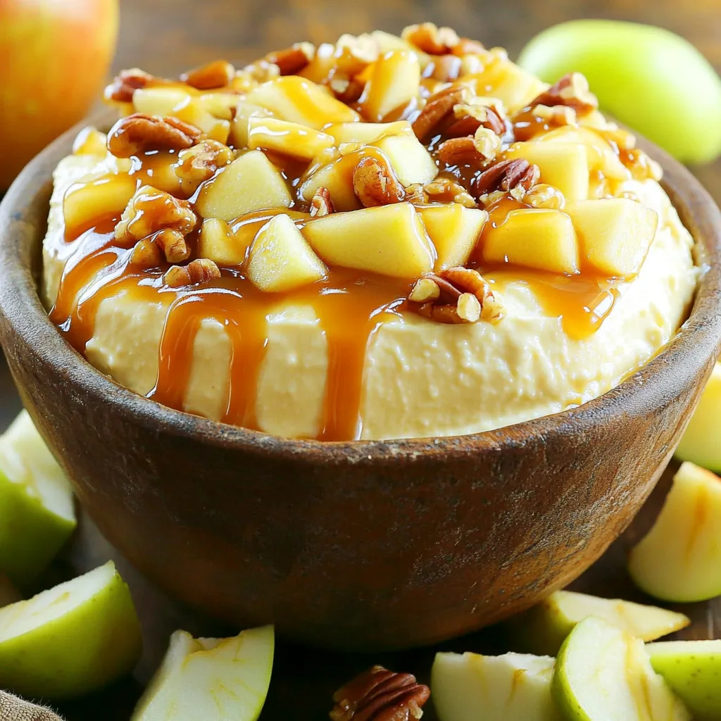 - 8 oz cream cheese, softened - 1/2 cup powdered sugar - 1/4 cup brown sugar - 1 tsp vanilla extract - 1 cup whipped cream (store-bought or homemade) - 1 large apple (Granny Smith or Honeycrisp), chopped - 1/2 cup caramel sauce (store-bought or homemade) - 1/4 cup chopped pecans (optional) To create the best Caramel Apple Cheesecake Dip, gathering the ingredients is key. Start with 8 ounces of softened cream cheese. This helps to mix easily and gives the dip a smooth texture. Next, you'll need 1/2 cup of powdered sugar and 1/4 cup of brown sugar. These sugars add sweetness and a lovely caramel flavor. You can adjust these amounts if you want a sweeter dip. A teaspoon of vanilla extract adds warmth and depth to the taste. Don’t skip this ingredient, as it brightens the flavors. Whipped cream is important, too. Use 1 cup of either store-bought or homemade whipped cream. This makes the dip light and fluffy. For the apple, choose one large Granny Smith or Honeycrisp. Chop it into bite-sized pieces for easy dipping. The tartness of Granny Smith pairs well with the dip’s sweetness. You'll also need 1/2 cup of caramel sauce. You can use store-bought sauce or make your own if you feel adventurous. Lastly, for those who enjoy crunch, add 1/4 cup of chopped pecans. They are optional but add a nice texture. Gathering these ingredients will set you up for a fun and tasty experience! - Step 1: Beat cream cheese until smooth. Start with 8 ounces of softened cream cheese. Use an electric mixer. Mix until it is creamy and there are no lumps. - Step 2: Incorporate powdered and brown sugar. Gradually add 1/2 cup of powdered sugar and 1/4 cup of brown sugar. Mix well after each addition. This helps blend all the flavors. - Step 3: Add vanilla extract and mix. Next, stir in 1 teaspoon of vanilla extract. This adds a warm, sweet flavor to your dip. - Step 4: Fold in whipped cream carefully. Take 1 cup of whipped cream and gently fold it into the mixture. Be careful not to deflate the whipped cream. You want a light, airy dip. - Step 5: Transfer to serving bowl. Scoop the mixture into a serving bowl. Smooth the top with a spatula for a nice look. - Step 6: Drizzle with caramel sauce. Drizzle 1/2 cup of caramel sauce over the top. Watch it cascade down the sides. This adds a sweet touch and makes it look fancy. - Step 7: Add chopped pecans. If you like, sprinkle 1/4 cup of chopped pecans on top. This gives a nice crunch and extra flavor. - Step 8: Serve with chopped apple pieces. Cut up a large apple, like Granny Smith or Honeycrisp, into bite-sized pieces. Use these for dipping. Enjoy your creamy and delightful treat! - Use room temperature cream cheese for easier mixing: Cold cream cheese can make blending hard. Let it sit out for about 30 minutes. This makes it creamy and smooth. - Gently fold whipped cream to retain fluffiness: When adding whipped cream, use a spatula to fold it in. This keeps the dip light and airy. If you mix too hard, it will lose its fluffiness. - Customize sweetness with more or less caramel sauce: You can adjust the sweetness by adding more or less caramel. Start with a small amount and taste it. This way, you can get the right balance for your dip. These simple tips will help you create a dip that is not only creamy but also full of flavor. Enjoy making your caramel apple cheesecake dip! {{image_2}} You can change this dip to suit your taste. Here are some ideas: - Try different apples like Fuji or Gala. Each type gives a new flavor. Fuji apples are sweet and crisp. Gala apples are juicy and fragrant. Mixing apples can make your dip more fun. - Substitute the caramel sauce with chocolate sauce. This twist makes it rich and sweet. Chocolate adds a new layer of flavor. It pairs well with the cream cheese and whipped cream. - Add spices like cinnamon or nutmeg for extra flavor. A sprinkle of cinnamon adds warmth. Nutmeg gives a nice touch of spice. These spices can make your dip taste even better. Feel free to explore these options and make the dip your own! To keep your caramel apple cheesecake dip fresh, refrigerate it right away. Place the dip in an airtight container or cover it tightly with plastic wrap. This helps prevent it from drying out or absorbing other smells from the fridge. The dip will stay good for about three days when stored properly. To keep the presentation fresh, avoid adding the apples until right before serving. Apples can brown when cut, which may affect the look of your dip. Just slice the apples and arrange them around the dip when you are ready to serve. For reusing the dip, simply scoop out what you need with a clean spoon. This keeps the remaining dip safe to eat. If you notice the dip has thickened after a day, you can stir in a small amount of whipped cream to bring back its creamy texture. Enjoy your delicious dip without worry! Yes, you can prepare this dip a day in advance. Just mix the ingredients and store it in the fridge. Cover it tightly with plastic wrap to keep it fresh. This makes it easy to serve when you need it. Just remember to add the caramel sauce and nuts on top right before serving. This dip pairs well with many items. Serve it with: - Chopped apple pieces - Graham crackers - Pretzel sticks - Vanilla wafers - Pecan halves Each option adds a fun crunch and flavor. You can also add a bowl of extra caramel sauce for dipping. The dip will last about 3 days in the fridge. Make sure to store it in a sealed container. If you see any changes in color or smell, it's best to toss it. Always check before enjoying leftovers. This blog post covered a tasty caramel apple cheesecake dip recipe. We went over the simple ingredients and easy steps that anyone can follow. I shared tips to perfect your dip and fun variations to try. Remember, you can store leftovers properly to enjoy them later. Enjoy making this treat for your family or friends! With these easy steps, you’ll impress everyone with your skills. Happy dipping!