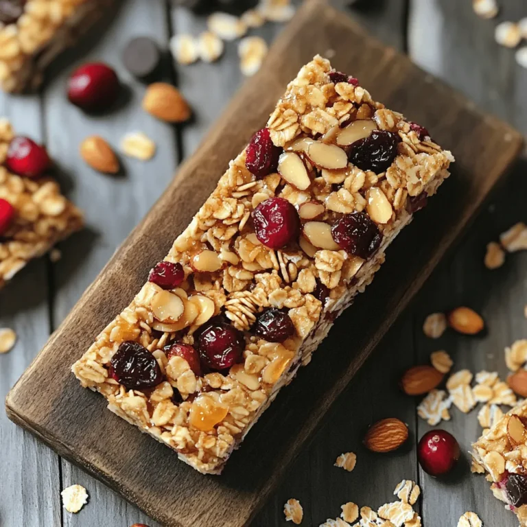 - 2 cups rolled oats - 1 cup almonds, chopped - 1 cup dried cranberries - 1/2 cup honey or maple syrup - 1/2 cup almond butter - 1/2 teaspoon vanilla extract - 1/2 teaspoon cinnamon - 1/4 teaspoon salt - Optional: 1/4 cup dark chocolate chips When making these bars, choose high-quality ingredients. Rolled oats give a great texture. Chopped almonds add crunch. Dried cranberries bring a sweet-tart flavor. You can use honey or maple syrup for sweetness. Almond butter offers a rich taste that binds everything together. The vanilla extract and cinnamon give warmth to the bars. Don’t skip the salt; it enhances all the flavors. If you love chocolate, the dark chocolate chips are a fun addition. They melt just right in the warm mix. Making these bars is simple. Gather all the ingredients before you start. It helps keep you organized. This way, you’ll enjoy the process even more. Plus, you’ll have a tasty snack ready in no time! 1. Preheat the oven and prepare the baking dish First, set your oven to 350°F (175°C). This helps the bars bake evenly. While it heats, line an 8x8 inch baking dish with parchment paper. Leave some paper hanging over the edges. This will make it easy to lift out the bars later. 2. Mix the dry ingredients in a bowl In a large mixing bowl, add 2 cups of rolled oats, 1 cup of chopped almonds, and 1 cup of dried cranberries. Sprinkle in 1/2 teaspoon of cinnamon and 1/4 teaspoon of salt. Stir these ingredients together until they are well combined. This step is key for even flavor. 3. Combine wet ingredients in a saucepan In a small saucepan, mix 1/2 cup of honey or maple syrup with 1/2 cup of almond butter. Heat this mixture over low heat. Stir it continuously until it is smooth. Once it is fully mixed, remove it from the heat. Add in 1/2 teaspoon of vanilla extract and stir again. 4. Mix wet and dry ingredients together Pour the warm almond butter mixture over the dry ingredients. Stir well to coat all the oats, nuts, and cranberries. If you want to add dark chocolate chips, mix them in at this stage. This adds a fun twist to the bars. 5. Press into the baking dish and bake Transfer the mixture into the prepared baking dish. Use a spatula to press it down firmly. Make sure it is in an even layer. This helps the bars hold their shape. Bake in the oven for 20-25 minutes. Look for golden edges to know they are done. 6. Cooling and cutting the bars Once baked, take the dish out of the oven. Let it cool completely in the dish. This is important for the bars to set. After cooling, use the parchment paper to lift the bars out. Cut them into your desired size and store them in an airtight container. Enjoy your homemade granola bars! - Ensuring even baking: To get golden edges, spread the mixture evenly. Use a spatula to smooth it out. The more even the layer, the better it bakes. Check for doneness after 20 minutes. The edges should look golden. - Choosing the right sweetener: Honey or maple syrup both work well. Honey gives a richer taste, while maple syrup is lighter. Choose what you like best. If you want a vegan option, use maple syrup. - How to press the mixture for best results: Press firmly but gently into the baking dish. Use a spatula or your hands. This helps the bars hold together. A well-pressed mixture will not crumble when cut. - Undermixing the ingredients: Mix until all oats and nuts are coated. If not mixed well, some bites will be dry. Make sure every piece is covered in the almond butter mix. - Not cooling before cutting: Let the bars cool completely in the dish. If you cut them too early, they will fall apart. Cooling helps them set and makes cutting easier. {{image_2}} You can easily change up the nuts in this recipe. Instead of almonds, try walnuts or pecans. Each nut brings a unique taste and crunch. If you prefer different dried fruits, you can swap cranberries for raisins or apricots. Both will add natural sweetness and a chewy texture. To boost the flavor, consider adding spices. Nutmeg and ginger can add warmth to your granola bars. A little goes a long way, so start small. You can also add protein to your bars. Try mixing in some protein powder or seeds like chia or flax. This will make your snack even more filling and nutritious. To keep your cranberry almond breakfast granola bars fresh, use an airtight container. This helps keep moisture out and preserves the crunchiness of the bars. Here are some best practices: - Cool Completely: Always let the bars cool fully before storing them. This prevents condensation and sogginess. - Layering: If stacking the bars, place parchment paper between layers. This stops them from sticking together. - Room Temperature: Store them at room temperature for up to a week. This keeps them soft and tasty. If you want to save some bars for later, freezing is a great option. Here’s how to do it: - Wrap Each Bar: Wrap each granola bar in plastic wrap or aluminum foil. This adds an extra layer of protection. - Use a Freezer Bag: Place the wrapped bars in a freezer-safe bag. Squeeze out as much air as possible. - Thawing: When you're ready to eat, remove a bar from the freezer. Let it thaw at room temperature for about 30 minutes. You can also microwave it for a few seconds to warm it up. By following these steps, your cranberry almond breakfast granola bars will stay fresh and delicious for you to enjoy! How long do homemade granola bars last? Homemade granola bars can last up to a week. Store them in an airtight container. If you want them to last longer, you can freeze them. Can I make these granola bars vegan? Yes, you can make these bars vegan. Use maple syrup instead of honey and ensure your almond butter is vegan. Are these granola bars healthy? Yes, these granola bars are healthy. They have whole oats, nuts, and dried fruit. They provide fiber, healthy fats, and protein. How many calories are in a Cranberry Almond Breakfast Granola Bar? Each bar has about 150 calories. This can vary based on added ingredients like chocolate chips. Can I make them without baking? Yes, you can make no-bake granola bars. Simply mix the ingredients and press them into a pan. Chill them in the fridge until firm. What is the best way to cut the granola bars? Use a sharp knife to cut the bars. Ensure they are cool first. Lift them out using the parchment paper for easy cutting. We covered how to make tasty granola bars, starting with the right ingredients. You learned step-by-step instructions for preparation and baking. We also discussed tips for perfecting the recipe and avoiding common mistakes. Variations let you customize ingredients and flavors. Lastly, we shared best storage practices to keep your bars fresh. Now, get ready to enjoy your homemade snacks! They're easy, fun, and healthy.