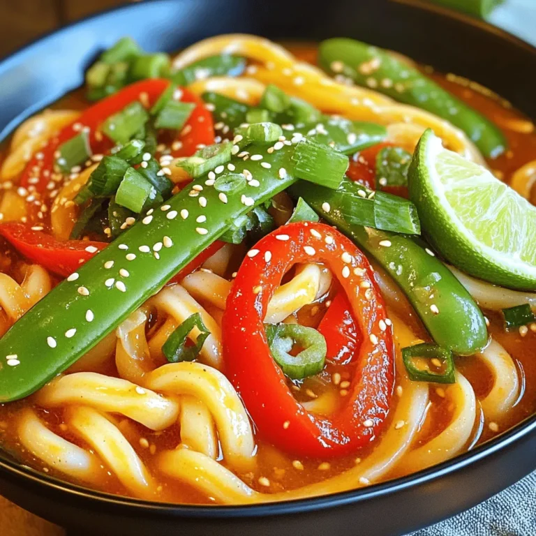 For this dish, you'll need these key items: - 200g udon noodles - 4 cloves garlic, minced - 2 tablespoons soy sauce - 1 tablespoon oyster sauce (or mushroom sauce for a vegetarian option) - 1 tablespoon sesame oil - 1 tablespoon chili paste (adjust based on spice preference) - 1 tablespoon olive oil - 1 small red bell pepper, sliced - 1 cup snow peas, trimmed - 2 green onions, sliced - Sesame seeds for garnish - Salt and pepper to taste These ingredients create a strong base for your udon noodles. The garlic gives a nice kick, while the sauces add depth. The chili paste brings in the heat you can adjust to your taste. To make your dish even tastier, you can add: - Fresh lime wedges - Extra vegetables like carrots or broccoli - Peanuts or cashews for crunch - Fresh herbs like cilantro or basil These extras can take your noodles to the next level. A squeeze of lime adds brightness. Nuts offer a great crunch and flavor contrast. Not all ingredients may work for everyone. Here are some swaps: - Use rice noodles for gluten-free options. - Swap oyster sauce with soy sauce for a vegan meal. - Try vegetable oil if you don’t have olive oil. - Use chili flakes if you don’t have chili paste. These substitutes ensure you can still enjoy a delicious meal. Adjust according to your diet or what you have on hand. To start, boil a large pot of water. Add 200g of udon noodles to the boiling water. Cook the noodles for about 3-4 minutes, or as the package says. When they are soft, drain them well. Set the noodles aside for later. Grab a small bowl. In it, mix 2 tablespoons of soy sauce, 1 tablespoon of oyster sauce, 1 tablespoon of sesame oil, and 1 tablespoon of chili paste. Adjust the chili paste based on how spicy you want it. This sauce will add great flavor. Now, take a large skillet or wok and heat 1 tablespoon of olive oil over medium heat. Add 4 minced garlic cloves and sauté them for about 1 minute. Watch closely to avoid burning. Next, toss in 1 small sliced red bell pepper and 1 cup of trimmed snow peas. Sauté these for 2-3 minutes until they are tender but still crisp. Add the cooked udon noodles to the skillet. Pour the prepared sauce over the noodles. Toss everything gently to coat the noodles well with the sauce. Make sure the flavors blend nicely. Now, add 2 sliced green onions and toss again. Season your dish with salt and pepper to taste. Heat everything together for another minute. Finally, remove the skillet from heat and place the noodles onto serving plates. Garnish with sesame seeds and more green onions. Enjoy your meal! To cook udon noodles just right, use plenty of water. Bring it to a boil. Add the noodles and cook for 3-4 minutes. Stir them gently to prevent sticking. After cooking, drain the noodles and set them aside. If you rinse them with cold water, it stops cooking. This keeps them firm and chewy. To control the heat in your dish, start with less chili paste. You can always add more later. Taste the noodles after mixing in the sauce. If it’s too mild, add a bit more chili paste. For a milder dish, use a smaller amount. Remember, you can always adjust, but you can't take it out. Make your noodles look great by garnishing them. Sprinkle sesame seeds over the top. Add sliced green onions for color. A lime wedge on the side gives a fresh touch. Serve the noodles in bowls for a cozy feel. This makes for an appealing meal that’s also fun to eat. {{image_2}} You can easily make this dish vegetarian or vegan. Simply swap the oyster sauce for mushroom sauce. This change keeps the flavor rich while keeping it plant-based. You can also add more veggies, like carrots or zucchini, to boost nutrition. If you want a creamier texture, try adding a touch of coconut milk. For a protein boost, consider adding chicken, shrimp, or tofu. If you choose chicken, cut it into small pieces. Cook it before adding the garlic, so it gets nice and tender. If you prefer shrimp, add them right after the garlic. They cook quickly and add a nice flavor. For tofu, use firm tofu. Press it first to remove excess water, then cut it into cubes. Sauté it until golden before adding the veggies. Feel free to mix in other vegetables based on your taste. Broccoli, bok choy, or carrots work well. You can also try snap peas for a sweet crunch. Just remember to cook them until they are tender but still crisp. This keeps your dish colorful and full of texture. Adding different colors also makes it visually appealing. To keep your leftover garlic chili udon noodles fresh, let them cool. Place the noodles in an airtight container. They will stay good in the fridge for up to three days. Make sure to store any sauce separately if possible. This helps the noodles stay firm. Reheating is simple! You can use a microwave or a skillet. If using a microwave, cover the noodles and heat for one to two minutes. Stir halfway through for even heating. For a skillet, add a splash of water and warm over low heat. Stir until heated through, which takes about five minutes. You can freeze garlic chili udon noodles, but it's best to freeze them without sauce. Place the cooled noodles in a freezer bag, removing as much air as possible. They can last up to three months in the freezer. When ready to eat, thaw in the fridge overnight. Then, reheat and add fresh sauce. Enjoy your quick meal! Udon noodles are thick, chewy noodles made from wheat flour. They are popular in Japanese cooking. Udon has a soft texture and absorbs flavors well. You can find them fresh or dried in stores. Fresh udon cooks quickly, while dried udon needs more time. They often serve in soups or stir-fries. Yes, you can make Garlic Chili Udon Noodles gluten-free. Look for gluten-free udon noodles made from rice or other flours. These options are widely available in stores. Just follow the same steps in the recipe. Keep an eye on cooking times, as they may differ from regular udon. To make the dish spicier, add more chili paste to the sauce. You can also sprinkle chili flakes on top when serving. If you prefer a milder taste, reduce the chili paste. You can also balance the spice with a squeeze of lime or some sugar. Garlic Chili Udon Noodles pair well with many dishes. Try serving them with grilled chicken or shrimp for protein. A side of steamed vegetables complements the noodles nicely. You can also enjoy them with a light salad or miso soup for a complete meal. Garlic Chili Udon Noodles are simple yet flavorful. We covered main ingredients, options for flavor, and substitutes. I shared step-by-step cooking methods and helpful tips for perfecting your dish. Exploring vegetarian and protein options added variety. Storing and reheating tips keep leftovers fresh and tasty. Enjoy making this fun dish that suits your taste. With a few tweaks, it becomes yours. Dive in and enjoy every bite!
