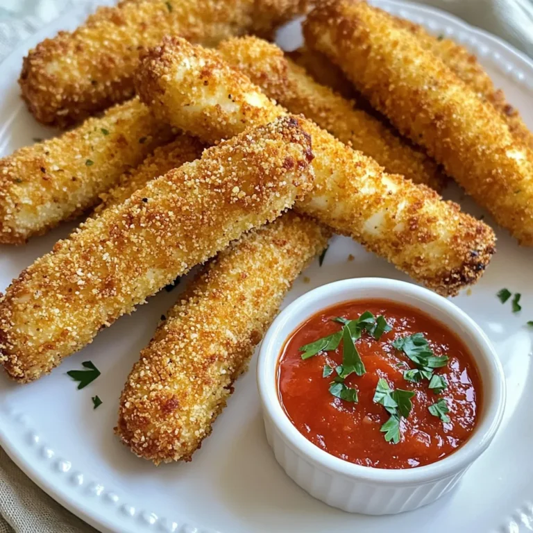 - 12 mozzarella cheese sticks - 1 cup all-purpose flour - 2 large eggs, beaten - 1 cup breadcrumbs (preferably panko) - 1 teaspoon garlic powder - 1 teaspoon Italian seasoning - ½ teaspoon salt - ½ teaspoon black pepper - Cooking spray These ingredients are key for making air fryer mozzarella sticks. The mozzarella cheese gives them that gooey, stringy texture we all love. Using panko breadcrumbs adds extra crunch, which is vital for that crispy bite. The eggs help the breadcrumbs stick, while the flour gives a nice base layer. The seasoning mix with garlic powder, Italian seasoning, salt, and pepper boosts the flavor. You can always adjust the seasonings to match your taste. Cooking spray is essential for ensuring the sticks crisp up nicely in the air fryer. Make sure to gather all these items before you start. This way, you can move smoothly through the recipe without a hiccup. Enjoy gathering your ingredients! - Cut mozzarella sticks in half if you want shorter bites. - Arrange the sticks on a parchment-lined baking sheet. This keeps them from sticking. - Set up three bowls: one with flour, one with beaten eggs, and one with breadcrumbs. - In the bowl with breadcrumbs, mix in garlic powder, Italian seasoning, salt, and pepper. - Take a mozzarella stick and coat it in flour first, shaking off any extra. - Dip the floured stick into the beaten eggs, ensuring it is fully coated. - Roll the egg-coated stick in the breadcrumb mix, pressing lightly to stick. - Repeat this for all the sticks until they are all coated well. - Place the coated mozzarella sticks in the freezer for about 30 minutes. This step helps prevent cheese from melting too much. - Preheat your air fryer to 390°F (200°C) for about 5 minutes. - Lightly spray the air fryer basket with cooking spray. - Arrange the mozzarella sticks in a single layer, ensuring they do not touch. This helps them cook evenly. - Spray the tops of the sticks lightly with cooking spray for extra crispiness. - Air fry for 6-8 minutes until they are golden brown and crispy. Shake the basket halfway through for even cooking. - Remove the mozzarella sticks and let them cool slightly before serving. Freezing your mozzarella sticks before air frying is key. It helps keep the cheese from melting too fast. When you freeze them for about 30 minutes, they firm up nicely. This will give you a crispier outside and gooey inside. Arrange the sticks in the air fryer basket without touching each other. This allows hot air to flow around each stick. A good layout helps them cook evenly, giving you that perfect crunch. For cooking, set your air fryer to 390°F (200°C). Cook your sticks for 6-8 minutes. Check them halfway through to ensure even cooking. Shake the basket gently to move them around. This helps them brown nicely on all sides. Serve your crispy mozzarella sticks with marinara sauce for dipping. It adds flavor and makes for a fun snack. You can also garnish with fresh parsley for a nice touch. Pair these sticks with a simple salad or some crunchy veggies. They make a great party appetizer too! {{image_2}} You can easily change the taste of your mozzarella sticks. Start by adding herbs or spices to the breadcrumb mix. Try mixing in oregano, paprika, or even red pepper flakes for a spicy kick. You can also stuff the cheese sticks with herbs or other cheeses. For example, adding a little basil or cheddar cheese gives a new twist. If you need gluten-free options, you can swap regular breadcrumbs. Use gluten-free breadcrumbs made from rice or corn. You can also use almond flour instead of all-purpose flour for a crunchy coating. For those who want a dairy-free option, look for dairy-free mozzarella sticks. There are many brands that make tasty non-dairy cheese. Air frying isn't the only way to cook these sticks. You can bake them in the oven, too. Preheat your oven to 400°F (200°C) and arrange the sticks on a baking sheet. Bake them for about 10-12 minutes or until golden brown. If you prefer traditional frying, heat oil in a pan. Fry the sticks for 2-3 minutes on each side until they are crispy. Each method gives a different texture and flavor. After cooking, let the mozzarella sticks cool down. Place them in an airtight container. You can store them in the fridge for up to 3 days. To keep them crispy, reheat in the air fryer at 350°F for about 5 minutes. This helps restore their crunch. If you want to freeze uncooked mozzarella sticks, first place them on a baking sheet. Make sure they do not touch each other. Freeze them for 30 minutes until solid. After that, transfer the sticks to a freezer bag. They will stay fresh for about 2 months. For best quality, label the bag with the date. Cooked mozzarella sticks can last for 3 days in the fridge. If frozen, they are best used within 2 months. Over time, they may lose some taste and texture. Always check for any off smells or changes in texture before eating. You should freeze the mozzarella sticks for about 30 minutes. This helps the cheese keep its shape while cooking. If you skip this step, the cheese may melt out during frying, and you will lose that gooey, melty center. Yes, you can prepare the mozzarella sticks in advance. After you coat them, freeze them directly. Once frozen, you can store them in a bag. This way, you can air fry them whenever you want a tasty snack. Some popular dips include marinara sauce, ranch dressing, or garlic aioli. Each sauce adds a new flavor dimension to the sticks. Feel free to try different sauces to find your favorite pairing! You now know how to make air fryer mozzarella sticks. We covered the main ingredients, step-by-step instructions, and tips for a perfect crunch. Remember to freeze them for the best results. You can also try different flavors or cooking methods. Store leftovers properly to keep them tasty. With these easy steps, you can enjoy a delicious snack anytime. Happy cooking!
