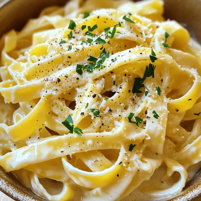 To make creamy garlic Parmesan pasta, gather these ingredients: - 8 oz fettuccine or spaghetti - 2 tablespoons unsalted butter - 4 cloves garlic, minced - 1 cup heavy cream - 1 cup freshly grated Parmesan cheese - 1/2 teaspoon black pepper - 1/4 teaspoon red pepper flakes (optional for spice) - Salt to taste - Fresh parsley, chopped (for garnish) These items create a rich and tasty dish. Fresh garlic and Parmesan cheese add a lot of flavor. The cream makes the sauce smooth and creamy. You can change some ingredients for different tastes or needs. Here are some ideas: - Pasta: Use any pasta shape you like, such as penne or linguine. - Butter: Olive oil can replace unsalted butter for a lighter option. - Heavy cream: Use half-and-half or a plant-based cream for a lighter sauce. - Parmesan cheese: Grated Pecorino Romano works well if you need a strong flavor. - Garlic: Garlic powder can be used, but fresh garlic gives the best taste. These swaps can help you make the dish fit your needs. Choosing the right brands can enhance your meal. Here are some top picks: - Pasta: Barilla or De Cecco for quality and taste. - Butter: Land O’Lakes offers a rich flavor. - Parmesan: Bel Gioioso or Grana Padano for great cheese. - Heavy cream: Horizon Organic for a creamy texture. Using trusted brands can make your cooking easier and tastier. Start by boiling water in a large pot. Add salt to the water for flavor. Once the water is bubbling, add 8 oz of fettuccine or spaghetti. Cook until the pasta is al dente, following the package guide. This usually takes about 8-10 minutes. When the pasta is ready, save 1 cup of the water. Drain the pasta and set it aside. Next, heat a large skillet over medium heat. Add 2 tablespoons of unsalted butter. Once the butter melts, add 4 cloves of minced garlic. Sauté the garlic for 1-2 minutes. You want it fragrant but not brown. This step adds a rich flavor to your dish. Pour in 1 cup of heavy cream to the skillet with the garlic. Stir the mixture constantly. Heat it until it simmers lightly. This helps to combine the flavors well. Gradually add 1 cup of freshly grated Parmesan cheese. Keep stirring until the cheese melts fully. If the sauce feels thick, add some reserved pasta water to adjust the texture. Now it’s time to bring everything together. Add the drained pasta to the skillet. Toss the pasta in the creamy garlic sauce until well coated. If you want a creamier sauce, add more reserved pasta water. Make sure each noodle is covered in sauce. To make your dish look great, plate the creamy garlic Parmesan pasta in bowls. Top it with freshly chopped parsley for color. You can also add extra Parmesan shavings and a sprinkle of black pepper for an elegant touch. Enjoy your rich and flavorful dish! To make your pasta creamy, use heavy cream. It gives richness and smoothness. Avoid low-fat options; they won’t blend well. Gradually stir in fresh Parmesan cheese as it melts. This creates a velvety sauce. If it gets too thick, add a little pasta water. This helps keep the sauce luscious. One common mistake is cooking the pasta too long. It should be al dente, firm to the bite. Another mistake is adding cheese too fast. Always add it slowly and stir well. This helps the cheese melt evenly. Don't skip seasoning; salt and pepper enhance the flavor. Lastly, don’t forget to reserve pasta water! The ideal pasta to sauce ratio is about 1:1. For every 8 oz of pasta, use 1 cup of sauce. This balance ensures every noodle is coated perfectly. If you like more sauce, feel free to add more cream or cheese. Just remember to adjust the seasonings as needed. Enjoy your creamy garlic Parmesan pasta! {{image_2}} You can make this dish heartier by adding protein. Chicken works well. Simply sauté diced chicken until it's cooked through. Toss it in with the pasta and sauce for a filling meal. Shrimp is another great choice. Cook the shrimp in the same skillet with the garlic. It adds a nice flavor. You can also use cooked sausage for a savory twist. For a vegetarian option, add mushrooms or spinach. Sauté sliced mushrooms with the garlic until soft. They bring a rich taste that pairs well with the creamy sauce. Spinach adds color and nutrients. Stir in fresh spinach right before you combine the pasta. It wilts quickly and enhances the dish without overpowering it. If you love heat, spice things up! You can add red pepper flakes, as the recipe suggests. For more heat, try fresh jalapeños or serrano peppers. Chop them finely and sauté with the garlic. This adds a nice kick that balances the creaminess. You can even try adding a dash of hot sauce for an extra layer of flavor. To store leftover creamy garlic Parmesan pasta, wait until it cools. Place the pasta in an airtight container. You can keep it in the fridge for up to three days. Make sure the lid seals tightly to keep the flavors fresh. When you are ready to eat the leftovers, reheat the pasta gently. You can use a microwave or a skillet. If using a microwave, heat in short bursts. Stir between each burst to avoid hot spots. If using a skillet, add a splash of water or cream. This helps to revive the creamy sauce. Heat over low to medium heat, stirring until warm. If you want to freeze the pasta, it’s best to do this before adding any toppings. Place the cooled pasta in a freezer-safe container. It will last up to three months in the freezer. When you want to eat it, thaw the pasta in the fridge overnight. Reheat it as mentioned above for the best results. Yes, you can use any pasta you like. Fettuccine and spaghetti work well, but you can try penne, rotini, or even gluten-free pasta. Just follow the cooking time on the package. The key is to ensure the pasta is al dente. This means it should be firm to the bite. Different shapes will hold the sauce in unique ways, adding fun to your meal. Creamy garlic Parmesan pasta lasts about three to four days in the fridge. Store it in an airtight container to keep it fresh. When you reheat it, add a splash of water or cream. This helps to revive the sauce's creaminess. Stir occasionally while warming on the stove to ensure even heating. Yes, you can make this dish dairy-free with some swaps. Use a dairy-free butter and heavy cream alternative made from nuts or soy. Nutritional yeast can replace the Parmesan cheese for a cheesy flavor. You can also use cashew cream for added richness. This way, you still enjoy the creamy texture without dairy. This post covered everything you need for creamy garlic Parmesan pasta. We explored key ingredients, offered helpful tips, and suggested tasty variations. Remember, you can customize the dish to fit your taste. Whether you add protein or go vegetarian, the options are endless. For leftovers, proper storage makes a big difference. Enjoy trying these tips and making delicious meals! Cooking should be fun, so feel free to experiment. Happy cooking!