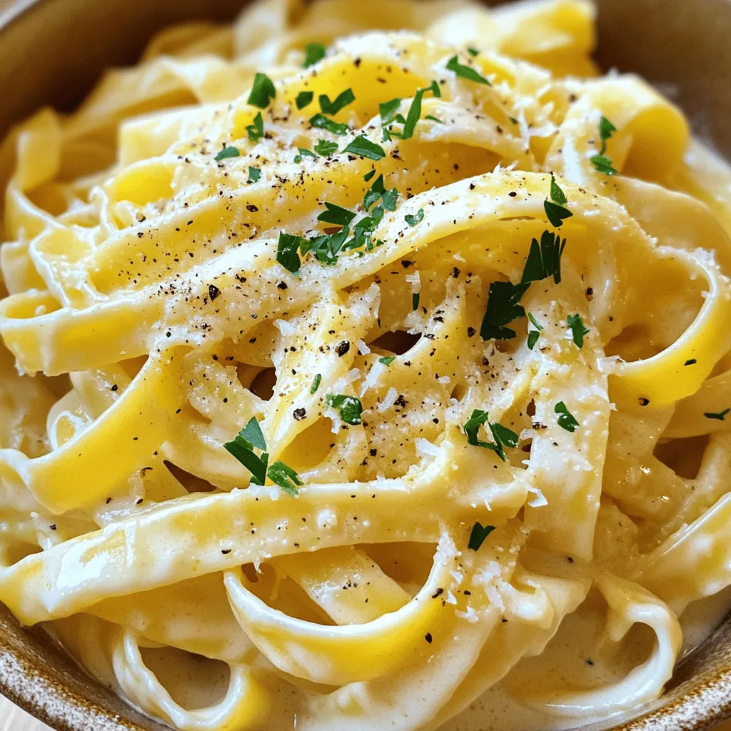 To make creamy garlic Parmesan pasta, gather these ingredients: - 8 oz fettuccine or spaghetti - 2 tablespoons unsalted butter - 4 cloves garlic, minced - 1 cup heavy cream - 1 cup freshly grated Parmesan cheese - 1/2 teaspoon black pepper - 1/4 teaspoon red pepper flakes (optional for spice) - Salt to taste - Fresh parsley, chopped (for garnish) These items create a rich and tasty dish. Fresh garlic and Parmesan cheese add a lot of flavor. The cream makes the sauce smooth and creamy. You can change some ingredients for different tastes or needs. Here are some ideas: - Pasta: Use any pasta shape you like, such as penne or linguine. - Butter: Olive oil can replace unsalted butter for a lighter option. - Heavy cream: Use half-and-half or a plant-based cream for a lighter sauce. - Parmesan cheese: Grated Pecorino Romano works well if you need a strong flavor. - Garlic: Garlic powder can be used, but fresh garlic gives the best taste. These swaps can help you make the dish fit your needs. Choosing the right brands can enhance your meal. Here are some top picks: - Pasta: Barilla or De Cecco for quality and taste. - Butter: Land O’Lakes offers a rich flavor. - Parmesan: Bel Gioioso or Grana Padano for great cheese. - Heavy cream: Horizon Organic for a creamy texture. Using trusted brands can make your cooking easier and tastier. Start by boiling water in a large pot. Add salt to the water for flavor. Once the water is bubbling, add 8 oz of fettuccine or spaghetti. Cook until the pasta is al dente, following the package guide. This usually takes about 8-10 minutes. When the pasta is ready, save 1 cup of the water. Drain the pasta and set it aside. Next, heat a large skillet over medium heat. Add 2 tablespoons of unsalted butter. Once the butter melts, add 4 cloves of minced garlic. Sauté the garlic for 1-2 minutes. You want it fragrant but not brown. This step adds a rich flavor to your dish. Pour in 1 cup of heavy cream to the skillet with the garlic. Stir the mixture constantly. Heat it until it simmers lightly. This helps to combine the flavors well. Gradually add 1 cup of freshly grated Parmesan cheese. Keep stirring until the cheese melts fully. If the sauce feels thick, add some reserved pasta water to adjust the texture. Now it’s time to bring everything together. Add the drained pasta to the skillet. Toss the pasta in the creamy garlic sauce until well coated. If you want a creamier sauce, add more reserved pasta water. Make sure each noodle is covered in sauce. To make your dish look great, plate the creamy garlic Parmesan pasta in bowls. Top it with freshly chopped parsley for color. You can also add extra Parmesan shavings and a sprinkle of black pepper for an elegant touch. Enjoy your rich and flavorful dish! To make your pasta creamy, use heavy cream. It gives richness and smoothness. Avoid low-fat options; they won’t blend well. Gradually stir in fresh Parmesan cheese as it melts. This creates a velvety sauce. If it gets too thick, add a little pasta water. This helps keep the sauce luscious. One common mistake is cooking the pasta too long. It should be al dente, firm to the bite. Another mistake is adding cheese too fast. Always add it slowly and stir well. This helps the cheese melt evenly. Don't skip seasoning; salt and pepper enhance the flavor. Lastly, don’t forget to reserve pasta water! The ideal pasta to sauce ratio is about 1:1. For every 8 oz of pasta, use 1 cup of sauce. This balance ensures every noodle is coated perfectly. If you like more sauce, feel free to add more cream or cheese. Just remember to adjust the seasonings as needed. Enjoy your creamy garlic Parmesan pasta! {{image_2}} You can make this dish heartier by adding protein. Chicken works well. Simply sauté diced chicken until it's cooked through. Toss it in with the pasta and sauce for a filling meal. Shrimp is another great choice. Cook the shrimp in the same skillet with the garlic. It adds a nice flavor. You can also use cooked sausage for a savory twist. For a vegetarian option, add mushrooms or spinach. Sauté sliced mushrooms with the garlic until soft. They bring a rich taste that pairs well with the creamy sauce. Spinach adds color and nutrients. Stir in fresh spinach right before you combine the pasta. It wilts quickly and enhances the dish without overpowering it. If you love heat, spice things up! You can add red pepper flakes, as the recipe suggests. For more heat, try fresh jalapeños or serrano peppers. Chop them finely and sauté with the garlic. This adds a nice kick that balances the creaminess. You can even try adding a dash of hot sauce for an extra layer of flavor. To store leftover creamy garlic Parmesan pasta, wait until it cools. Place the pasta in an airtight container. You can keep it in the fridge for up to three days. Make sure the lid seals tightly to keep the flavors fresh. When you are ready to eat the leftovers, reheat the pasta gently. You can use a microwave or a skillet. If using a microwave, heat in short bursts. Stir between each burst to avoid hot spots. If using a skillet, add a splash of water or cream. This helps to revive the creamy sauce. Heat over low to medium heat, stirring until warm. If you want to freeze the pasta, it’s best to do this before adding any toppings. Place the cooled pasta in a freezer-safe container. It will last up to three months in the freezer. When you want to eat it, thaw the pasta in the fridge overnight. Reheat it as mentioned above for the best results. Yes, you can use any pasta you like. Fettuccine and spaghetti work well, but you can try penne, rotini, or even gluten-free pasta. Just follow the cooking time on the package. The key is to ensure the pasta is al dente. This means it should be firm to the bite. Different shapes will hold the sauce in unique ways, adding fun to your meal. Creamy garlic Parmesan pasta lasts about three to four days in the fridge. Store it in an airtight container to keep it fresh. When you reheat it, add a splash of water or cream. This helps to revive the sauce's creaminess. Stir occasionally while warming on the stove to ensure even heating. Yes, you can make this dish dairy-free with some swaps. Use a dairy-free butter and heavy cream alternative made from nuts or soy. Nutritional yeast can replace the Parmesan cheese for a cheesy flavor. You can also use cashew cream for added richness. This way, you still enjoy the creamy texture without dairy. This post covered everything you need for creamy garlic Parmesan pasta. We explored key ingredients, offered helpful tips, and suggested tasty variations. Remember, you can customize the dish to fit your taste. Whether you add protein or go vegetarian, the options are endless. For leftovers, proper storage makes a big difference. Enjoy trying these tips and making delicious meals! Cooking should be fun, so feel free to experiment. Happy cooking!
