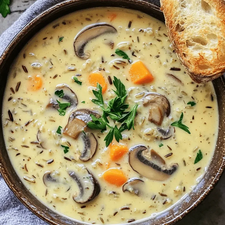 To make this soup, gather these key items: - 1 cup wild rice, rinsed - 2 tablespoons olive oil - 1 medium onion, diced - 3 cloves garlic, minced - 8 ounces cremini mushrooms, sliced - 2 carrots, diced - 2 celery stalks, diced - 6 cups vegetable broth - 1 teaspoon dried thyme - 1 teaspoon dried rosemary - Salt and pepper to taste - 1 cup coconut milk or heavy cream - Fresh parsley, chopped (for garnish) These ingredients bring rich flavors and textures to your soup. The wild rice lends a nutty taste, while the mushrooms add umami. The broth ties everything together, making each spoonful comforting. You may want to add a few items to boost flavor: - 1 bay leaf - 1 teaspoon lemon juice - 1/2 teaspoon smoked paprika - Fresh herbs like dill or basil These optional ingredients can add depth to your soup. A bay leaf infuses a subtle aroma. Lemon juice brightens the flavors, and smoked paprika gives a warm touch. Using fresh ingredients makes a big difference. Here are some tips: - Choose firm mushrooms without blemishes. - Use organic vegetables when possible for better taste. - Rinse wild rice well to remove any grit. Freshness matters in soup. It enhances flavor and makes each bowl a delight. Always check your ingredients before cooking. If they look fresh, your soup will taste amazing! Start by heating 2 tablespoons of olive oil in a skillet over medium heat. Once hot, add 1 medium diced onion and 3 cloves of minced garlic. Stir them together. Cook until the onion turns soft and clear, about 4 to 5 minutes. This step builds a strong flavor base for your soup. After sautéing, add 8 ounces of sliced cremini mushrooms to the skillet. Cook them for 5 minutes until they soften. Then, transfer this mixture to your slow cooker. Next, add 1 cup of rinsed wild rice, 2 diced carrots, and 2 diced celery stalks. Pour in 6 cups of vegetable broth. Season with 1 teaspoon of dried thyme and 1 teaspoon of dried rosemary. Don’t forget to add salt and pepper to taste. Stir everything well to mix all the ingredients. Now, cover the slow cooker and choose your cooking time. If you set it to low, let it cook for 6 to 8 hours. If you prefer the high setting, it will only need 3 to 4 hours. The rice should be tender when it’s done. After cooking, add 1 cup of coconut milk or heavy cream. This makes the soup creamy and rich. Adjust the seasoning if needed before serving. To make your soup super creamy, use coconut milk or heavy cream. I like coconut milk for its rich flavor. Stir it in after cooking, and it will blend smoothly. If you want more creaminess, blend a cup of the soup. Then, mix it back into the pot. This makes the texture rich and velvety. Seasonings can really boost your soup's taste. I recommend adding a bay leaf while it cooks. It adds a lovely depth of flavor. You can also stir in some nutritional yeast for a cheesy taste. Adjust salt and pepper at the end. Taste as you go for just the right balance. Storing leftovers is easy. Put the soup in an airtight container in the fridge. It lasts about 3 to 4 days. When you reheat, add a splash of water or broth. This keeps the texture nice. If you freeze it, use it within three months. Thaw it overnight in the fridge before reheating. {{image_2}} To make a vegan version, skip the heavy cream. Use coconut milk for creaminess. This swap keeps the soup rich and smooth. You can also add more veggies. Try spinach or kale for extra nutrients. These greens cook down well and add color. For a hearty soup, add proteins like chickpeas or beans. You can stir in cooked lentils too. These ingredients boost the protein and make the soup filling. If you want meat, shredded chicken works great. Add it at the end, just to heat through. If you like spice, add red pepper flakes. Start with a pinch and taste as you go. You can also add chopped jalapeños for a fresh kick. For a smoky flavor, try smoked paprika. This adds depth and warmth to the soup. To keep your soup fresh, let it cool first. Pour it into an airtight container. Seal it tightly and store it in the fridge. It will last for about 3 to 4 days. Label the container with the date. This way, you know when to eat it. If you want to save some for later, freezing is a great option. Use freezer-safe containers or bags for easy storage. Make sure to leave some space at the top. Soup expands when it freezes. Your soup will stay good for up to 3 months in the freezer. When you're ready to eat, just thaw it in the fridge overnight. When reheating, you have options. You can use the stove or the microwave. If using a stove, pour the soup into a pot. Heat it over medium heat, stirring often. For the microwave, place the soup in a microwave-safe bowl. Heat it in short intervals, stirring in between. This keeps the soup from getting too hot in one spot. Ensure it’s heated through before serving. Enjoy your warm, comforting bowl of soup! Yes, you can use regular rice, but it will change the texture. Wild rice has a nutty flavor and chewy texture. Regular rice cooks faster, so adjust the cooking time to avoid mushiness. Use a 1:2 ratio of rice to broth when using regular rice. You can use heavy cream or almond milk as a substitute. Heavy cream adds richness, while almond milk keeps it lighter. If you want a dairy-free option, use oat milk or soy milk. Adjust the quantity based on your taste preference. The soup lasts for about 3-4 days in the fridge. Make sure to store it in an airtight container. Before serving, check for any off smells or changes in texture. Reheat it on the stove or in the microwave until hot. Yes, you can make this soup on the stove. Just sauté the onions and garlic in a pot. Then, add the mushrooms, rice, and broth. Simmer for about 30-40 minutes until the rice is tender. Stir in the coconut milk at the end. This article covered how to make a tasty Mushroom Wild Rice Soup. We explored key ingredients, cooking steps, and tips for the best flavor. I shared ways to enhance the soup’s texture and flavor, plus variations to fit your needs. Remember, storing leftovers properly keeps your soup fresh for later. Enjoy your cooking journey. With these tips, you can create a delicious meal your family will love. Dive in and get started. This soup is sure to impress!
