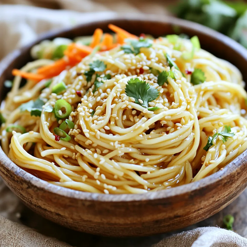 To make Minute Sesame Garlic Noodles, you need: - 8 oz spaghetti or rice noodles - 3 tablespoons sesame oil - 4 cloves garlic, minced - 2 tablespoons soy sauce - 1 tablespoon honey or maple syrup - 1 tablespoon rice vinegar - 1 tablespoon toasted sesame seeds - 2 green onions, finely chopped - 1 small carrot, julienned (for garnish) - Fresh cilantro leaves for garnish (optional) - Red pepper flakes (optional, for heat) If you don't have some of these items, here are some easy swaps: - Use whole wheat noodles instead of spaghetti or rice noodles. - Swap sesame oil for olive oil if needed. - Replace honey with agave syrup or brown sugar. - Use apple cider vinegar instead of rice vinegar. - Green onions can be replaced with chives or shallots. To ensure your dish tastes great, focus on ingredient quality: - Choose fresh garlic for the best flavor. - Use high-quality soy sauce for a deeper taste. - Look for vibrant green onions. They add color and crunch. - For the best sesame seeds, toast them lightly for more flavor. - Fresh herbs like cilantro brighten the dish. Use them if you can. First, grab a large pot. Fill it with water and add a pinch of salt. Bring the water to a boil. Add 8 ounces of spaghetti or rice noodles. Cook them for about 4 to 6 minutes or until they feel firm yet soft, called al dente. Once done, drain the noodles and set them aside. Now, let’s make the sauce. In a small bowl, combine 3 tablespoons of sesame oil, 4 minced garlic cloves, 2 tablespoons of soy sauce, 1 tablespoon of honey or maple syrup, and 1 tablespoon of rice vinegar. Whisk these ingredients together until they blend well. The sauce should smell amazing and look smooth. In a large mixing bowl, toss the drained noodles with the sauce. Make sure every noodle gets coated. Next, sprinkle 1 tablespoon of toasted sesame seeds and 2 finely chopped green onions over the noodles. If you like some heat, add red pepper flakes to taste. Gently toss everything again to mix. Finally, serve the noodles in bowls. Top them with julienned carrots and fresh cilantro for a colorful touch. Enjoy your delicious meal! To make the best sauce, use fresh garlic. Fresh garlic gives a strong taste. Mince the garlic finely for even flavor. Combine sesame oil, soy sauce, honey, and rice vinegar in a bowl. Whisk until smooth. This mix should taste sweet and salty. If you want, add a bit more honey for sweetness. Adjust the soy sauce for saltiness. This sauce is key for great noodles. For perfect noodles, boil salted water first. Add the spaghetti or rice noodles. Cook until al dente, usually 4 to 6 minutes. Stir the noodles gently to prevent sticking. Drain them well, but don’t rinse. Rinsing washes away the starch that helps the sauce stick. Keep the noodles warm until you mix them with the sauce. To add more flavor, think about toppings. Toasted sesame seeds give a nutty taste. Chopped green onions add freshness. If you like heat, sprinkle red pepper flakes on top. You can also add julienned carrots for crunch. Fresh cilantro can brighten the dish. These extras make the meal more colorful and tasty. {{image_2}} You can make your Minute Sesame Garlic Noodles even better by adding veggies. Some great choices are: - Bell peppers: Slice them thin for a sweet crunch. - Broccoli: Steam small florets to add texture. - Snap peas: Toss them in for a fresh, crisp taste. - Spinach: Stir in fresh leaves for extra color and nutrients. Feel free to mix and match any of these vegetables. They all pair well with the noodles and sauce. Adding protein makes this meal even more filling. Here are some tasty ideas: - Chicken: Grilled or shredded chicken gives a savory flavor. - Tofu: Use firm tofu for a plant-based option; pan-fry until golden. - Shrimp: Quick-cook shrimp for a nice seafood twist. - Eggs: Scramble a couple of eggs and mix them in for added richness. These proteins can boost the meal's health and taste. If you need a gluten-free option, simply swap out the noodles. Here are some great choices: - Rice noodles: They work perfectly as a substitute in this recipe. - Zucchini noodles: Spiralized zucchini adds a fresh twist and keeps it light. - Quinoa: This grain is gluten-free and offers a nutty flavor. With these options, anyone can enjoy this dish, no matter their dietary needs. Store your leftover Minute Sesame Garlic Noodles in an airtight container. This keeps them fresh and tasty. You can keep them in the fridge for up to three days. Make sure they are cooled down before you store them to avoid moisture buildup. If you need to stack them, place parchment paper between layers to prevent sticking. To reheat the noodles, you can use a microwave or a stove. For the microwave, place the noodles in a bowl. Add a splash of water to keep them moist. Heat for about 1-2 minutes, stirring halfway. If you prefer the stove, put the noodles in a pan over low heat. Add a little sesame oil to help them heat evenly. Stir until they are warmed throughout. If you want to save the noodles for longer, freezing is an option. First, let the noodles cool completely. Then, place them in a freezer-safe bag. Remove as much air as you can before sealing. They can stay in the freezer for about one month. When you are ready to eat them, thaw the noodles in the fridge overnight before reheating. Minute Sesame Garlic Noodles can last for about 3 to 5 days in the fridge. Store them in an airtight container to keep them fresh. Make sure they cool down before sealing the container. If you see any signs of spoilage, throw them away to stay safe. Yes, you can use different noodles! Rice noodles work well if you want a gluten-free option. You can also try whole wheat or egg noodles for different textures. Just make sure to adjust the cooking time based on the type of noodle you choose. To make the dish spicier, add red pepper flakes to the noodles. Start with a pinch and adjust to your taste. You can also include sliced fresh chili peppers or a dash of hot sauce. These options will give your noodles a nice kick! In this post, we covered everything you need for perfect Minute Sesame Garlic Noodles. We discussed key ingredients, tasty variations, and practical cooking tips. Remember, fresh ingredients make a big difference. You can always mix in veggies and proteins for more flavor and nutrition. Proper storage keeps leftovers tasty, and don’t forget to experiment with heat levels. Enjoy cooking and sharing this dish! Your kitchen will fill with amazing smells, and your meal will impress everyone.