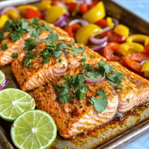 - 4 salmon fillets (6 oz each) - 2 tablespoons olive oil - 2 tablespoons lime juice (freshly squeezed) - 1 tablespoon chili powder - 1 teaspoon garlic powder - 1 teaspoon cumin - 1 teaspoon smoked paprika - Salt and pepper to taste The salmon fillets are the star of this dish. They are rich in flavor and full of healthy fats. I use olive oil and fresh lime juice to create a zesty marinade. The seasonings add a kick! Chili powder gives the salmon a nice heat, while garlic powder adds depth. Cumin and smoked paprika add warmth and a smoky touch. - 1 red bell pepper, sliced - 1 yellow bell pepper, sliced - 1 red onion, sliced Bell peppers and red onion bring color and crunch. They soak up the marinade well, making each bite tasty. I like to use both red and yellow bell peppers for a pop of color. The sweet taste of these veggies pairs perfectly with the spicy salmon. - Fresh cilantro, chopped (for garnish) - Lime wedges (for serving) To finish the dish, I sprinkle fresh cilantro on top. It adds a burst of freshness. I also serve lime wedges on the side. A squeeze of lime juice right before you eat makes everything even better! This dish is not just pretty but full of flavor. First, preheat your oven to 400&deg;F (200&deg;C). This high heat helps the salmon cook evenly. Next, take a large baking sheet and line it with parchment paper. This step makes cleanup easy and keeps the fish from sticking. In a small bowl, add 2 tablespoons of olive oil and 2 tablespoons of freshly squeezed lime juice. Then, mix in 1 tablespoon of chili powder, 1 teaspoon of garlic powder, 1 teaspoon of cumin, and 1 teaspoon of smoked paprika. Add salt and pepper to taste. Whisk all the ingredients together until they blend well. This marinade brings a burst of flavor to the salmon! Now, place the salmon fillets on one side of the prepared baking sheet. Brush half of your marinade over the fillets. This adds flavor and moisture. In a large bowl, combine the sliced red and yellow bell peppers with the sliced red onion. Drizzle the remaining marinade over the vegetables. Toss them until they are well coated. Spread the marinated vegetables on the sheet next to the salmon fillets. Pop the baking sheet into your preheated oven. Bake for about 15-20 minutes. You&rsquo;ll know it&rsquo;s done when the salmon flakes easily with a fork and the vegetables are tender. Keep an eye on it to avoid overcooking. Once finished, take it out of the oven and enjoy the colorful, tasty meal! To make the best marinade, start by tasting. You can adjust flavors to suit your taste. If you like it spicier, add more chili powder. For a zestier kick, add extra lime juice. Don't be shy with the salt and pepper. They help bring all the flavors together. Remember, the marinade is key to a tasty meal. Mix until well combined, and you&rsquo;re ready to go! Checking if your salmon is done is easy. Use a fork to test the fish. If it flakes easily, it&rsquo;s ready! Look for a light pink color. If it&rsquo;s still dark or raw, give it more time. The key is not to overcook it. Salmon can dry out quickly. Keep an eye on it as it bakes for the best texture. Want to make your dish even better? You can add more spices and herbs. Try fresh garlic or ginger for a twist. Fresh herbs like parsley or dill can brighten the dish, too. A bit of lime zest can add a pop of flavor. Play with different spices like cayenne or coriander to find your perfect mix. Cooking is all about experimenting! {{image_2}} If you want to switch up the protein, you have great options. You can use other fish like tilapia or cod. Both cook well and soak up flavors nicely. If you prefer chicken, boneless chicken thighs work great. Just adjust the cooking time since chicken takes longer to cook. Always ensure the center is fully cooked for safety. Feel free to mix in other vegetables! Asparagus, zucchini, or broccoli can add color and nutrients. Root veggies like carrots or sweet potatoes also work well. They provide a nice bite and pair well with the chili lime flavor. Just cut them into even pieces to ensure they cook through. Want more kick? Add some diced jalape&ntilde;os to the marinade. You can also try different spices. For a sweet twist, mix in honey or maple syrup. This balances the heat and adds a nice glaze. Experiment with fresh herbs like dill or parsley for a different taste. Each change can give you a new dish every time! Store any leftovers in an airtight container. Make sure the container is clean and dry. Place the salmon and vegetables together for best flavor. You can keep them in the fridge for up to three days. To reheat, use an oven set to 350&deg;F (175&deg;C). Place the salmon and veggies on a baking sheet. Cover them with foil to keep moisture in. Heat for about 10-15 minutes. Check to ensure the salmon is warm but not dry. You can freeze this dish for later. Wrap the salmon and veggies tightly in plastic wrap. Then, place them in a freezer bag. Mark the bag with the date. To thaw, move it to the fridge overnight. Reheat as mentioned above for the best taste. Bake salmon for 15-20 minutes at 400&deg;F. The cooking time may change based on fillet size. Salmon is done when it flakes easily with a fork. A good rule is to check at 15 minutes. If it's not done, give it a few more minutes. Always keep an eye on your fish to avoid overcooking. Yes, you can use frozen salmon. Just make sure to thaw it first. You can thaw it overnight in the fridge or use the microwave. If you bake it frozen, add a few extra minutes to the cooking time. This helps ensure the fish cooks evenly. Just remember to test for doneness as you would with fresh salmon. If you don&rsquo;t have lime juice, try lemon juice. It gives a nice zesty flavor too. You can also use vinegar, like apple cider or white vinegar. These options keep the acidity you need in the marinade. Adjust the amount based on your taste. Just a little will go a long way in adding flavor! This recipe uses fresh salmon, vibrant vegetables, and bold spices. You learned how to marinate and bake your dish for tasty results. Tips on storing and reheating keep leftovers fresh. You can even switch proteins or veggies to suit your taste. I encourage you to try this recipe. It's simple and lets you explore flavors. Cooking at home can be fun, healthy, and rewarding. Enjoy every bite!