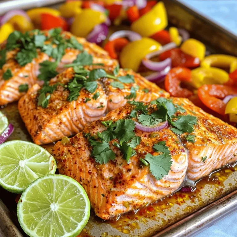 - 4 salmon fillets (6 oz each) - 2 tablespoons olive oil - 2 tablespoons lime juice (freshly squeezed) - 1 tablespoon chili powder - 1 teaspoon garlic powder - 1 teaspoon cumin - 1 teaspoon smoked paprika - Salt and pepper to taste The salmon fillets are the star of this dish. They are rich in flavor and full of healthy fats. I use olive oil and fresh lime juice to create a zesty marinade. The seasonings add a kick! Chili powder gives the salmon a nice heat, while garlic powder adds depth. Cumin and smoked paprika add warmth and a smoky touch. - 1 red bell pepper, sliced - 1 yellow bell pepper, sliced - 1 red onion, sliced Bell peppers and red onion bring color and crunch. They soak up the marinade well, making each bite tasty. I like to use both red and yellow bell peppers for a pop of color. The sweet taste of these veggies pairs perfectly with the spicy salmon. - Fresh cilantro, chopped (for garnish) - Lime wedges (for serving) To finish the dish, I sprinkle fresh cilantro on top. It adds a burst of freshness. I also serve lime wedges on the side. A squeeze of lime juice right before you eat makes everything even better! This dish is not just pretty but full of flavor. First, preheat your oven to 400°F (200°C). This high heat helps the salmon cook evenly. Next, take a large baking sheet and line it with parchment paper. This step makes cleanup easy and keeps the fish from sticking. In a small bowl, add 2 tablespoons of olive oil and 2 tablespoons of freshly squeezed lime juice. Then, mix in 1 tablespoon of chili powder, 1 teaspoon of garlic powder, 1 teaspoon of cumin, and 1 teaspoon of smoked paprika. Add salt and pepper to taste. Whisk all the ingredients together until they blend well. This marinade brings a burst of flavor to the salmon! Now, place the salmon fillets on one side of the prepared baking sheet. Brush half of your marinade over the fillets. This adds flavor and moisture. In a large bowl, combine the sliced red and yellow bell peppers with the sliced red onion. Drizzle the remaining marinade over the vegetables. Toss them until they are well coated. Spread the marinated vegetables on the sheet next to the salmon fillets. Pop the baking sheet into your preheated oven. Bake for about 15-20 minutes. You’ll know it’s done when the salmon flakes easily with a fork and the vegetables are tender. Keep an eye on it to avoid overcooking. Once finished, take it out of the oven and enjoy the colorful, tasty meal! To make the best marinade, start by tasting. You can adjust flavors to suit your taste. If you like it spicier, add more chili powder. For a zestier kick, add extra lime juice. Don't be shy with the salt and pepper. They help bring all the flavors together. Remember, the marinade is key to a tasty meal. Mix until well combined, and you’re ready to go! Checking if your salmon is done is easy. Use a fork to test the fish. If it flakes easily, it’s ready! Look for a light pink color. If it’s still dark or raw, give it more time. The key is not to overcook it. Salmon can dry out quickly. Keep an eye on it as it bakes for the best texture. Want to make your dish even better? You can add more spices and herbs. Try fresh garlic or ginger for a twist. Fresh herbs like parsley or dill can brighten the dish, too. A bit of lime zest can add a pop of flavor. Play with different spices like cayenne or coriander to find your perfect mix. Cooking is all about experimenting! {{image_2}} If you want to switch up the protein, you have great options. You can use other fish like tilapia or cod. Both cook well and soak up flavors nicely. If you prefer chicken, boneless chicken thighs work great. Just adjust the cooking time since chicken takes longer to cook. Always ensure the center is fully cooked for safety. Feel free to mix in other vegetables! Asparagus, zucchini, or broccoli can add color and nutrients. Root veggies like carrots or sweet potatoes also work well. They provide a nice bite and pair well with the chili lime flavor. Just cut them into even pieces to ensure they cook through. Want more kick? Add some diced jalapeños to the marinade. You can also try different spices. For a sweet twist, mix in honey or maple syrup. This balances the heat and adds a nice glaze. Experiment with fresh herbs like dill or parsley for a different taste. Each change can give you a new dish every time! Store any leftovers in an airtight container. Make sure the container is clean and dry. Place the salmon and vegetables together for best flavor. You can keep them in the fridge for up to three days. To reheat, use an oven set to 350°F (175°C). Place the salmon and veggies on a baking sheet. Cover them with foil to keep moisture in. Heat for about 10-15 minutes. Check to ensure the salmon is warm but not dry. You can freeze this dish for later. Wrap the salmon and veggies tightly in plastic wrap. Then, place them in a freezer bag. Mark the bag with the date. To thaw, move it to the fridge overnight. Reheat as mentioned above for the best taste. Bake salmon for 15-20 minutes at 400°F. The cooking time may change based on fillet size. Salmon is done when it flakes easily with a fork. A good rule is to check at 15 minutes. If it's not done, give it a few more minutes. Always keep an eye on your fish to avoid overcooking. Yes, you can use frozen salmon. Just make sure to thaw it first. You can thaw it overnight in the fridge or use the microwave. If you bake it frozen, add a few extra minutes to the cooking time. This helps ensure the fish cooks evenly. Just remember to test for doneness as you would with fresh salmon. If you don’t have lime juice, try lemon juice. It gives a nice zesty flavor too. You can also use vinegar, like apple cider or white vinegar. These options keep the acidity you need in the marinade. Adjust the amount based on your taste. Just a little will go a long way in adding flavor! This recipe uses fresh salmon, vibrant vegetables, and bold spices. You learned how to marinate and bake your dish for tasty results. Tips on storing and reheating keep leftovers fresh. You can even switch proteins or veggies to suit your taste. I encourage you to try this recipe. It's simple and lets you explore flavors. Cooking at home can be fun, healthy, and rewarding. Enjoy every bite!