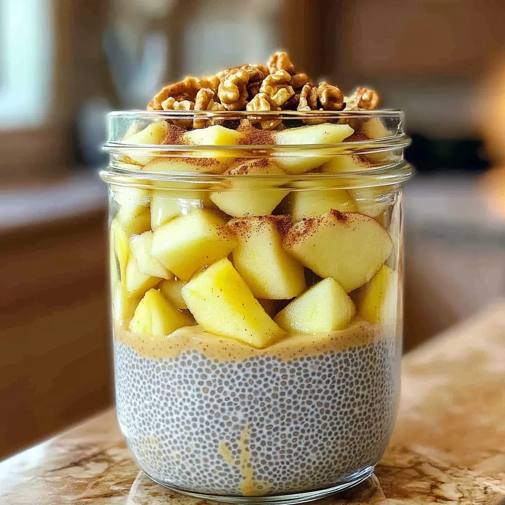 To make Apple Pie Overnight Chia Pudding, you need simple, healthy ingredients. Here’s what you will need: - 1/2 cup chia seeds - 2 cups almond milk (or any milk of choice) - 1 large apple, peeled and diced - 2 tablespoons maple syrup (adjust based on sweetness preference) - 1 teaspoon vanilla extract - 1 teaspoon ground cinnamon - 1/2 teaspoon nutmeg - 1/4 cup rolled oats - 1/4 cup walnuts or pecans, chopped - Pinch of salt These ingredients blend together to create a creamy and flavorful dish that tastes like dessert but is good for you. Chia seeds are tiny but mighty. They are packed with fiber, protein, and omega-3 fatty acids. Eating chia seeds can help you feel full longer. They also support heart health and digestion. Plus, they are easy to add to meals. Just soak them in liquid, and they grow to form a gel-like texture. This is perfect for our pudding. You can change some ingredients based on your taste or needs. For a nut-free option, use oat milk instead of almond milk. You can also swap maple syrup with honey or agave syrup. If you want a different flavor, try adding a splash of almond extract. For added crunch, use different nuts like almonds or sunflower seeds. Feel free to get creative! Start by gathering your ingredients. You will need chia seeds, almond milk, a large apple, maple syrup, vanilla extract, ground cinnamon, nutmeg, rolled oats, chopped walnuts or pecans, and a pinch of salt. In a large bowl, whisk together the almond milk, maple syrup, vanilla extract, ground cinnamon, nutmeg, and a pinch of salt. This mix gives the pudding its sweet and warm flavor. Now, add the chia seeds and rolled oats to the bowl. Stir well to combine everything. Make sure there are no clumps of chia seeds or oats. This step is key for a smooth pudding. Next, fold in the diced apples. Mix them evenly throughout the pudding. The apples add a nice crunch and fresh flavor. Cover the bowl with plastic wrap or transfer the mixture into individual jars. This helps keep them fresh. Place them in the fridge overnight, or for at least 4 to 6 hours. This time allows the chia seeds to soak up the liquid and expand. Before serving, give the pudding a good stir. If it feels too thick, add a splash of almond milk. This will help you reach your desired consistency. Top each serving with chopped walnuts or pecans and a sprinkle of cinnamon. This adds even more flavor and a nice texture. Enjoy your apple pie overnight chia pudding! To make the best chia pudding, start with quality chia seeds. Fresh seeds expand better and create a nice texture. Use a large bowl for mixing. This helps avoid clumps. Whisk your almond milk and sweeteners well before adding chia seeds. This step makes sure the pudding is smooth. Let it sit for a few minutes after mixing. This helps the seeds absorb the liquid. Stir it again to break up any clumps before chilling. You can change the flavors in this pudding easily. Try adding different spices like ginger or cardamom for a twist. If you want it sweeter, add more maple syrup or honey. You can also mix in other fruits like bananas or berries. For a creamier texture, use coconut milk instead of almond milk. Don’t forget to adjust the spices to match your new flavors. Serve your apple pie chia pudding in clear jars. This shows off the beautiful layers. Top each serving with chopped walnuts or pecans. A sprinkle of cinnamon adds extra flavor. You can also add a dollop of yogurt for creaminess. Serve it with a slice of apple on top for a sweet touch. Enjoy it as a breakfast or a dessert. It's perfect any time of day! {{image_2}} You can change the fruit to match the season. In spring, try fresh strawberries or peaches. Summer brings ripe blueberries or juicy watermelon. In autumn, add pears or cranberries for a twist. Winter is perfect for citrus like oranges or grapefruits. Each fruit adds its own flavor and texture. This recipe is already vegan-friendly. Use almond milk, oat milk, or coconut milk for a creamy base. You can sweeten it with agave syrup instead of maple syrup if you prefer. These swaps keep it plant-based and delicious. Toppings make your chia pudding special. Besides walnuts or pecans, try almonds or hazelnuts for crunch. Seeds like pumpkin or sunflower seeds add extra nutrition. Shredded coconut can give a tropical flair. Mix and match toppings to find your favorite combo! To keep your Apple Pie Overnight Chia Pudding fresh, store it in the fridge. Use airtight containers or jars with lids. This helps prevent any odors from getting in. Make sure to chill it right after making it. The pudding needs a good cold environment to set properly. If you have any leftovers, don't worry! You can store them in the same containers. Just seal them tightly and place them back in the fridge. You can enjoy them for breakfast or a snack later. If the pudding thickens too much, add a splash of almond milk before eating. Stir well to mix. Apple Pie Chia Pudding lasts about 4 to 5 days in the fridge. After that, it may not taste as good. Always check for any off smell or change in texture before eating. If it looks good, dig in! Enjoy your tasty creation while it's fresh. Chia pudding can last up to five days in the fridge. Store it in an airtight container. After five days, the texture may change, and the flavor could fade. Always check for any signs of spoilage before eating. Yes, you can use any milk you prefer. Almond milk works well, but oat, soy, or coconut milk are great options too. Each type brings its unique taste. Just choose what you enjoy most. Absolutely! This chia pudding is perfect for meal prep. You can make it ahead of time and portion it into jars. It saves time on busy mornings and keeps well in the fridge. Enjoy it throughout the week for a tasty breakfast! Chia pudding is simple to make with the right ingredients. We’ve covered its health benefits, preparation steps, and tips for storage. Customizing flavors and using seasonal fruits can keep your pudding exciting. Remember, chia pudding is versatile and can fit your dietary needs. With these easy guidelines, you can enjoy delicious apple pie chia pudding anytime. I hope this inspires you to try making your own. Enjoy your tasty and healthy treat!
