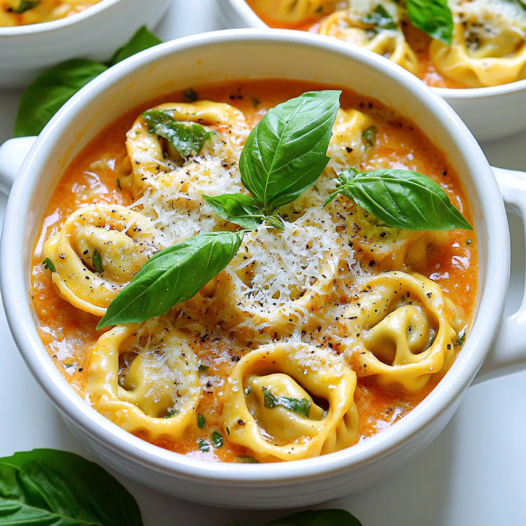 - 9 oz cheese tortellini (fresh or frozen) - 1 tablespoon olive oil - 1 small onion, finely chopped - 3 garlic cloves, minced - 1 (14 oz) can crushed tomatoes - 1 cup heavy cream - 1 teaspoon dried basil - Salt and pepper to taste - 1/4 cup grated Parmesan cheese - Fresh basil leaves for garnish To make creamy tomato basil tortellini, you need the right ingredients. First, I use cheese tortellini, either fresh or frozen. This pasta adds a rich flavor that pairs well with the sauce. Next, I sauté onion and garlic in olive oil. This step builds a great base for the sauce. Crushed tomatoes bring a delicious tang to the dish. Heavy cream adds a smooth and rich texture. I sprinkle in dried basil, salt, and pepper to enhance the taste. Finally, grated Parmesan cheese gives a salty kick. Fresh basil leaves add a pop of color and freshness on top. - Additional herbs or spices - Different types of cheese - Protein additions (e.g., chicken, shrimp) You can customize your dish with optional ingredients. For more flavor, try adding herbs like oregano or thyme. Different cheeses, like mozzarella or goat cheese, can change the taste. If you want protein, chicken or shrimp work well. These additions make the dish even more satisfying. To start, fill a large pot with water and add salt. Bring the water to a boil. The salt helps flavor the pasta. Once boiling, add the cheese tortellini. You can use fresh or frozen tortellini. Follow the package instructions for cooking time. Usually, it takes about 3 to 5 minutes. Cook until they are al dente, which means they are firm but not hard. When done, drain the tortellini and set them aside. Next, it's time to make the sauce. In the same pot, add a tablespoon of olive oil over medium heat. Once hot, add the finely chopped onion. Sauté the onion for about 3 to 4 minutes. You want it to be translucent. Then, add in the minced garlic. Sauté for one more minute until the garlic smells great. Now, pour in the can of crushed tomatoes and stir well. Let the sauce simmer for about 5 minutes. This helps the flavors mix nicely. Now, let’s make the sauce creamy. Lower the heat and add one cup of heavy cream. Stir it in well. Cook for another 3 to 4 minutes until the sauce thickens a bit. After that, add a teaspoon of dried basil, salt, and pepper to taste. Mix everything together. Now, grab the cooked tortellini and add them to the sauce. Toss gently until the tortellini is well-coated. Finally, stir in 1/4 cup of grated Parmesan cheese. This cheese should melt into the sauce, adding a rich flavor. When you are ready to serve, divide the creamy tortellini into bowls. Garnish each bowl with fresh basil leaves. Enjoy your delicious meal! To make sure your tortellini is al dente, follow this simple step. Boil water and add salt before cooking. Check the package for the cooking time. Often, it takes about 3-5 minutes. When you taste it, it should be firm yet tender. If your sauce is too thick, don’t worry. You can easily adjust it. Add a splash of pasta water or more heavy cream. Mix well until you reach your desired consistency. A creamy sauce coats the tortellini perfectly. You can make this dish vegan or dairy-free with a few swaps. Use plant-based tortellini made from chickpeas or lentils. For the sauce, replace heavy cream with coconut milk or cashew cream. This keeps the flavor rich and creamy. Feel free to add vegetables or proteins. Spinach, mushrooms, or zucchini work great. For protein, try grilled chicken or sautéed shrimp. These additions make the dish heartier and even more satisfying. Choose the right pots and pans for best results. A large pot is great for boiling tortellini. Use a deep skillet or saucepan for the sauce. This will help prevent spills while cooking. Also, keep essential kitchen tools handy. A wooden spoon is perfect for mixing. A slotted spoon helps you transfer the tortellini without extra water. Having these tools ready makes cooking easier and more fun. {{image_2}} You can change the flavor of creamy tomato basil tortellini easily. Adding spices or herbs gives a unique twist. Try red pepper flakes for heat. Fresh parsley or oregano can brighten the dish. You might also add a pinch of smoked paprika for a deep flavor. Incorporating roasted vegetables adds great taste. Roasted zucchini, bell peppers, or even spinach work well. Simply toss these veggies into the sauce. They add color and nutrients to your meal. For those needing gluten-free options, look for gluten-free tortellini. Many brands offer this now, so you don’t lose flavor. Just follow the package instructions closely. This makes it easy to enjoy the dish without worry. If you follow a low-carb or keto diet, use zucchini noodles instead of tortellini. This keeps the meal light and healthy. You still get that creamy sauce, making it satisfying. Creamy tomato basil tortellini pairs well with salads or bread. A light green salad with vinaigrette complements the dish nicely. Garlic bread or crusty rolls work well too. They soak up the delicious sauce perfectly. For presentation, divide the tortellini into bowls. Top with fresh basil leaves for a touch of color. A sprinkle of extra Parmesan cheese adds flair. It makes your meal look as good as it tastes! To store leftovers of creamy tomato basil tortellini, place them in an airtight container. This helps keep the dish fresh. You can store it in the fridge for up to three days. Make sure to let it cool down before sealing. For freezing, divide the tortellini into portions. Use freezer-safe containers or bags. Removing as much air as possible helps prevent freezer burn. It can last up to three months in the freezer. When you’re ready to eat, thaw the tortellini in the fridge overnight. For reheating, warm it gently on the stove. Add a splash of cream to restore its creamy texture. You can also microwave it, stirring occasionally to heat evenly. Yes, you can use store-bought tortellini. Fresh or frozen tortellini works well. Just follow the cooking time on the package. This saves time and still gives you great flavor. To add spice, try adding red pepper flakes. A teaspoon will give a nice kick. You can also use spicy sausage or hot sauce for more heat. Adjust the amount to your taste. You can use half-and-half or coconut cream. If you want a lighter option, use milk with a bit of flour. This will help thicken the sauce without heavy cream. This dish lasts about three to four days in the fridge. Store it in an airtight container. Reheat on the stove or in the microwave for best results. This blog post covered how to make a delicious tortellini dish. We explored the main and optional ingredients, along with step-by-step cooking instructions. I shared tips for perfecting your dish and ideas for customization. You learned about different flavor profiles and dietary adaptations. Don't forget to store your leftovers properly to enjoy later. Cooking should be fun and creative. Now, it’s time for you to try this recipe and make it your own!