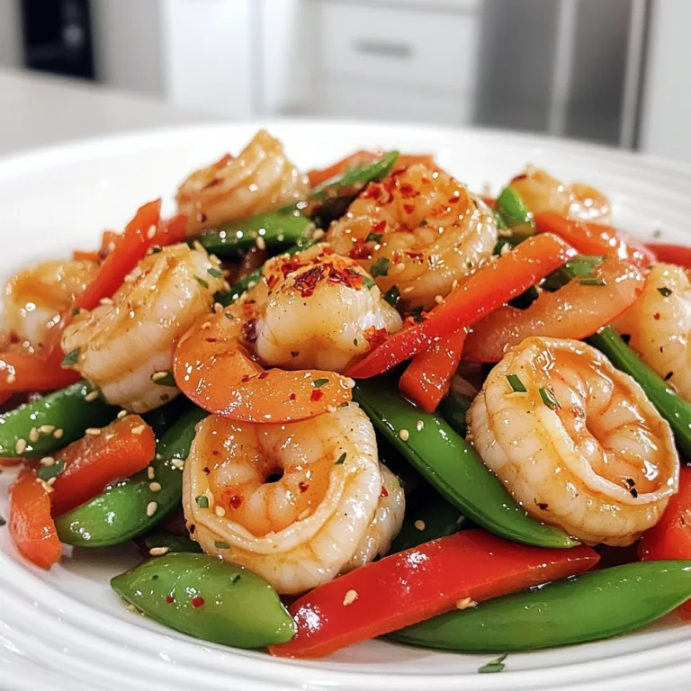 - 1 pound large shrimp, peeled and deveined - 3 tablespoons olive oil - 4 cloves garlic, minced - 1 teaspoon red chili flakes - 1 tablespoon fresh ginger, minced - 1 red bell pepper, sliced - 1 cup snap peas, trimmed - 3 green onions, chopped - 2 tablespoons low-sodium soy sauce - 1 tablespoon sesame oil - Salt and pepper to taste - Fresh cilantro for garnish (optional) Gathering the right ingredients is key for this dish. You need large shrimp, garlic, and chili flakes for heat. Ginger adds a warm flavor, while red bell pepper and snap peas bring crunch. Green onions add fresh taste, and soy sauce and sesame oil give depth. Don't forget salt, pepper, and cilantro if you like. These ingredients work together to create a quick, zesty meal that bursts with flavor. Start by tossing the shrimp in a bowl. Add half of the minced garlic, red chili flakes, ginger, and a pinch of salt and pepper. Mix well to coat the shrimp evenly. Let it sit for about 10 minutes. This step helps the shrimp absorb all the flavors. Heat 3 tablespoons of olive oil in a large skillet over medium-high heat. Once the oil shimmers, add the remaining minced garlic. Sauté it for about 30 seconds. Be careful not to let it burn, as burnt garlic can taste bitter. Next, add the marinated shrimp to the skillet in a single layer. Cook for about 2 minutes on one side until they turn pink and slightly charred. Then flip the shrimp and cook for 1 more minute. Remove the shrimp from the skillet and set them aside. In the same skillet, add the sliced red bell pepper and snap peas. Stir-fry them for about 3-4 minutes. You want them to be tender but still crisp. Now it's time to bring everything together. Return the cooked shrimp to the skillet. Pour in 2 tablespoons of low-sodium soy sauce and drizzle with 1 tablespoon of sesame oil. Toss everything well to coat the shrimp and veggies. Heat through for about 1-2 minutes. Finally, stir in the chopped green onions. Taste and adjust the seasoning with more salt, pepper, or chili flakes if needed. Serve the stir fry hot, garnished with fresh cilantro if you like. Enjoy your quick and zesty meal! To get the best shrimp, avoid overcooking. When shrimp cook too long, they turn rubbery. Cook them just until they are pink. This usually takes about three minutes. To check for doneness, look for a C-shape. If they curl into a tight "C," they are done. If they form an "O," they are overcooked. You can change the spice level to fit your taste. If you want it milder, use less chili flakes. For more heat, add more chili flakes or a splash of hot sauce. Fresh herbs can add a nice touch. Try using basil or parsley for a fresh flavor. Cilantro also pairs well with shrimp. Add it right before serving for the best taste. Prep your ingredients in advance. Chop the veggies and mince the garlic before you start cooking. This way, you will save time when you are ready to stir-fry. Use a large skillet or wok to cook everything in one pan. This keeps it quick and makes cleanup easy. If you have a rice cooker, use it to cook rice while you stir-fry. This gives you a complete meal in no time. {{image_2}} You can easily switch proteins in this dish. Try using chicken, tofu, or beef. Each will bring its own flavor. For chicken, cut it into small pieces and cook until golden. Tofu works well, too. Just press it to remove excess moisture. Beef adds a hearty touch. Use thin strips for quick cooking. Each option will keep the dish quick and tasty. Feel free to mix in other vegetables. Carrots, broccoli, or bell peppers work great. You can also use zucchini or mushrooms for a different taste. Just make sure to cut them small. This helps them cook evenly. You can even add baby corn or bok choy for a crunchy bite. The more colors you add, the prettier your dish will look! Want to change the flavor? Swap out the soy sauce for teriyaki or oyster sauce. If you like it spicy, add sriracha or chili paste. For a sweeter taste, try hoisin sauce. Each sauce will create a unique dish. Don’t be afraid to experiment with flavors. Mixing and matching sauces is a fun way to make this recipe your own! Store your leftover stir fry in a tight container. Glass or BPA-free plastic containers work best. Make sure to cool the dish to room temperature before sealing. This helps to keep your shrimp tender and tasty. To reheat, use a skillet over low heat. This method warms the shrimp gently, keeping them from getting tough. You can add a splash of water or soy sauce to help steam the shrimp and keep them moist. Stir often until heated through. If you want to save some stir fry for later, freezing works well. Place the cooled stir fry in a freezer-safe bag. Remove as much air as possible before sealing. Label the bag with the date. This meal can last up to three months in the freezer. To enjoy, thaw overnight in the fridge and reheat as mentioned above. This dish comes together fast. It takes about 10 minutes to prep and 10 minutes to cook. In just 20 minutes, you have a tasty meal ready. Yes, you can use frozen shrimp. Just thaw them first. Place the shrimp in cold water for about 10-15 minutes. Once thawed, follow the recipe as usual. You can serve this stir fry with rice or noodles. A simple salad also pairs well. Try serving it with steamed broccoli or a fresh vegetable medley. The spice level can be adjusted. Start with 1 teaspoon of chili flakes for mild heat. If you want more spice, add more after cooking. Taste as you go to find your perfect balance. This blog post covered a quick and tasty Minute Chili Garlic Shrimp Stir Fry. We explored the key ingredients, like shrimp, garlic, and fresh veggies. I shared step-by-step instructions to make cooking easy. Plus, you learned tips for perfect shrimp, flavor adjustments, and time-saving tricks. Try different proteins and veggies for variety. Remember to store leftovers properly. Enjoy this dish for a quick meal that packs flavor! You can make it your own with simple changes.