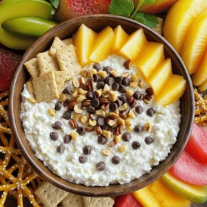 - 1 cup cottage cheese - 1/4 cup creamy peanut butter - 1/4 cup maple syrup - 1 teaspoon vanilla extract Cottage cheese is the star here. It gives the dip its creamy base. I love using it because it adds protein and texture. Creamy peanut butter adds rich flavor and smoothness. Maple syrup brings the sweetness, making the dip taste like cookie dough. A touch of vanilla extract adds a warm, inviting aroma. - 1/4 cup mini chocolate chips - 1/4 cup chopped nuts (walnuts or pecans) - A pinch of salt Mini chocolate chips add fun bursts of chocolate in every bite. You can choose walnuts or pecans for a nice crunch. A pinch of salt helps balance the sweetness. This mix makes the dip taste even better and adds layers of flavor. - Sliced fruits - Graham crackers - Pretzels For dipping, I like using sliced fruits, like apples or bananas. They pair really well with the dip. Graham crackers add a sweet crunch, perfect for kids. Pretzels bring a salty twist that contrasts nicely with the sweet dip. Each option makes the dip fun and tasty. In a medium bowl, start your dip. Combine 1 cup of cottage cheese with 1/4 cup of creamy peanut butter. Add in 1/4 cup of maple syrup for sweetness. Then, pour in 1 teaspoon of vanilla extract. Lastly, add a pinch of salt. This mix gives a nice flavor base. Next, grab a hand mixer or a whisk. Blend the mixture until it is smooth and creamy. I like to leave some small cottage cheese curds for texture. This gives the dip a fun feel when you eat it. Now it&rsquo;s time for the fun part! Gently fold in 1/4 cup of mini chocolate chips and 1/4 cup of chopped nuts. You can use walnuts or pecans. Mix until they are evenly spread in the dip. Taste it! If you want it sweeter, add more maple syrup. Now, transfer your dip to a serving bowl and chill it in the fridge for about 30 minutes. This helps the flavors mix well. Serve with sliced fruits, graham crackers, or pretzels. Enjoy this tasty treat! To make your dip smooth, blend the cottage cheese well. I like to use a hand mixer. This gives a nice texture. You want it creamy but still have small curds. Don't rush this step; it sets the base for your dip. Always taste your dip before serving. If you want it sweeter, add more maple syrup. Mix it in little by little. This way, you can control the flavor. Everyone has different tastes, so adjust as needed. Serve your dip in a fun bowl for a great look. I love to arrange sliced fruits around it. Graham crackers and pretzels also work well. These add crunch and flavor. You can even sprinkle some extra chocolate chips on top for style. {{image_2}} You can easily change the taste of your dip. Adding cocoa powder gives it a rich chocolate flavor. Start with one tablespoon and mix it in well. If you love nutty flavors, try other nut butters. Almond or cashew butter can bring a new twist. Just swap them for the peanut butter. This will add a unique taste to your dip. For those who watch their sugar, low-sugar options work well. You can use sugar-free maple syrup instead of regular. This keeps the sweetness without extra sugar. If you need a dairy-free option, try using silken tofu. Blend it until smooth, and it can replace cottage cheese. This way, everyone can enjoy the dip. Make your dip fun for any time of year. In spring, add fresh strawberries or raspberries. In fall, spices like cinnamon or pumpkin spice can be great. These flavors can make your dip feel special with the seasons. Just fold in chopped fruits or spices before chilling. This makes each bite a tasty surprise! To keep your Cottage Cheese Cookie Dough Dip fresh, use an airtight container. This helps to seal in flavors and avoid any unwanted odors from your fridge. Make sure the lid fits snugly. If you don&rsquo;t have a container, plastic wrap can work too. Just press it directly on the dip's surface to reduce air exposure. The dip lasts about 5 days in the fridge. Store it right after making it. You want to avoid letting it sit out too long. Always check for any signs of spoilage before enjoying it again. If it looks or smells off, it&rsquo;s better to toss it. Yes, you can freeze this dip! To do it, scoop the dip into a freezer-safe container. Leave some space at the top, as the dip will expand when frozen. You can freeze it for up to 2 months. When you're ready to eat it, thaw it overnight in the fridge. After thawing, give it a good mix to restore its creamy texture. You can use Greek yogurt as a base. It has a similar texture and taste. Cream cheese is another option, though it may make the dip richer. Silken tofu can also work for a dairy-free choice. Each option gives a unique twist to your dip. Yes, you can prepare the dip ahead of time. Make it and store it in the fridge. It will stay fresh for about three days. Just be sure to keep it in an airtight container. This makes it easy for parties or quick snacks. To cut down on sugar, use less maple syrup. You can also swap it for honey or a sugar substitute. For fewer calories, try using low-fat cottage cheese. Adding more nuts or fruit boosts nutrition without extra sugar. This blog post covered a creamy dip with cottage cheese, peanut butter, and more. We explored mixing tips, suggested toppings, and tasty variations. You can easily adjust sweetness to suit your taste. Remember to store it in an airtight container for freshness. Whether you want a sweet treat or a healthy snack, this dip can fit your needs. Have fun experimenting with flavors and enjoy sharing this delicious dip with friends and family!