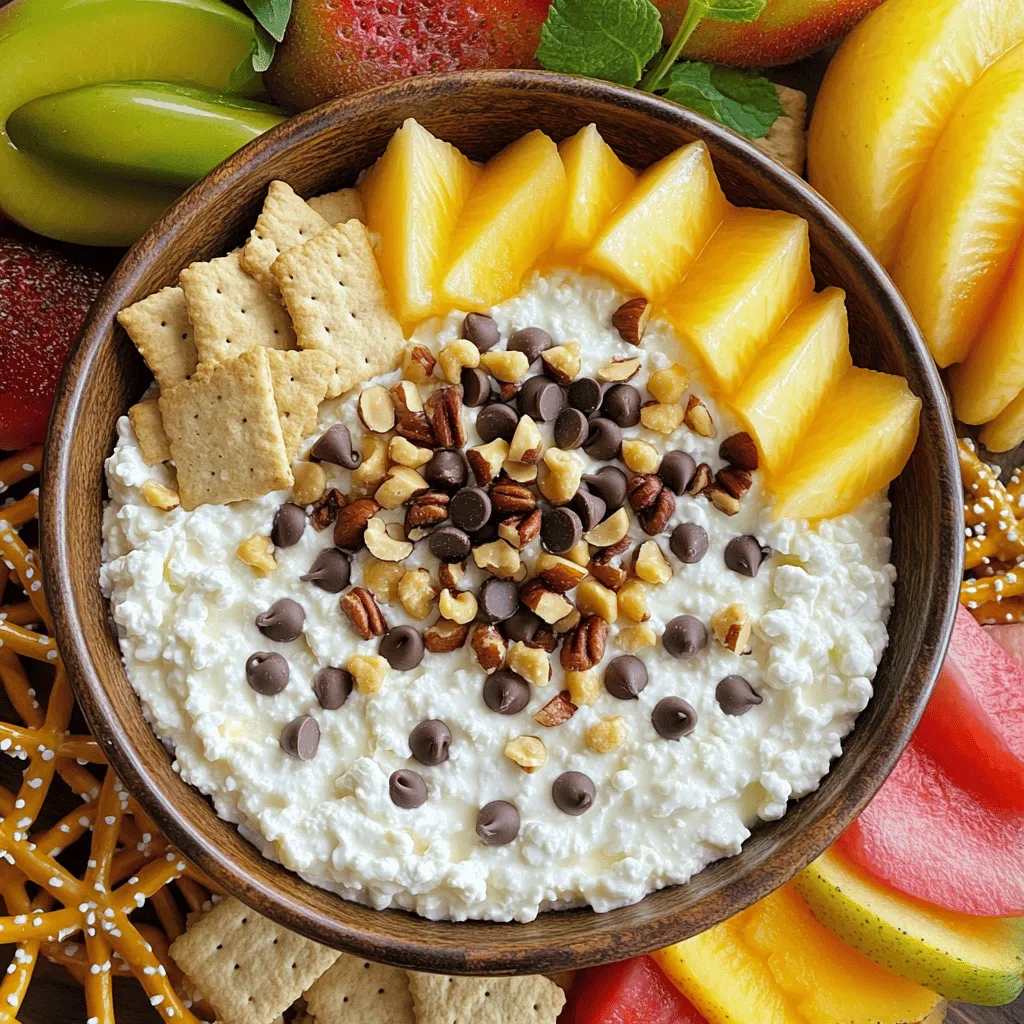 - 1 cup cottage cheese - 1/4 cup creamy peanut butter - 1/4 cup maple syrup - 1 teaspoon vanilla extract Cottage cheese is the star here. It gives the dip its creamy base. I love using it because it adds protein and texture. Creamy peanut butter adds rich flavor and smoothness. Maple syrup brings the sweetness, making the dip taste like cookie dough. A touch of vanilla extract adds a warm, inviting aroma. - 1/4 cup mini chocolate chips - 1/4 cup chopped nuts (walnuts or pecans) - A pinch of salt Mini chocolate chips add fun bursts of chocolate in every bite. You can choose walnuts or pecans for a nice crunch. A pinch of salt helps balance the sweetness. This mix makes the dip taste even better and adds layers of flavor. - Sliced fruits - Graham crackers - Pretzels For dipping, I like using sliced fruits, like apples or bananas. They pair really well with the dip. Graham crackers add a sweet crunch, perfect for kids. Pretzels bring a salty twist that contrasts nicely with the sweet dip. Each option makes the dip fun and tasty. In a medium bowl, start your dip. Combine 1 cup of cottage cheese with 1/4 cup of creamy peanut butter. Add in 1/4 cup of maple syrup for sweetness. Then, pour in 1 teaspoon of vanilla extract. Lastly, add a pinch of salt. This mix gives a nice flavor base. Next, grab a hand mixer or a whisk. Blend the mixture until it is smooth and creamy. I like to leave some small cottage cheese curds for texture. This gives the dip a fun feel when you eat it. Now it’s time for the fun part! Gently fold in 1/4 cup of mini chocolate chips and 1/4 cup of chopped nuts. You can use walnuts or pecans. Mix until they are evenly spread in the dip. Taste it! If you want it sweeter, add more maple syrup. Now, transfer your dip to a serving bowl and chill it in the fridge for about 30 minutes. This helps the flavors mix well. Serve with sliced fruits, graham crackers, or pretzels. Enjoy this tasty treat! To make your dip smooth, blend the cottage cheese well. I like to use a hand mixer. This gives a nice texture. You want it creamy but still have small curds. Don't rush this step; it sets the base for your dip. Always taste your dip before serving. If you want it sweeter, add more maple syrup. Mix it in little by little. This way, you can control the flavor. Everyone has different tastes, so adjust as needed. Serve your dip in a fun bowl for a great look. I love to arrange sliced fruits around it. Graham crackers and pretzels also work well. These add crunch and flavor. You can even sprinkle some extra chocolate chips on top for style. {{image_2}} You can easily change the taste of your dip. Adding cocoa powder gives it a rich chocolate flavor. Start with one tablespoon and mix it in well. If you love nutty flavors, try other nut butters. Almond or cashew butter can bring a new twist. Just swap them for the peanut butter. This will add a unique taste to your dip. For those who watch their sugar, low-sugar options work well. You can use sugar-free maple syrup instead of regular. This keeps the sweetness without extra sugar. If you need a dairy-free option, try using silken tofu. Blend it until smooth, and it can replace cottage cheese. This way, everyone can enjoy the dip. Make your dip fun for any time of year. In spring, add fresh strawberries or raspberries. In fall, spices like cinnamon or pumpkin spice can be great. These flavors can make your dip feel special with the seasons. Just fold in chopped fruits or spices before chilling. This makes each bite a tasty surprise! To keep your Cottage Cheese Cookie Dough Dip fresh, use an airtight container. This helps to seal in flavors and avoid any unwanted odors from your fridge. Make sure the lid fits snugly. If you don’t have a container, plastic wrap can work too. Just press it directly on the dip's surface to reduce air exposure. The dip lasts about 5 days in the fridge. Store it right after making it. You want to avoid letting it sit out too long. Always check for any signs of spoilage before enjoying it again. If it looks or smells off, it’s better to toss it. Yes, you can freeze this dip! To do it, scoop the dip into a freezer-safe container. Leave some space at the top, as the dip will expand when frozen. You can freeze it for up to 2 months. When you're ready to eat it, thaw it overnight in the fridge. After thawing, give it a good mix to restore its creamy texture. You can use Greek yogurt as a base. It has a similar texture and taste. Cream cheese is another option, though it may make the dip richer. Silken tofu can also work for a dairy-free choice. Each option gives a unique twist to your dip. Yes, you can prepare the dip ahead of time. Make it and store it in the fridge. It will stay fresh for about three days. Just be sure to keep it in an airtight container. This makes it easy for parties or quick snacks. To cut down on sugar, use less maple syrup. You can also swap it for honey or a sugar substitute. For fewer calories, try using low-fat cottage cheese. Adding more nuts or fruit boosts nutrition without extra sugar. This blog post covered a creamy dip with cottage cheese, peanut butter, and more. We explored mixing tips, suggested toppings, and tasty variations. You can easily adjust sweetness to suit your taste. Remember to store it in an airtight container for freshness. Whether you want a sweet treat or a healthy snack, this dip can fit your needs. Have fun experimenting with flavors and enjoy sharing this delicious dip with friends and family!