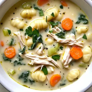 To make this cozy soup, gather these simple ingredients: - 1 pound boneless, skinless chicken thighs - 4 cups chicken broth - 1 cup carrots, diced - 1 cup celery, diced - 1 medium onion, chopped - 3 cloves garlic, minced - 1 teaspoon dried thyme - 1 teaspoon dried oregano - 1/2 teaspoon black pepper - 1 cup heavy cream - 1 package (16 ounces) gnocchi - 2 cups fresh spinach, roughly chopped - Salt to taste - Fresh parsley, chopped (for garnish) Each ingredient plays a role in making this soup tasty. The chicken thighs add rich flavor and stay moist during cooking. The chicken broth forms the soup's base, bringing depth to every bite. Carrots and celery give sweetness and crunch, while onion and garlic add warmth. Dried thyme and oregano bring herb notes that elevate the dish. Black pepper adds a gentle kick. Heavy cream makes the soup creamy, and spinach adds freshness. Finally, parsley adds a pop of color and flavor when served. You can easily adjust this recipe based on what you have. If you prefer chicken breast, that works too. Use vegetable broth for a lighter soup. Swap out carrots for bell peppers or peas. You can use shallots instead of onion for a milder taste. If you want fewer calories, try using half-and-half instead of heavy cream. For a dairy-free option, coconut milk is a great choice. Gnocchi can be replaced with small pasta shapes if needed. Start by gathering all your ingredients. You will need: - 1 pound boneless, skinless chicken thighs - 4 cups chicken broth - 1 cup carrots, diced - 1 cup celery, diced - 1 medium onion, chopped - 3 cloves garlic, minced - 1 teaspoon dried thyme - 1 teaspoon dried oregano - 1/2 teaspoon black pepper - Salt to taste In your slow cooker, combine the chicken thighs, chicken broth, diced carrots, diced celery, chopped onion, minced garlic, thyme, oregano, and black pepper. This mix gives your soup a great base. Make sure everything is well mixed. Cover the slow cooker and set it to low for 6-7 hours or high for 3-4 hours. The chicken should be fully cooked and tender when done. Cooking on low lets the flavors blend nicely. You can check the chicken with a fork to see if it shreds easily. Once your chicken is tender, take it out of the slow cooker. Place it on a cutting board. Use two forks to shred the chicken into small pieces. Return the shredded chicken to the slow cooker. Now, it&rsquo;s time to make it creamy! Stir in 1 cup of heavy cream and the gnocchi. Cover the slow cooker and cook on low for another 30 minutes. This step cooks the gnocchi and makes the soup rich. Just before serving, add 2 cups of chopped spinach. Stir until the spinach wilts. Season with salt to taste. Now, your soup is ready to enjoy! To get the best texture for gnocchi in your soup, follow a few easy steps. First, add the gnocchi to the soup only during the last 30 minutes of cooking. This keeps them soft but not mushy. If you cook them too long, they may break apart. If you want a slightly firmer bite, consider cooking them separately and adding them just before serving. This gives you more control over their texture. Using the right herbs and spices can make your soup shine. I love adding dried thyme and oregano, as they pair well with chicken. You can also try fresh herbs for a stronger flavor. Fresh parsley works great as a finishing touch. If you enjoy a kick, consider adding a pinch of red pepper flakes. This adds warmth without overpowering the dish. For the best results with your slow cooker, always check the seal before cooking. A tight seal keeps moisture in and helps flavors meld. Avoid lifting the lid while it cooks; this releases heat and alters cooking time. If you need to check, do it quickly. Lastly, feel free to adjust the cooking time. If your chicken is small, it may cook faster. Always ensure it reaches a safe internal temperature of 165&deg;F. {{image_2}} If you need to change the recipe for health reasons, you have options. For a lighter soup, use low-fat milk instead of heavy cream. You can also swap out chicken broth for vegetable broth to make it vegetarian. If you're dairy-free, try coconut milk. It adds a nice creaminess too. For gluten-free gnocchi, look for options made from rice or potato flour. While chicken thighs are great, other proteins work well too. You can use chicken breasts if you prefer leaner meat. If you want something different, turkey is a nice choice. For a vegetarian twist, add lentils or chickpeas. Both add protein and texture without meat. You can also use diced sausage for added flavor. Want to mix up the flavor? Add a splash of lemon juice for brightness. You could toss in some red pepper flakes for heat. Fresh herbs like basil or dill can change the taste too. If you enjoy a smoky flavor, try adding smoked paprika. For a richer taste, throw in a tablespoon of soy sauce or Worcestershire sauce. Each of these changes can make your soup feel new and exciting! To keep your soup fresh, let it cool first. Once cool, pour it into an airtight container. Make sure to leave space at the top for expansion. Store it in the fridge for up to three days. If you want to keep it longer, consider freezing. When you're ready to enjoy your soup again, pour it into a pot. Heat it on low to medium heat, stirring often. This helps the soup warm evenly. You can also use the microwave. Just heat in short bursts and stir in between. If you freeze the soup, it can last up to three months. Use freezer-safe containers for best results. When ready to eat, thaw it overnight in the fridge. Then, reheat it as mentioned above. Just know that the gnocchi may be softer after freezing. This soup keeps well for 3 to 4 days in the fridge. Make sure you store it in an airtight container. The flavors get even better after a day. If you want to enjoy it later, you can freeze it too. Just remember to let it cool before freezing. Yes, you can use frozen gnocchi! Just add them to the slow cooker with the cream. They will cook perfectly in the soup. You don&rsquo;t need to thaw them first. This saves you some time and makes meal prep easier. The soup is not gluten-free with regular gnocchi. Most gnocchi contains wheat flour. If you need a gluten-free option, look for gluten-free gnocchi made from potatoes or rice flour. Always check the package to be sure. Yes, you can make this soup on the stovetop. Start by cooking the chicken and veggies in a pot. Then, add the broth and herbs. Simmer until the chicken is cooked. Shred the chicken and follow the steps to add the cream and gnocchi. It will take about 30 to 40 minutes total on the stovetop. In this blog post, we explored the key ingredients for a tasty slow cooker creamy chicken gnocchi soup. We discussed how to prepare, cook, and shred ingredients to create the perfect texture. I shared useful tips to enhance flavors and suggested variations for different diets. Storing and reheating leftovers was also covered. This soup is simple to make and can fit your needs. Enjoy creating your own delicious version and share it with others!