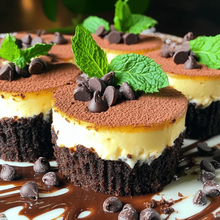 For these tasty chocolate mint cheesecake cups, you need some key ingredients. Here’s what you'll use: - 1 cup chocolate cookie crumbs (like Oreo or Graham crackers) - 4 tablespoons unsalted butter, melted - 16 oz cream cheese, softened - 1 cup powdered sugar - 1 teaspoon mint extract - 1 cup heavy whipping cream - 2 tablespoons cocoa powder These ingredients create the rich, creamy filling and a crunchy crust. The mint extract adds a nice burst of flavor that pairs perfectly with chocolate. To make your cheesecakes even more fun, consider these toppings: - 2 tablespoons mini chocolate chips (for topping) - Fresh mint leaves (for garnish) These toppings not only add flavor but also make your desserts look fancy. You can even drizzle some melted chocolate around the cups for extra flair. If you need to swap out some ingredients, here are a few ideas: - For cookie crumbs, use any chocolate cookie you like. - Instead of cream cheese, try a non-dairy cream cheese for a dairy-free option. - You can use a sugar substitute in place of powdered sugar if you want a lower sugar treat. These substitutions keep the recipe flexible and fun. Enjoy customizing your cheesecake cups! Start by gathering your chocolate cookie crumbs. You can use Oreo cookies or Graham crackers. In a medium bowl, mix the crumbs with melted butter. Stir until the mix looks like wet sand. This texture helps the crust hold together well. Next, divide the mixture into your serving cups. Press it down firmly to create a nice layer. This base is key to a great cheesecake cup. Now, let’s make the creamy filling. In a large mixing bowl, beat softened cream cheese with an electric mixer. Keep mixing until it’s smooth and creamy. Gradually add powdered sugar and mint extract. It should taste sweet and minty. In a separate bowl, whip heavy cream until stiff peaks form. This makes the filling light and fluffy. Now, gently fold the whipped cream into the cream cheese mix. Be careful not to deflate the whipped cream. This step creates a velvety texture. Next, it’s time to fill the cups. Scoop the cream cheese mixture onto the chocolate crust layer. Be sure to divide it evenly among all cups. For a fun touch, sprinkle a light layer of cocoa powder on top. This adds an extra chocolate layer. Refrigerate your cheesecake cups for at least four hours. This time allows them to set properly. The longer they chill, the firmer they become. For best results, cover the cups loosely with plastic wrap. This keeps them fresh without sticking. When ready to serve, add mini chocolate chips and a mint leaf on top. These last touches make each cup look beautiful and inviting. To get the best whipped cream, start with cold heavy cream. Cold cream whips faster and gets thicker. Use a clean bowl and beaters for the best results. Beat the cream until you see stiff peaks. This means the cream holds its shape. Be gentle when you mix it with the cream cheese. Folding helps keep the air in the whipped cream, making it light and fluffy. A smooth cheesecake is key to great flavor. Make sure your cream cheese is very soft before mixing. This helps it blend smoothly with the sugar and mint extract. Add powdered sugar slowly. Mixing too fast can cause lumps. If your mixture is grainy, try blending it a bit longer. Using an electric mixer helps break down any clumps. For a stunning look, serve the cheesecake cups on a pretty platter. You can drizzle melted chocolate around the cups for flair. Sprinkle crushed cookies on top for added texture. Each cup can use a mint leaf for garnish. This adds color and freshness. It makes your dessert even more tempting. {{image_2}} You can mix things up with different flavors! Instead of mint, try vanilla or raspberry. For vanilla, swap the mint extract with pure vanilla extract. This gives a smooth and rich taste. For raspberry, add fresh or frozen raspberries to the cream cheese. This adds a fruity twist. Each flavor brings its own fun, so get creative! Want a lighter option? Use low-fat cream cheese instead of regular cream cheese. It cuts some calories but keeps the flavor. You can also use sugar substitutes like stevia or erythritol. These sweeteners work well and lower the sugar content. Your cheesecake will still taste amazing, and you can enjoy it guilt-free. If you need a gluten-free crust, use gluten-free chocolate cookies. Brands like gluten-free Oreos or any chocolate gluten-free cookies work great. Just crush them and mix with melted butter like the recipe says. This way, everyone can enjoy these tasty cheesecake cups without worry. Store your chocolate mint cheesecake cups in the refrigerator. Use an airtight container to keep them fresh. Make sure the cups are covered well to prevent drying out. If you stack them, place a piece of parchment paper between layers. This will help keep the toppings intact. These cheesecake cups last about 3 to 5 days in the fridge. After that, they may lose their fresh taste. Always check for any signs of spoilage before eating. If they smell off or look strange, it’s best to toss them out. You can freeze these cheesecake cups for up to 2 months. To freeze, wrap each cup tightly in plastic wrap. Then, place them in a freezer-safe bag. When you're ready to enjoy them, thaw them in the fridge overnight. This keeps their taste and texture just right. Yes, you can use other cookies for the crust. Graham crackers work well if you want a milder taste. You can also try chocolate wafer cookies for a richer flavor. Just crush them into fine crumbs and mix with melted butter. The key is to get a nice, firm base for your cheesecake cups. You can make these cheesecake cups a day before you plan to serve them. Follow all the steps and then chill them in the fridge for at least four hours. This way, they set nicely and the flavors blend together. Just remember to add toppings right before serving for the best look. For a great presentation, arrange the cups on a colorful platter. Drizzling melted chocolate around the cups adds a nice touch. You can also sprinkle crushed cookies on top for extra crunch. Fresh mint leaves not only look good but also enhance the mint flavor. Yes, you can make these cheesecake cups dairy-free. Use dairy-free cream cheese and coconut cream instead of heavy cream. Check the labels to ensure they are free from dairy products. This way, everyone can enjoy these tasty treats without any worry. This blog post covered how to make chocolate mint cheesecake cups from start to finish. We explored essential ingredients, step-by-step instructions, and tips to ensure success. You now know fun variations and how to store these treats. Remember, with a few adjustments, you can customize this dessert for any taste. Enjoy making and sharing your delicious cheesecake cups!