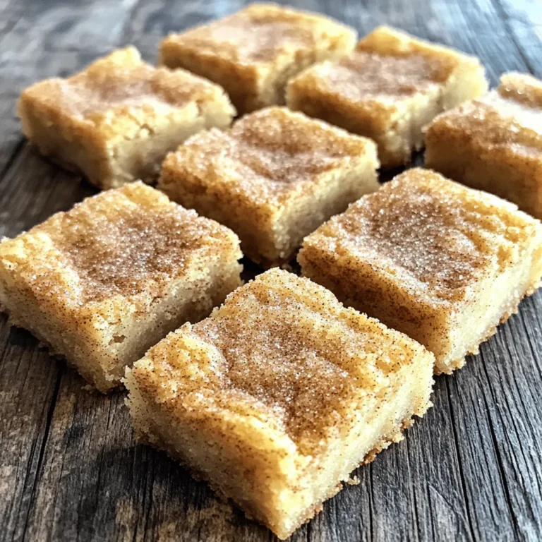 - 1 cup unsalted butter, softened - 1 cup brown sugar, packed - 1/2 cup granulated sugar - 2 large eggs - 2 teaspoons vanilla extract The main ingredients create the base for your snickerdoodle blondies. Unsalted butter helps give a rich flavor. The brown sugar adds moisture and a slight caramel taste. The granulated sugar balances the sweetness. Eggs bind everything together, while vanilla extract enhances the flavor. - 2 cups all-purpose flour - 1 teaspoon baking powder - 1/2 teaspoon baking soda - 1/2 teaspoon salt - 1 tablespoon ground cinnamon Dry ingredients are vital for structure. All-purpose flour gives the blondies their chewy texture. Baking powder and baking soda help the blondies rise. Salt intensifies flavors, while ground cinnamon adds that warm, cozy taste we love in snickerdoodles. - 1/4 cup granulated sugar for topping - 1 tablespoon ground cinnamon for topping The topping takes these blondies to the next level. A mix of granulated sugar and cinnamon creates a sweet crust. This crust contrasts perfectly with the soft, chewy center. It makes every bite delightful and adds that classic snickerdoodle flair. Preheating Oven and Preparing the Baking Pan Start by preheating your oven to 350°F (175°C). This step is key for even baking. Next, grab a 9x13-inch baking pan. Line it with parchment paper, leaving some paper hanging over the sides. This makes it easy to lift out the blondies later. Creaming the Butter and Sugars In a large bowl, take 1 cup of softened unsalted butter. Add in 1 cup of packed brown sugar and 1/2 cup of granulated sugar. Use a mixer to cream these together until the mixture is smooth and creamy. This step adds air to your batter, giving your blondies a light texture. Incorporating Eggs and Vanilla Now, add 2 large eggs to your creamed butter and sugars. Mix one egg at a time until well combined. Then, stir in 2 teaspoons of vanilla extract for that warm flavor. This combination makes your blondies taste amazing. Combining Dry and Wet Ingredients In another bowl, whisk together 2 cups of all-purpose flour, 1 teaspoon of baking powder, 1/2 teaspoon of baking soda, 1/2 teaspoon of salt, and 1 tablespoon of ground cinnamon. Gradually add this dry mixture to your wet ingredients. Mix just until combined; do not overmix. Overmixing can lead to tough blondies. Spreading Batter and Adding Topping Spread the batter evenly into your prepared baking pan. In a small bowl, mix 1/4 cup of granulated sugar and 1 tablespoon of ground cinnamon. Evenly sprinkle this mixture over the top of the batter. This gives a sweet and spicy touch. Baking Time and Testing for Doneness Bake your blondies in the preheated oven for 20-25 minutes. Check for doneness by inserting a toothpick in the center. It should come out with a few moist crumbs but not wet batter. Once done, remove the pan from the oven and let it cool for about 20 minutes before lifting the blondies out. Let them cool completely on a wire rack before cutting into squares. Enjoy your delicious snickerdoodle blondies! - Room Temperature Ingredients: Always use room temperature butter and eggs. This mix helps create a smooth batter. Cold ingredients can lead to lumps. For best results, take them out ahead of time. - Avoiding Overmixing: Mix your batter just until combined. Overmixing can make your blondies tough. You want them soft and chewy, not dense. Stir gently to keep the texture light. - Best Storage Practices: Store your blondies in an airtight container. They keep well at room temperature for up to a week. For longer storage, refrigerate them. Just be sure to wrap them well. - Reheating for Optimal Taste: To enjoy your blondies warm, reheat them in the microwave for about 10-15 seconds. This step revives the soft, chewy texture. Serve warm for the best flavor. - Pairing with Ice Cream: Serve your blondies with a scoop of vanilla ice cream. The cold ice cream contrasts perfectly with the warm blondies. It's a delightful treat for all ages. - Adding a Drizzle or Sauce: Drizzle caramel or chocolate sauce on top for extra sweetness. This addition enhances the flavor and makes your blondies look fancy. You can also sprinkle more cinnamon sugar for added flair. {{image_2}} You can change up the flavors in your snickerdoodle blondies. Here are two fun ideas: - Chocolate Chip Snickerdoodle Blondies: Add one cup of chocolate chips to the batter. This mix gives a sweet twist to the classic flavor. The rich chocolate pairs well with the cinnamon. - Nutty Snickerdoodle Blondies: Mix in half a cup of chopped nuts, like pecans or walnuts. This adds a nice crunch and enhances the overall taste of your blondies. If you need a gluten-free version, don’t worry! You can still enjoy these blondies. - Alternative Flours: Use a gluten-free flour blend instead of all-purpose flour. Look for blends that include rice flour or almond flour for the best results. - Adapting Baking Time: Keep an eye on your blondies as they bake. Gluten-free flour may change the baking time slightly. Start checking for doneness a few minutes early. You can adjust the recipe to fit different diets. - Vegan Substitutions: Replace the butter with coconut oil and the eggs with flax eggs. To make a flax egg, mix one tablespoon of ground flaxseed with two and a half tablespoons of water. Let it sit until it thickens. - Reducing Sugar Content: You can cut the sugar in half if you want a less sweet treat. The blondies will still taste great with less sugar, but they may not be as chewy. Store your snickerdoodle blondies at room temperature. They stay soft and chewy this way. Use an airtight container to keep them fresh. If you want to store them longer, refrigerate them. This helps them last about a week. Wrap them well in plastic wrap first. If you need to freeze blondies, cut them into squares. Wrap each piece in plastic wrap. Place the wrapped pieces in a freezer bag. They can last up to three months in the freezer. When you’re ready to enjoy, let them thaw at room temperature. To tell if blondies are still good, check for a dry surface. If they feel hard or dry, they may be past their prime. Fresh blondies should be soft and slightly moist inside. They will have a sweet cinnamon smell. Typically, snickerdoodle blondies last up to one week at room temperature. Refrigerated blondies can last a bit longer, about ten days. Frozen blondies are best enjoyed within three months for peak flavor. Got leftover blondies? Use them in fun ways! Crumble them over your favorite ice cream for a tasty sundae. You can also mix them into a milkshake for a sweet twist. Transform blondies into a trifle. Layer pieces with whipped cream and fruit. This will impress your guests! You can also use them in a dessert bar, stacking them with toppings for a fun treat. To boost the cinnamon flavor in your Snickerdoodle Blondies, you can increase the amount of ground cinnamon in the batter. Instead of 1 tablespoon, try using 1.5 tablespoons. You can also add a sprinkle of cinnamon to the batter before baking. For the topping, double the cinnamon amount to 2 tablespoons. This will give you a warm, spicy kick that enhances every bite. Yes, you can substitute some ingredients. If you want a lower sugar option, use coconut sugar or a sugar alternative. For butter, you can use coconut oil for a dairy-free version. If you need eggs out, use applesauce or flaxseed meal as an egg replacer. Just remember that each swap may slightly change the taste and texture. To cut your Snickerdoodle Blondies neatly, wait until they cool completely. Use a sharp knife and make clean cuts. For best results, use a ruler to mark even squares before cutting. This way, you get perfect portions. You can also dip your knife in hot water for a smoother cut, making each piece look great. You now have all the tools to create delicious Snickerdoodle Blondies. We covered the key ingredients, easy steps, and helpful tips to make your baking a success. Remember, using room temperature ingredients helps your blondies turn out perfect. Feel free to get creative with flavors or adjust for dietary needs. With the right storage, these treats can stay fresh and tasty for days. Enjoy your baking journey, and have fun sharing these delightful blondies with friends and family!