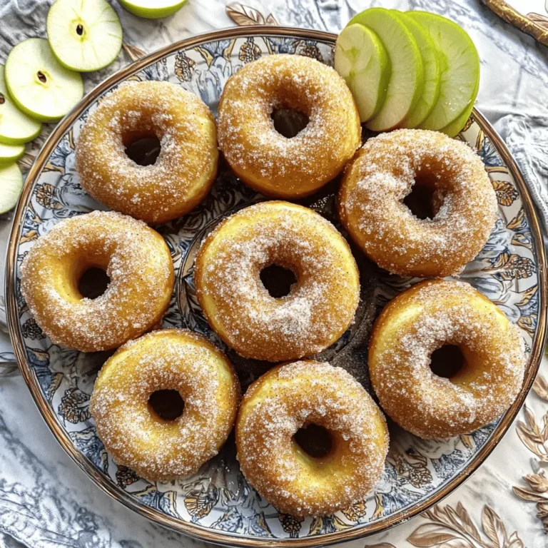 To make these tasty apple cider cinnamon donuts, you will need: - 1 cup apple cider - 1/4 cup unsalted butter, melted - 1/2 cup granulated sugar - 1/2 cup brown sugar, packed - 1 large egg - 1 teaspoon vanilla extract - 2 cups all-purpose flour - 1 teaspoon baking powder - 1/2 teaspoon baking soda - 1 teaspoon ground cinnamon - 1/2 teaspoon nutmeg - 1/4 teaspoon salt - 1/4 cup granulated sugar (for coating) - 1 tablespoon ground cinnamon (for coating) These ingredients blend together to create a moist and flavorful donut. The apple cider gives a natural sweetness and a warm aroma. The butter adds richness, while the sugars create that perfect sweetness. If you need to make substitutions, here are some ideas: - Use light brown sugar instead of dark for a milder flavor. - Swap applesauce for the butter for a lower-fat version. - You can replace all-purpose flour with a gluten-free blend if needed. - If you don’t have apple cider, try using apple juice for a similar taste. These swaps can help you enjoy these donuts while catering to your dietary needs. For serving, you might want: - Extra granulated sugar and ground cinnamon for coating - Decorative plates to display the donuts - Fresh apple slices for a colorful touch These extras can enhance the visual appeal and add a fresh crunch alongside the soft donuts. Start by gathering all your ingredients. You will need: - 1 cup apple cider - 1/4 cup unsalted butter, melted - 1/2 cup granulated sugar - 1/2 cup brown sugar - 1 large egg - 1 teaspoon vanilla extract - 2 cups all-purpose flour - 1 teaspoon baking powder - 1/2 teaspoon baking soda - 1 teaspoon ground cinnamon - 1/2 teaspoon nutmeg - 1/4 teaspoon salt - 1/4 cup granulated sugar (for coating) - 1 tablespoon ground cinnamon (for coating) Next, preheat your oven to 375°F (190°C). Grease a donut pan with non-stick spray. This helps the donuts come out easily later. In a small saucepan, bring the apple cider to a boil over medium heat. Once it boils, reduce the heat and let it simmer. You want it to reduce to about 1/2 cup. This will take around 10 to 15 minutes. After it reduces, let it cool for a bit. In a large bowl, mix the melted butter, granulated sugar, brown sugar, egg, and vanilla extract. Whisk it until everything is combined. Slowly pour in the reduced apple cider, mixing until smooth. In another bowl, combine the flour, baking powder, baking soda, cinnamon, nutmeg, and salt. Gradually add this dry mix to the wet mix. Stir gently until just combined. Be cautious not to overmix. Use a piping bag or a zip-top bag with a cut corner to fill the donut pan halfway with the batter. Bake in the preheated oven for 10 to 12 minutes. A toothpick should come out clean when poked in the center. Once baked, let the donuts cool for a few minutes in the pan. Carefully transfer them to a wire rack to cool completely. While the donuts are still warm, prepare the cinnamon sugar coating. In a small bowl, mix 1/4 cup granulated sugar with 1 tablespoon ground cinnamon. Roll each warm donut in the cinnamon-sugar mix until evenly coated. Enjoy your delicious Apple Cider Cinnamon Donuts! To make the best apple cider cinnamon donuts, follow these tips: - Use fresh apple cider. It adds more flavor. - Measure ingredients accurately. Too much flour can make donuts dense. - Don’t overmix the batter. Mix until just combined for a light texture. - Fill the pan halfway. This allows room for the donuts to rise evenly. - Check doneness with a toothpick. It should come out clean when done. Avoid these common pitfalls for perfect donuts: - Skipping the reduction step. Reducing cider intensifies the flavor. - Using cold ingredients. Room temperature ingredients mix better. - Overbaking. Keep an eye on the time to prevent dryness. - Rolling in sugar too late. Coat the donuts while warm for better adhesion. - Not greasing the pan. This can lead to sticking and broken donuts. To impress your guests, consider these serving ideas: - Use a decorative plate. It makes your donuts look more inviting. - Sprinkle extra cinnamon sugar. A little around the base adds charm. - Add apple slices. They bring color and a fresh touch. - Serve with a warm beverage. Cider or coffee pairs perfectly with these donuts. - Stack the donuts. A tower of donuts looks appealing and fun. {{image_2}} You can change the flavor of these donuts easily. Try adding chocolate chips for a sweet twist. You could mix in chopped nuts like walnuts or pecans for crunch. For a zesty kick, add some orange or lemon zest. This gives your donuts a fresh taste. Dried fruits, such as cranberries or raisins, also work well. They add a chewy texture and natural sweetness. You could even use different spices like ginger or cardamom to switch things up. To make these donuts vegan, replace the egg with a flax egg. Mix one tablespoon of ground flaxseed with three tablespoons of water and let it sit until it thickens. Use a dairy-free butter substitute instead of regular butter. For gluten-free options, swap all-purpose flour with a gluten-free blend. Make sure the baking powder is gluten-free. These changes help keep the tasty flavor while meeting dietary needs. Coating your donuts can be fun and creative. The classic method is rolling them in cinnamon sugar. You can mix different spices into the sugar for a unique taste. Try using powdered sugar for a sweeter, softer coat. For a sticky glaze, mix powdered sugar with a little apple cider. Drizzle this glaze over the warm donuts for a delicious finish. You could also dip them in melted chocolate for an indulgent treat. Enjoy exploring these options to find your favorite! To keep your apple cider cinnamon donuts fresh, store them in an airtight container. This method helps keep them moist and tasty. You can leave them at room temperature for up to three days. If you want to keep them longer, use the fridge. Just make sure the container is sealed well. If you have extra donuts, freezing is a great option. First, let the donuts cool completely. Then, wrap each one in plastic wrap. Place the wrapped donuts in a freezer bag or airtight container. They can stay frozen for up to three months. When you’re ready to eat, just take them out and let them thaw. Reheating the donuts brings back their warmth and flavor. You can use an oven or microwave. For the oven, preheat it to 350°F (175°C). Place the donuts on a baking sheet for about 5-7 minutes. If using the microwave, heat each donut for 10-15 seconds. Enjoy them warm and fresh! You can use apple juice as a substitute. Use the same amount as the cider. To mimic the cider's flavor, add a splash of lemon juice. This will create a nice balance of sweetness and tartness. You may also boil the juice to reduce it for a richer taste. To keep your donuts fresh, store them in an airtight container. This helps keep moisture in and prevents them from getting hard. If you want them to last longer, place them in the fridge. Just remember to let them come to room temperature before serving. Yes, you can use a donut maker! Just fill the molds about halfway with batter. Cook according to the maker's instructions. The donuts will be smaller, but they will taste just as good. Enjoy the process and have fun with it! In this post, we delved into making delicious apple cider cinnamon donuts. We covered essential ingredients, measurement tips, and options for serving. You learned to prepare, bake, and coat your donuts perfectly. I shared best practices, common mistakes, and ways to present them nicely. Variations included alternative flavors and storage tips for freshness. Now, you can create these tasty treats at home with ease and confidence. Enjoy your baking!