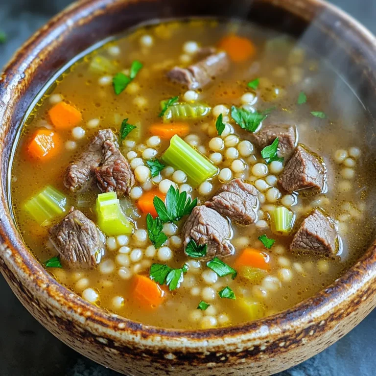 To make a hearty Slow Cooker Beef and Barley Soup, gather these simple ingredients: - 1 pound beef stew meat - 1 cup pearl barley - 4 cups beef broth - 2 cups water - 1 medium onion - 2 cloves garlic - 3 carrots - 2 stalks celery - 1 teaspoon dried thyme - 1 teaspoon dried oregano - 2 bay leaves - Salt and pepper - 1 tablespoon olive oil - 2 tablespoons fresh parsley (for garnish) These ingredients are easy to find in any grocery store. The beef stew meat gives the soup its rich flavor. Pearl barley adds a nice texture. The broth and water help create a warm, comforting base. Fresh parsley brightens the dish and adds color. Make sure your vegetables are fresh. Chopped carrots and celery add sweetness and crunch. The onion and garlic bring depth to the taste. Dried thyme and oregano give this soup its lovely aroma. Salt and pepper will enhance all the flavors. This list makes a soup that serves six. Each ingredient plays a role in making it both tasty and comforting. You can feel good knowing you are using wholesome ingredients to create a nourishing meal. First, heat 1 tablespoon of olive oil in a skillet over medium-high heat. When the oil gets hot, add 1 pound of beef stew meat cut into 1-inch cubes. Cook the beef for about 5 to 7 minutes. You want it browned on all sides. This step adds flavor. Once browned, transfer the beef into your slow cooker. In the same skillet, add 1 medium diced onion, 2 minced cloves of garlic, 3 chopped carrots, and 2 chopped stalks of celery. Cook these for about 3 to 4 minutes. Stir until the veggies start to soften. This makes them sweet and tasty. After that, add the sautéed veggies to the slow cooker. Now it’s time to bring everything together. Add 1 cup of rinsed pearl barley, 4 cups of beef broth, and 2 cups of water to the slow cooker. Next, sprinkle in 1 teaspoon of dried thyme, 1 teaspoon of dried oregano, and 2 bay leaves. Don’t forget to add salt and pepper to taste. Stir everything well to combine. Cover the slow cooker. Set it to low heat for 8 hours or high heat for 4 hours. The beef should be tender, and the barley should be cooked through. If using low heat, it’s great to prepare in the morning. You can come home to a warm dinner. Once the cooking time is done, carefully remove the bay leaves. Taste the soup and adjust the seasoning if needed. You can add more salt or pepper based on your liking. This final taste test makes sure the soup is just right. To make your soup shine, use the right seasonings. I recommend adding dried thyme, oregano, and a pinch of salt and pepper. These ingredients boost the beef's rich taste. Fresh parsley as a garnish adds a nice pop of color and flavor. Browning the beef is key. It creates a nice crust that adds depth. Heat olive oil in a skillet. Sear the beef cubes until they are brown on all sides. This step takes about 5 to 7 minutes. Transfer the meat to your slow cooker after browning. You can adjust the liquid in your soup based on your taste. If you like a thicker soup, use less water. For a brothier soup, add a bit more. Just remember to keep an eye on the barley. If you cook it too long, it can become mushy. Aim for a perfect texture by checking it towards the end of cooking. Serve your beef and barley soup hot. It pairs well with crusty bread or a fresh salad. For a fun twist, try adding a dollop of sour cream or a sprinkle of cheese on top. This adds richness and makes the dish feel special. You can also serve it in a bread bowl for a unique touch. {{image_2}} You can make this soup even better by adding more veggies. In the fall, try adding sweet potatoes or parsnips. In the spring, peas or asparagus work great. You can also toss in some spinach or kale for a green boost. Just chop them small so they cook well. Add them to the slow cooker with the other veggies. Want to change the meat? You can use chicken or turkey instead of beef. Just cut them into one-inch pieces and follow the same steps. For a meat-free version, try using lentils or chickpeas. They add protein and flavor. Use vegetable broth with them for a great taste. You can change the soup's flavor by adding spices. Try cumin for a warm taste or chili powder for some heat. You can also add a splash of soy sauce or Worcestershire sauce for extra zest. Experiment with different herbs like rosemary or basil to find your favorite mix. To store your leftover beef and barley soup, let it cool first. Place it in an airtight container. This helps keep it fresh. In the fridge, the soup lasts about three to four days. If you want it to last longer, consider freezing it. For freezing, use freezer-safe containers. Pour the cooled soup into the containers, leaving some space at the top. This space allows for expansion. The soup can freeze well for up to three months. When you’re ready to eat, move it to the fridge overnight to thaw. To reheat, pour the soup into a pot over low to medium heat. Stir often to avoid sticking. You can also use the microwave. Heat it in short bursts, stirring in between. Make sure it’s piping hot before serving. This ensures all flavors stay vibrant. Avoid reheating more than once to prevent spoilage. You can easily make this soup vegetarian. Use vegetable broth instead of beef broth. For the meat, replace it with hearty veggies like mushrooms or lentils. They add great texture and flavor. You can also use tofu for protein. This way, you keep the warmth and depth of the original dish while making it plant-based. Yes, you can use quick-cooking barley. However, you need to adjust the cooking time. Quick-cooking barley usually takes about 10 to 15 minutes to cook. Add it in the last 30 minutes of cooking to prevent it from becoming mushy. This keeps the soup tasty and the barley just right. Beef and barley soup is full of nutrients. Beef provides protein, iron, and zinc. Barley is high in fiber, which aids digestion. Carrots and celery add vitamins A and C. This soup is warm and filling. It nourishes your body and keeps you satisfied. Yes, you can cook this soup on the stovetop. Start by browning the beef in a pot. Then, add the sautéed vegetables, broth, and barley. Let it simmer for about 1.5 to 2 hours. Check the beef and barley for tenderness. This method is faster and still gives great flavor. Pair this soup with crusty bread or a fresh salad. A slice of sourdough complements the soup's rich taste. You can also serve it with crackers for added crunch. Try a light green salad for freshness. These sides enhance the meal and make it even more enjoyable. This blog post shared how to make tasty Slow Cooker Beef and Barley Soup. You learned about the key ingredients, step-by-step instructions, and helpful tips. The blog also covered variations to suit your taste and how to store leftovers for later. Remember, you can adjust flavors and ingredients to your liking. Enjoy cooking this warm and hearty soup that brings comfort to any meal. Happy cooking!