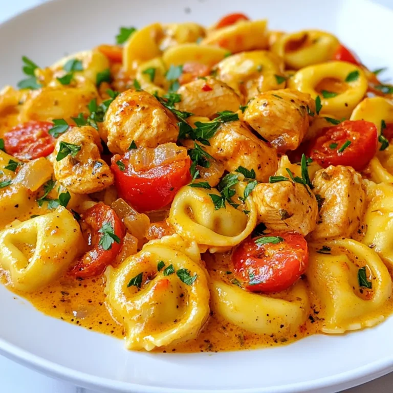 - Cajun Chicken Ingredients - 1 lb boneless, skinless chicken breast, cubed - 2 tablespoons Cajun seasoning - Tortellini Ingredients - 2 cups cheese tortellini - Seasoning and Garnishes - 1 medium onion, diced - 1 red bell pepper, diced - 3 cloves garlic, minced - 1 cup heavy cream - 1 cup diced tomatoes (canned or fresh) - 1 tablespoon olive oil - Salt and pepper to taste - Fresh parsley, chopped (for garnish) When I make Cajun chicken tortellini, I love using fresh ingredients. They bring out the best flavors. You need chicken, of course. I prefer boneless, skinless chicken breast cut into cubes. This way, they cook quickly and soak up all the spices. The Cajun seasoning is key to this dish. It adds a warm, spicy kick. You can buy it or make your own blend if you like. Next, I always use cheese tortellini. The cheese adds a nice creaminess to the dish. You can find it in the pasta aisle, and it cooks quickly. For the veggies, I add a medium onion and a red bell pepper. They add sweetness and color. Garlic is a must too. It gives a lovely aroma and flavor. The creamy sauce comes from heavy cream and diced tomatoes. You can use canned or fresh tomatoes. Both work great! Finally, I like to finish with fresh parsley. It adds a pop of color and freshness. Gather these ingredients, and you’ll be ready to create a delicious meal! {{ingredient_image_1}} First, boil a large pot of salted water. Once it boils, add the cheese tortellini. Cook it according to the package instructions. This usually takes about 3-5 minutes. When done, drain the tortellini and set it aside. Next, take the cubed chicken breast. Toss it with the Cajun seasoning. Make sure each piece is well coated. Heat olive oil in a large skillet over medium heat. Add the chicken and cook it until golden brown. This should take about 5-7 minutes. Once cooked, remove the chicken from the skillet and set it aside. In the same skillet, add diced onion and red bell pepper. Sauté these for about 3-4 minutes until they soften. Then, add the minced garlic and cook for 1 more minute until it smells great. Now, return the cooked chicken to the skillet. Add in the diced tomatoes and heavy cream. Stir everything together well. Let this mixture simmer for about 3-4 minutes. This helps all the flavors blend nicely. Finally, gently fold the cooked tortellini into the skillet. Make sure the tortellini is covered in the creamy sauce. Cook for another 2-3 minutes. Taste and adjust the seasoning with salt and pepper. Serve it hot, garnished with fresh chopped parsley. Enjoy your meal! To make great Cajun seasoning, start with two tablespoons. You can use store-bought seasoning or make your own. A mix of paprika, cayenne, garlic powder, onion powder, and thyme works well. Adjust the spice level by adding more or less cayenne. Taste the seasoning before adding it to the chicken. This step makes sure it meets your flavor needs. A creamy sauce makes this dish special. Use heavy cream for the best results. When you add the cream, lower the heat. Simmer gently for a few minutes. This helps blend the flavors without boiling away the cream. If you like it thicker, add a bit of cheese. Cream cheese or shredded cheese can work wonders, too. Timing is key for a perfect Cajun chicken tortellini. Cook the tortellini first, so it’s ready when you need it. After cooking the chicken, don’t let it sit too long. Add the veggies right away. Keep an eye on the sautéed veggies; they should be soft, not mushy. Finally, when you combine everything, stir gently. This way, the tortellini stays intact and soaks up the tasty sauce. Pro Tips Choose Fresh Ingredients: Using fresh, high-quality ingredients will enhance the flavor of your Cajun chicken tortellini. Opt for fresh vegetables and good-quality chicken for the best results. Adjust Spice Level: If you prefer a milder dish, reduce the amount of Cajun seasoning or substitute it with a milder blend. Taste as you go to achieve your desired heat level. Make it Creamy: For an extra creamy sauce, consider adding a bit more heavy cream or a splash of cream cheese. This will give the dish a richer texture. Garnish for Freshness: Don’t skip the fresh parsley! It not only adds a pop of color but also brightens the dish with its fresh flavor. {{image_2}} You can easily change the protein in Cajun chicken tortellini. Try shrimp for a seafood twist. Shrimp cooks fast, so add it after the veggies. You can also use sausage. Andouille sausage works well for that smoky flavor. Just slice it and sauté it with the onions and peppers. If you prefer turkey, use ground turkey for a leaner option. Each protein adds its own taste, making the dish new each time. If you want a vegetarian version, skip the chicken. Instead, add mushrooms and zucchini. They both soak up the Cajun spices well. Use the same cooking steps as you would for chicken. For protein, add chickpeas or lentils. They make the meal filling and healthy. Don't forget to keep the heavy cream for that rich taste. You can even swap it for a plant-based cream if you prefer. While the heavy cream sauce is rich and creamy, you can try other sauces. A tomato-based sauce gives a different flavor. Use the canned tomatoes but skip the cream. Add Italian herbs for fun. You can also use a pesto sauce for a fresh twist. Mix it in with the tortellini for a bright taste. Each sauce changes the meal, keeping it exciting and new. You can store leftover Cajun chicken tortellini in an airtight container. Let it cool first. Place it in the fridge for up to three days. Make sure to cover it well to keep it fresh. This keeps the creamy sauce from drying out. To reheat, place the tortellini in a skillet over medium heat. Add a splash of water or cream to help it stay moist. Stir it often until it heats through. You can also use the microwave. Heat it in short bursts, stirring in between. This prevents it from getting too hot in spots. If you want to freeze it, do so right after cooking. Let it cool completely, then portion it out. Use freezer-safe bags or containers. It can last up to three months in the freezer. When ready to eat, thaw it overnight in the fridge before reheating. This way, the flavors stay vibrant and delicious. You can use milk mixed with butter for a lighter option. Use 3/4 cup of milk and add 1/4 cup of melted butter. This mix gives a similar richness. For a dairy-free option, try coconut cream or cashew cream. Both add creaminess without dairy. Cajun seasoning brings some heat, but spice levels can vary. If you like it milder, use less seasoning. You can also add more cream to tone down the spice. Adjust it to match your taste by adding sweetness or acidity. Absolutely! Homemade tortellini adds a special touch. Just make sure it's cooked before adding it to the dish. Fresh tortellini cooks faster than store-bought, so keep an eye on it. Add it to the skillet gently for the best result. Cooking time for tortellini is usually about 3 to 5 minutes. Follow the package instructions for best results. If using fresh tortellini, check after 2 minutes. It should be soft but still firm to the bite. This blog post covered how to make a tasty Cajun chicken tortellini dish. We looked at the ingredients, step-by-step cooking, and tips to enhance flavor and texture. I shared variations for different diets and how to store leftovers. Cooking can be fun and creative. With the right choices, you can make this dish your own. Enjoy your cooking journey and the delicious meal that follows!