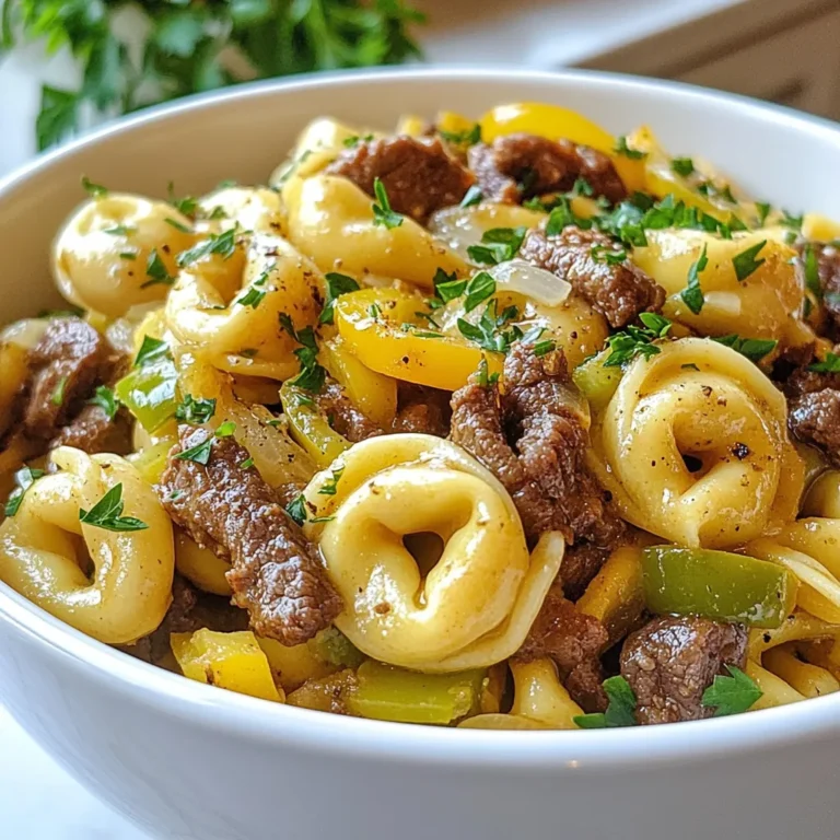 To make Cheesesteak Tortellini, you need the following ingredients: - 12 ounces cheese tortellini - 1 tablespoon olive oil - 1 medium onion, thinly sliced - 1 green bell pepper, thinly sliced - 1 pound beef steak, thinly sliced (ribeye or sirloin works best) - 2 cloves garlic, minced - 1 teaspoon Worcestershire sauce - 1 cup provolone cheese, shredded - Salt and pepper to taste - Fresh parsley, chopped (for garnish) You can switch some ingredients based on what you have. Here are some ideas: - Use chicken or turkey instead of beef for a lighter dish. - Swap the provolone cheese for mozzarella or cheddar if you prefer. - Try using different bell peppers for a color twist, like red or yellow. - If you lack fresh parsley, use dried herbs like Italian seasoning. Fresh ingredients make a big difference in flavor. Here are some tips: - Choose firm and vibrant bell peppers and onions for a crisp bite. - Look for fresh tortellini at local markets or the refrigerated section. - Buy high-quality beef for the best taste and texture. - Use freshly minced garlic instead of pre-minced for stronger flavor. - Always check the expiration dates on packaged items for freshness. {{ingredient_image_1}} First, boil water in a large pot. Add a pinch of salt to the water. Once it boils, add 12 ounces of cheese tortellini. Cook it according to the package instructions, usually about 3-5 minutes. Stir gently to avoid sticking. When the tortellini floats, it’s done. Drain the tortellini and set it aside in a bowl. In a large skillet, heat 1 tablespoon of olive oil over medium heat. Slice one medium onion and one green bell pepper thinly. Add the onion and bell pepper to the skillet. Sauté them for about 5 minutes. You want them soft and fragrant. This step adds a nice flavor to your dish. Now, increase the heat to medium-high. Thinly slice 1 pound of beef steak, like ribeye or sirloin. Add the beef to the skillet. Cook it for 3-4 minutes until it’s browned and cooked through. Stir in 2 cloves of minced garlic and 1 teaspoon of Worcestershire sauce. Let it cook for one more minute. Season this mixture with salt and pepper to taste. The beef should smell great! Now, combine the cooked tortellini with the beef and veggies in the skillet. Mix gently. Top with 1 cup of shredded provolone cheese. Cover the skillet for about 2 minutes. This helps the cheese melt perfectly. Finally, mix everything well and serve hot. Enjoy your cheesesteak tortellini! To get the best tortellini, cook it just right. Follow the package instructions and watch the time. Once they float, they are done. Drain them carefully, but don’t rinse. This keeps the starch that helps your sauce stick. Want to boost the flavor? Start with the sauté. Sauté the onion and bell pepper until soft. This caramelizes them and brings out their sweetness. Add Worcestershire sauce for depth. A pinch of red pepper flakes can add a kick too. Don’t forget to season with salt and pepper. For a perfect cheese melt, use low heat. After adding the provolone cheese, cover the skillet. This keeps the heat in and melts the cheese nicely. Stir gently after two minutes to combine it well. You want that gooey, cheesy texture that makes every bite satisfying. Pro Tips Choose the Right Beef: For the best flavor and tenderness, opt for ribeye or sirloin steak, as they are marbled and will enhance the overall dish. Don’t Overcook the Vegetables: To maintain a crisp texture and vibrant color, sauté the onions and bell peppers just until they are softened. Use Fresh Cheese: For optimal melting and flavor, use freshly shredded provolone cheese instead of pre-packaged shredded cheese. Garnish for Extra Flavor: Add fresh parsley just before serving to brighten the dish and add a pop of color. {{image_2}} You can make a tasty vegetarian version. Swap the beef for mushrooms or tempeh. Use bell peppers and onions for great flavor. Add a little soy sauce for depth. This gives you the same great taste without any meat. You can enjoy the cheese tortellini with a rich, savory mix. Want some heat? Add red pepper flakes when you cook the beef. You can also toss in jalapeños for a spicy kick. A dash of hot sauce will enhance the flavor. This version brings a bold twist to the classic dish. It’s perfect for those who love a fiery meal. Not a fan of provolone? You can try mozzarella or cheddar instead. Each cheese adds its own unique taste. For a dairy-free option, use vegan cheese. It melts well and keeps the dish creamy. Mixing different cheeses can also create a fun flavor profile. You can store leftovers in an airtight container. Let the dish cool first. It will stay fresh for up to three days in the fridge. If you want to keep it longer, freezing is a great option. Freezing Cheesesteak Tortellini is easy. Place it in a freezer-safe container. Make sure to label it with the date. It can last up to three months in the freezer. When you’re ready to eat, just thaw it in the fridge overnight. Reheat leftover tortellini in a skillet over medium heat. Add a splash of water or broth to keep it moist. Stir often until heated through. You can also use the microwave. Just cover it with a damp paper towel to keep the steam in. Enjoy your meal warm and tasty! Yes, you can! Provolone gives a great melt and flavor. You can also try mozzarella or cheddar. Each cheese adds its own taste. Experiment to find your favorite mix! Cheesesteak Tortellini lasts about 3 to 4 days in the fridge. Store it in an airtight container. You can enjoy it as leftovers for a quick meal. Just reheat it well before eating. This dish pairs well with a side salad or garlic bread. You can also serve it with steamed vegetables. A light, crisp drink like lemonade works great too. Enjoy your meal! In this post, I covered all you need for Cheesesteak Tortellini. We explored ingredients, cooking steps, and clever tips for perfect texture. I shared fun variations and how to store leftovers. Remember, you can easily mix and match ingredients to fit your taste. Try different cheeses or make it vegetarian if you prefer. Enjoy your cooking and every bite of your delicious meal!