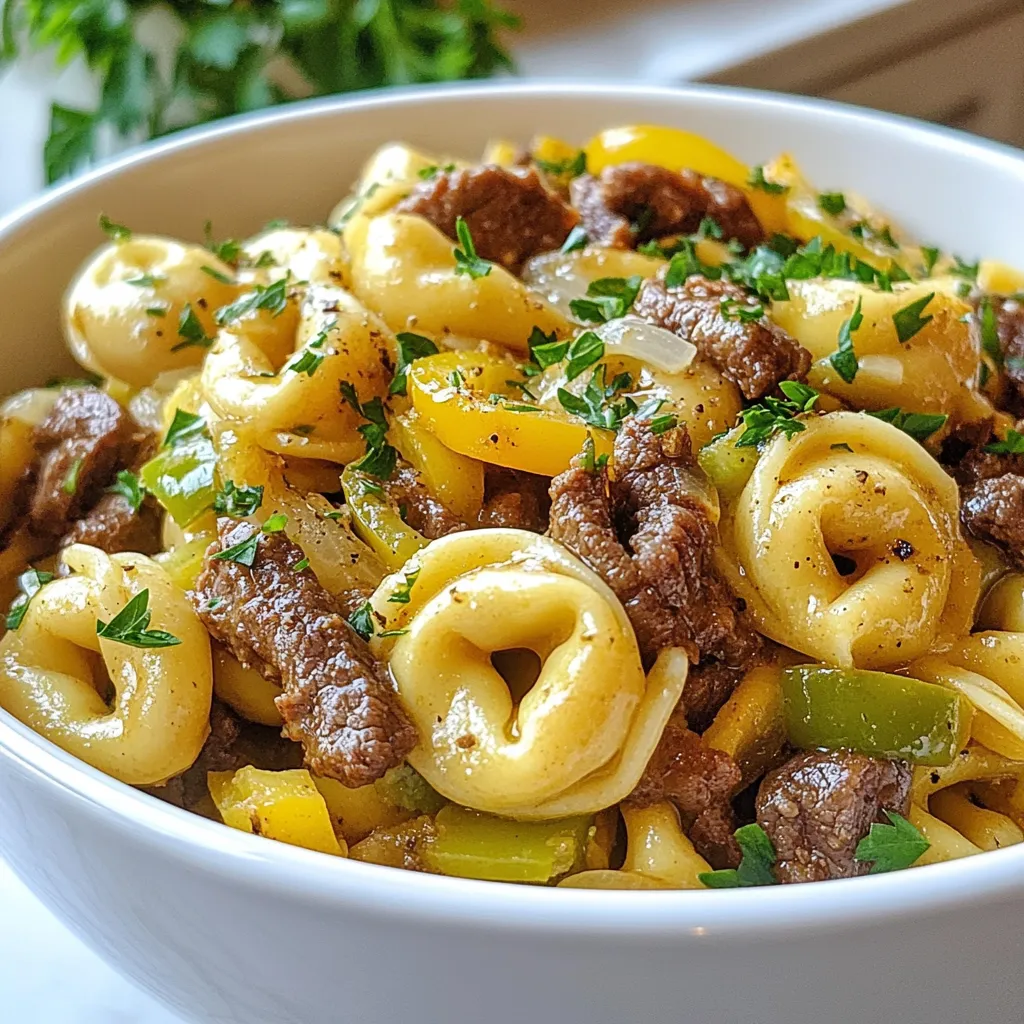 To make Cheesesteak Tortellini, you need the following ingredients: - 12 ounces cheese tortellini - 1 tablespoon olive oil - 1 medium onion, thinly sliced - 1 green bell pepper, thinly sliced - 1 pound beef steak, thinly sliced (ribeye or sirloin works best) - 2 cloves garlic, minced - 1 teaspoon Worcestershire sauce - 1 cup provolone cheese, shredded - Salt and pepper to taste - Fresh parsley, chopped (for garnish) You can switch some ingredients based on what you have. Here are some ideas: - Use chicken or turkey instead of beef for a lighter dish. - Swap the provolone cheese for mozzarella or cheddar if you prefer. - Try using different bell peppers for a color twist, like red or yellow. - If you lack fresh parsley, use dried herbs like Italian seasoning. Fresh ingredients make a big difference in flavor. Here are some tips: - Choose firm and vibrant bell peppers and onions for a crisp bite. - Look for fresh tortellini at local markets or the refrigerated section. - Buy high-quality beef for the best taste and texture. - Use freshly minced garlic instead of pre-minced for stronger flavor. - Always check the expiration dates on packaged items for freshness. {{ingredient_image_1}} First, boil water in a large pot. Add a pinch of salt to the water. Once it boils, add 12 ounces of cheese tortellini. Cook it according to the package instructions, usually about 3-5 minutes. Stir gently to avoid sticking. When the tortellini floats, it’s done. Drain the tortellini and set it aside in a bowl. In a large skillet, heat 1 tablespoon of olive oil over medium heat. Slice one medium onion and one green bell pepper thinly. Add the onion and bell pepper to the skillet. Sauté them for about 5 minutes. You want them soft and fragrant. This step adds a nice flavor to your dish. Now, increase the heat to medium-high. Thinly slice 1 pound of beef steak, like ribeye or sirloin. Add the beef to the skillet. Cook it for 3-4 minutes until it’s browned and cooked through. Stir in 2 cloves of minced garlic and 1 teaspoon of Worcestershire sauce. Let it cook for one more minute. Season this mixture with salt and pepper to taste. The beef should smell great! Now, combine the cooked tortellini with the beef and veggies in the skillet. Mix gently. Top with 1 cup of shredded provolone cheese. Cover the skillet for about 2 minutes. This helps the cheese melt perfectly. Finally, mix everything well and serve hot. Enjoy your cheesesteak tortellini! To get the best tortellini, cook it just right. Follow the package instructions and watch the time. Once they float, they are done. Drain them carefully, but don’t rinse. This keeps the starch that helps your sauce stick. Want to boost the flavor? Start with the sauté. Sauté the onion and bell pepper until soft. This caramelizes them and brings out their sweetness. Add Worcestershire sauce for depth. A pinch of red pepper flakes can add a kick too. Don’t forget to season with salt and pepper. For a perfect cheese melt, use low heat. After adding the provolone cheese, cover the skillet. This keeps the heat in and melts the cheese nicely. Stir gently after two minutes to combine it well. You want that gooey, cheesy texture that makes every bite satisfying. Pro Tips Choose the Right Beef: For the best flavor and tenderness, opt for ribeye or sirloin steak, as they are marbled and will enhance the overall dish. Don’t Overcook the Vegetables: To maintain a crisp texture and vibrant color, sauté the onions and bell peppers just until they are softened. Use Fresh Cheese: For optimal melting and flavor, use freshly shredded provolone cheese instead of pre-packaged shredded cheese. Garnish for Extra Flavor: Add fresh parsley just before serving to brighten the dish and add a pop of color. {{image_2}} You can make a tasty vegetarian version. Swap the beef for mushrooms or tempeh. Use bell peppers and onions for great flavor. Add a little soy sauce for depth. This gives you the same great taste without any meat. You can enjoy the cheese tortellini with a rich, savory mix. Want some heat? Add red pepper flakes when you cook the beef. You can also toss in jalapeños for a spicy kick. A dash of hot sauce will enhance the flavor. This version brings a bold twist to the classic dish. It’s perfect for those who love a fiery meal. Not a fan of provolone? You can try mozzarella or cheddar instead. Each cheese adds its own unique taste. For a dairy-free option, use vegan cheese. It melts well and keeps the dish creamy. Mixing different cheeses can also create a fun flavor profile. You can store leftovers in an airtight container. Let the dish cool first. It will stay fresh for up to three days in the fridge. If you want to keep it longer, freezing is a great option. Freezing Cheesesteak Tortellini is easy. Place it in a freezer-safe container. Make sure to label it with the date. It can last up to three months in the freezer. When you’re ready to eat, just thaw it in the fridge overnight. Reheat leftover tortellini in a skillet over medium heat. Add a splash of water or broth to keep it moist. Stir often until heated through. You can also use the microwave. Just cover it with a damp paper towel to keep the steam in. Enjoy your meal warm and tasty! Yes, you can! Provolone gives a great melt and flavor. You can also try mozzarella or cheddar. Each cheese adds its own taste. Experiment to find your favorite mix! Cheesesteak Tortellini lasts about 3 to 4 days in the fridge. Store it in an airtight container. You can enjoy it as leftovers for a quick meal. Just reheat it well before eating. This dish pairs well with a side salad or garlic bread. You can also serve it with steamed vegetables. A light, crisp drink like lemonade works great too. Enjoy your meal! In this post, I covered all you need for Cheesesteak Tortellini. We explored ingredients, cooking steps, and clever tips for perfect texture. I shared fun variations and how to store leftovers. Remember, you can easily mix and match ingredients to fit your taste. Try different cheeses or make it vegetarian if you prefer. Enjoy your cooking and every bite of your delicious meal!