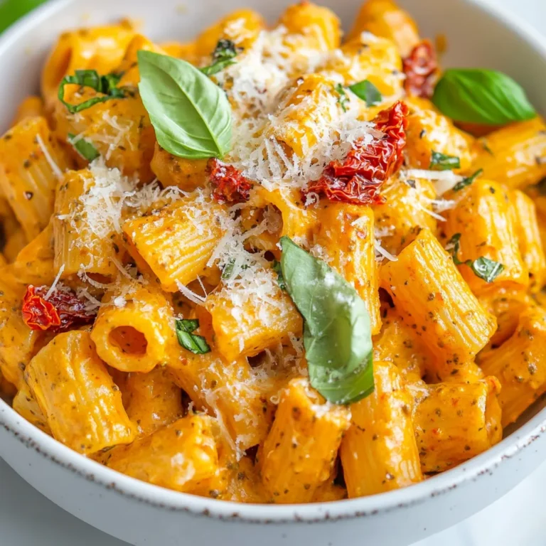 - 300g pasta of choice (fettucine or penne works well) - 1 cup sun-dried tomatoes, packed in oil, drained and roughly chopped - 1/2 cup roasted red peppers, chopped - 1/4 cup almonds or pine nuts, toasted - 2 cloves garlic, minced - 1/2 cup fresh basil leaves In this dish, the pasta is the star. You can use fettucine or penne. Both shapes hold the sauce well. Sun-dried tomatoes add a rich, sweet flavor. Roasted red peppers bring a smoky touch. Nuts like almonds or pine nuts add crunch and depth. Garlic gives a fragrant kick. Fresh basil brightens the dish with its herbal notes. - 1/2 cup heavy cream or coconut cream for a dairy-free option - 1/4 cup Parmesan cheese, grated (or nutritional yeast for a vegan option) For creaminess, I love using heavy cream. It makes the sauce rich and smooth. If you want a dairy-free choice, coconut cream works well too. Parmesan cheese adds a salty, nutty flavor. If you follow a vegan diet, try nutritional yeast instead. It gives a cheesy taste without dairy. - 2 tablespoons olive oil - Salt and pepper to taste - Fresh basil leaves and extra cheese for garnish Olive oil is key for blending the pesto. It adds smoothness and flavor. Don't forget to season with salt and pepper. They enhance every ingredient's taste. For a beautiful finish, garnish with fresh basil leaves and extra cheese. This makes your dish look and taste amazing. {{ingredient_image_1}} First, fill a large pot with water. Add a generous pinch of salt. Bring the water to a boil. Once boiling, add 300g of your chosen pasta. Cook the pasta until it is al dente, which means it should still have a slight bite. This usually takes about 8-10 minutes, but check the package for exact timing. After cooking, drain the pasta and set it aside. Remember to save about 1 cup of the pasta water for later. Next, we’ll make the pesto. Grab a food processor and add these ingredients: - 1 cup sun-dried tomatoes, roughly chopped - 1/2 cup roasted red peppers, chopped - 1/4 cup toasted almonds or pine nuts - 2 cloves garlic, minced - 1/2 cup fresh basil leaves - 2 tablespoons olive oil Blend these ingredients until you reach a smooth paste. If the mixture gets stuck, stop and scrape down the sides. Then blend again until it is nice and smooth. Now, take a large skillet and set it over medium heat. Add your blended pesto to the skillet. Pour in 1/2 cup of heavy cream or coconut cream if you prefer a dairy-free option. Stir well to mix everything. Let it simmer for about 2-3 minutes, which helps to warm it and make it creamy. Add the drained pasta to the skillet with the creamy sauce. Toss gently to coat the pasta evenly. If the sauce seems too thick, slowly add some reserved pasta water. Keep mixing until you reach the sauce consistency you like. When you’re ready to serve, plate the pasta in bowls. For a pop of color and flavor, garnish with fresh basil leaves and a sprinkle of extra cheese. Enjoy your creamy red pesto pasta! To make your creamy red pesto pasta perfect, adjust creaminess with reserved pasta water. This water has starch, which helps bind and thicken the sauce. If the sauce feels too thick, add a little pasta water until it feels just right. You can also try other binding ingredients. For example, using ricotta or cream cheese can add a different texture and flavor to your dish. To boost flavor, use spices like red pepper flakes or black pepper. Fresh herbs like parsley or oregano also add depth. Fresh ingredients give a brighter taste compared to dried ones. If you must use dried herbs, remember to use less. Dried herbs are stronger than fresh. So, keep that in mind when mixing flavors. For blending your pesto, I recommend a good food processor. A 7-cup model works well and makes blending easy. Make sure your pots and pans can hold enough water for boiling pasta. A large pot is best for cooking. Non-stick pans are great for making the creamy sauce. They help prevent sticking and make cleaning easier. Pro Tips Choose Your Pasta Wisely: Opt for pasta shapes that hold sauce well, like penne or fettuccine, to enhance the dish's overall flavor and texture. Customize Your Nuts: Feel free to experiment with different nuts, such as walnuts or cashews, to give the sauce a unique twist and flavor profile. Adjust Creaminess: If you prefer a lighter sauce, you can reduce the amount of cream or substitute with a plant-based milk for a healthier option. Fresh Basil Boost: For an extra burst of flavor, add fresh basil leaves just before serving instead of cooking them in the sauce. {{image_2}} You can add protein for extra flavor and nutrition. Chicken, shrimp, or tofu all work well. For chicken, cook diced breast in olive oil until golden, about 6-7 minutes. Shrimp cooks fast; sauté for 3-4 minutes until pink. If you choose tofu, cube and fry until crispy, roughly 5-6 minutes. If you want a vegan dish, swap heavy cream for coconut cream and Parmesan for nutritional yeast. Both keep the rich taste. For gluten-free options, use gluten-free pasta like rice or chickpea pasta. They cook well and taste great. Change up the nuts you use for added flavor. Try walnuts or cashews for a twist. You can also add veggies like spinach or mushrooms for extra nutrients. Fresh herbs like parsley or oregano can brighten the dish, making it even tastier. To keep your creamy red pesto pasta fresh, store leftovers in a container. Use airtight containers to seal in flavor. Let the pasta cool before covering. This helps prevent condensation, which can make it soggy. You can keep it in the fridge for up to three days. Reheating creamy pasta can be tricky. You want to keep it creamy and not dry. The stovetop works best. Add a splash of water or cream while heating. Stir often to ensure even heating. If you prefer the oven, cover the dish with foil. Bake at a low temperature until warmed through. You can freeze creamy red pesto pasta, but it may change texture. To freeze, let it cool completely first. Transfer it to a freezer-safe container. Make sure to leave space for expansion. It can last for up to three months in the freezer. To defrost, place it in the fridge overnight. Reheat it gently on the stovetop or in the oven, adding liquid as needed. Yes, you can make creamy red pesto pasta ahead of time. For meal prep, cook the pasta and sauce separately. Store them in airtight containers. When ready to serve, simply reheat the sauce and mix it with the pasta. This keeps the pasta fresh and the sauce creamy. You can even freeze the sauce for later use. Just thaw it in the fridge before reheating. If you want a lighter option, you can use half-and-half. For a non-dairy choice, coconut cream works great. You can also try cashew cream for a rich flavor. Each option will change the taste a little, but it will still be tasty! To keep your pasta from sticking, use plenty of water when boiling. Add a good amount of salt to the water too. Stir the pasta during the first few minutes of cooking. After draining, toss it with a little olive oil. This keeps it loose and easy to mix with the sauce. Yes, you can make it gluten-free! Just choose gluten-free pasta. There are many types available, like rice or chickpea pasta. They cook similarly to regular pasta, so follow the package instructions for the best results. This creamy red pesto pasta recipe is simple and flavorful. I covered key ingredients like pasta types, sun-dried tomatoes, and nuts. You learned how to prepare the pesto and create a creamy sauce. I also shared tips for perfecting texture and enhancing flavor. Your cooking can shine with this dish. Feel free to explore variations for proteins or dietary needs. Try to store any leftovers properly, and don’t forget to ask questions if you have any! Enjoy your meal and make it your own!