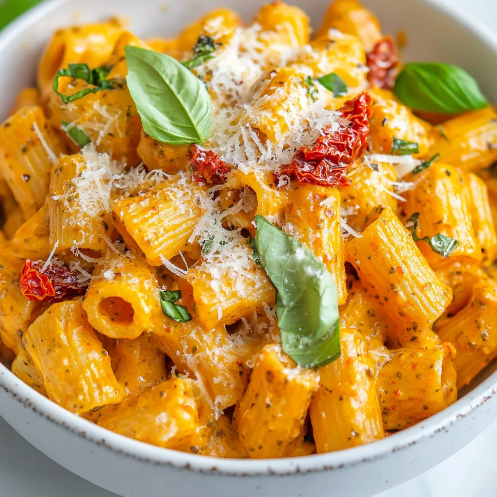 - 300g pasta of choice (fettucine or penne works well) - 1 cup sun-dried tomatoes, packed in oil, drained and roughly chopped - 1/2 cup roasted red peppers, chopped - 1/4 cup almonds or pine nuts, toasted - 2 cloves garlic, minced - 1/2 cup fresh basil leaves In this dish, the pasta is the star. You can use fettucine or penne. Both shapes hold the sauce well. Sun-dried tomatoes add a rich, sweet flavor. Roasted red peppers bring a smoky touch. Nuts like almonds or pine nuts add crunch and depth. Garlic gives a fragrant kick. Fresh basil brightens the dish with its herbal notes. - 1/2 cup heavy cream or coconut cream for a dairy-free option - 1/4 cup Parmesan cheese, grated (or nutritional yeast for a vegan option) For creaminess, I love using heavy cream. It makes the sauce rich and smooth. If you want a dairy-free choice, coconut cream works well too. Parmesan cheese adds a salty, nutty flavor. If you follow a vegan diet, try nutritional yeast instead. It gives a cheesy taste without dairy. - 2 tablespoons olive oil - Salt and pepper to taste - Fresh basil leaves and extra cheese for garnish Olive oil is key for blending the pesto. It adds smoothness and flavor. Don't forget to season with salt and pepper. They enhance every ingredient's taste. For a beautiful finish, garnish with fresh basil leaves and extra cheese. This makes your dish look and taste amazing. {{ingredient_image_1}} First, fill a large pot with water. Add a generous pinch of salt. Bring the water to a boil. Once boiling, add 300g of your chosen pasta. Cook the pasta until it is al dente, which means it should still have a slight bite. This usually takes about 8-10 minutes, but check the package for exact timing. After cooking, drain the pasta and set it aside. Remember to save about 1 cup of the pasta water for later. Next, we’ll make the pesto. Grab a food processor and add these ingredients: - 1 cup sun-dried tomatoes, roughly chopped - 1/2 cup roasted red peppers, chopped - 1/4 cup toasted almonds or pine nuts - 2 cloves garlic, minced - 1/2 cup fresh basil leaves - 2 tablespoons olive oil Blend these ingredients until you reach a smooth paste. If the mixture gets stuck, stop and scrape down the sides. Then blend again until it is nice and smooth. Now, take a large skillet and set it over medium heat. Add your blended pesto to the skillet. Pour in 1/2 cup of heavy cream or coconut cream if you prefer a dairy-free option. Stir well to mix everything. Let it simmer for about 2-3 minutes, which helps to warm it and make it creamy. Add the drained pasta to the skillet with the creamy sauce. Toss gently to coat the pasta evenly. If the sauce seems too thick, slowly add some reserved pasta water. Keep mixing until you reach the sauce consistency you like. When you’re ready to serve, plate the pasta in bowls. For a pop of color and flavor, garnish with fresh basil leaves and a sprinkle of extra cheese. Enjoy your creamy red pesto pasta! To make your creamy red pesto pasta perfect, adjust creaminess with reserved pasta water. This water has starch, which helps bind and thicken the sauce. If the sauce feels too thick, add a little pasta water until it feels just right. You can also try other binding ingredients. For example, using ricotta or cream cheese can add a different texture and flavor to your dish. To boost flavor, use spices like red pepper flakes or black pepper. Fresh herbs like parsley or oregano also add depth. Fresh ingredients give a brighter taste compared to dried ones. If you must use dried herbs, remember to use less. Dried herbs are stronger than fresh. So, keep that in mind when mixing flavors. For blending your pesto, I recommend a good food processor. A 7-cup model works well and makes blending easy. Make sure your pots and pans can hold enough water for boiling pasta. A large pot is best for cooking. Non-stick pans are great for making the creamy sauce. They help prevent sticking and make cleaning easier. Pro Tips Choose Your Pasta Wisely: Opt for pasta shapes that hold sauce well, like penne or fettuccine, to enhance the dish's overall flavor and texture. Customize Your Nuts: Feel free to experiment with different nuts, such as walnuts or cashews, to give the sauce a unique twist and flavor profile. Adjust Creaminess: If you prefer a lighter sauce, you can reduce the amount of cream or substitute with a plant-based milk for a healthier option. Fresh Basil Boost: For an extra burst of flavor, add fresh basil leaves just before serving instead of cooking them in the sauce. {{image_2}} You can add protein for extra flavor and nutrition. Chicken, shrimp, or tofu all work well. For chicken, cook diced breast in olive oil until golden, about 6-7 minutes. Shrimp cooks fast; sauté for 3-4 minutes until pink. If you choose tofu, cube and fry until crispy, roughly 5-6 minutes. If you want a vegan dish, swap heavy cream for coconut cream and Parmesan for nutritional yeast. Both keep the rich taste. For gluten-free options, use gluten-free pasta like rice or chickpea pasta. They cook well and taste great. Change up the nuts you use for added flavor. Try walnuts or cashews for a twist. You can also add veggies like spinach or mushrooms for extra nutrients. Fresh herbs like parsley or oregano can brighten the dish, making it even tastier. To keep your creamy red pesto pasta fresh, store leftovers in a container. Use airtight containers to seal in flavor. Let the pasta cool before covering. This helps prevent condensation, which can make it soggy. You can keep it in the fridge for up to three days. Reheating creamy pasta can be tricky. You want to keep it creamy and not dry. The stovetop works best. Add a splash of water or cream while heating. Stir often to ensure even heating. If you prefer the oven, cover the dish with foil. Bake at a low temperature until warmed through. You can freeze creamy red pesto pasta, but it may change texture. To freeze, let it cool completely first. Transfer it to a freezer-safe container. Make sure to leave space for expansion. It can last for up to three months in the freezer. To defrost, place it in the fridge overnight. Reheat it gently on the stovetop or in the oven, adding liquid as needed. Yes, you can make creamy red pesto pasta ahead of time. For meal prep, cook the pasta and sauce separately. Store them in airtight containers. When ready to serve, simply reheat the sauce and mix it with the pasta. This keeps the pasta fresh and the sauce creamy. You can even freeze the sauce for later use. Just thaw it in the fridge before reheating. If you want a lighter option, you can use half-and-half. For a non-dairy choice, coconut cream works great. You can also try cashew cream for a rich flavor. Each option will change the taste a little, but it will still be tasty! To keep your pasta from sticking, use plenty of water when boiling. Add a good amount of salt to the water too. Stir the pasta during the first few minutes of cooking. After draining, toss it with a little olive oil. This keeps it loose and easy to mix with the sauce. Yes, you can make it gluten-free! Just choose gluten-free pasta. There are many types available, like rice or chickpea pasta. They cook similarly to regular pasta, so follow the package instructions for the best results. This creamy red pesto pasta recipe is simple and flavorful. I covered key ingredients like pasta types, sun-dried tomatoes, and nuts. You learned how to prepare the pesto and create a creamy sauce. I also shared tips for perfecting texture and enhancing flavor. Your cooking can shine with this dish. Feel free to explore variations for proteins or dietary needs. Try to store any leftovers properly, and don’t forget to ask questions if you have any! Enjoy your meal and make it your own!