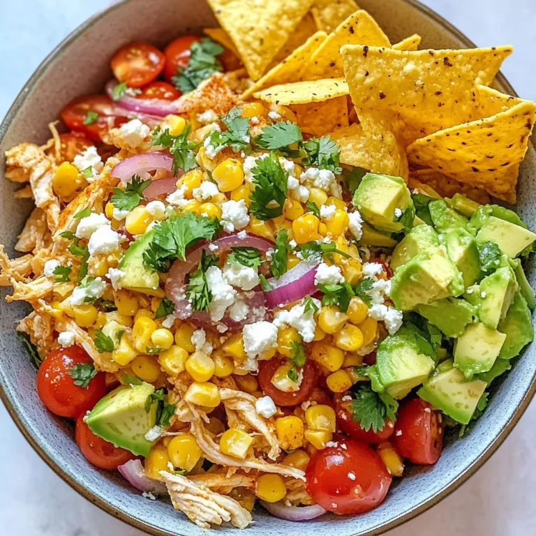 - 2 cups cooked chicken, shredded - 2 ears of fresh corn, kernels removed - 1 red bell pepper, diced - 1 small red onion, diced - 1 cup cherry tomatoes, halved - 1 avocado, diced - 1/2 cup crumbled cotija cheese - 1/4 cup mayonnaise - 2 tablespoons lime juice - 1 tablespoon chili powder - Salt and pepper to taste - Fresh cilantro, for garnish - Tortilla chips, for serving The main ingredients make this bowl bright and tasty. I love using fresh corn because it brings great sweetness. The red bell pepper adds a nice crunch and color. Shredded chicken gives protein and makes it filling. - Sliced jalapeños for heat - Sour cream for creaminess - Extra lime wedges for zest - Avocado slices for richness - More cotija cheese for flavor These toppings can take your bowl to the next level. If you like spice, add jalapeños. Sour cream creates a nice contrast. A squeeze of lime brightens the dish. This dish is packed with nutrients. Each serving has about: - Calories: 450 - Protein: 30g - Fat: 20g - Carbs: 40g - Fiber: 8g The Street Corn Chicken Bowl is balanced and satisfying. It combines protein, healthy fats, and fiber. You can enjoy a hearty meal without guilt. {{ingredient_image_1}} Start by taking two ears of fresh corn. Remove the kernels and place them in a large bowl. Next, chop one small red onion and add it to the bowl. Then, halve one cup of cherry tomatoes and toss them in too. In a smaller bowl, mix together 1/4 cup of mayonnaise, 2 tablespoons of lime juice, 1 tablespoon of chili powder, and a pinch of salt and pepper. Pour this creamy mix over the corn, onion, and tomatoes. Toss it well to coat everything evenly. Set this mixture aside to let the flavors blend. Now, heat a skillet over medium heat. Add 2 cups of shredded chicken to the pan. Sprinkle some salt, pepper, and a little chili powder over the chicken. Stir and sauté it for about 3 to 5 minutes until it’s heated through. This step makes the chicken tasty and warm for your bowl. Grab your serving bowls. Start by placing a layer of the cooked chicken at the bottom of each bowl. Next, take the street corn mixture and divide it evenly on top of the chicken. For a fresh touch, add diced avocado and crumbled cotija cheese on top of each bowl. Finally, garnish with fresh cilantro for a burst of color and flavor. Serve with tortilla chips on the side. Enjoy your delicious Street Corn Chicken Bowl! To get the best flavor from your street corn, use fresh corn. Fresh corn gives a sweet taste. Cut the kernels off with a sharp knife. Mix the corn with diced red onion and cherry tomatoes. For the dressing, combine mayonnaise, lime juice, chili powder, salt, and pepper. The lime juice adds a zesty kick. Toss everything well to coat. Let it sit to blend the flavors. For juicy chicken, use cooked chicken that is shredded. Heat it slowly in a skillet. Add a pinch of salt, pepper, and a sprinkle of chili powder. This adds taste without overpowering the dish. Cook for about 3-5 minutes. Make sure it is heated through but not dry. Keep an eye on it to avoid overcooking. Serve the chicken in a bowl as the base. Top it with the street corn mix. Add diced avocado for creaminess. Crumbled cotija cheese gives a salty taste. Garnish with fresh cilantro for color and flavor. Serve tortilla chips on the side for crunch. You can also pair it with a side salad or rice for a complete meal. Pro Tips Fresh Corn is Best: Using fresh corn kernels will enhance the sweetness and crunch of your dish compared to canned or frozen corn. Customize the Heat: Adjust the amount of chili powder based on your spice preference; you can even add diced jalapeños for an extra kick! Rest the Chicken: Allow the seasoned chicken to rest for a few minutes after cooking to keep it juicy and flavorful. Perfect Avocado: To ensure your avocado is ripe, gently press the skin; it should yield slightly but not be too soft. {{image_2}} For a tasty vegetarian option, swap the chicken for black beans or chickpeas. These beans add protein and fiber. You can also add grilled zucchini or bell peppers for extra flavor. Keep the street corn mixture the same for that fresh taste. You can change the protein in your bowl. Try shrimp, beef, or tofu. Each option brings its own flavor. Season the shrimp with lime and chili for a zesty kick. For beef, use ground meat or steak strips. Tofu can be marinated for added taste. Want to add some zing? Mix in fresh lime zest or jalapeños. You could also try a sprinkle of smoked paprika for depth. For a sweet twist, add diced mango or pineapple. These fruits brighten the dish and pair well with the corn. To keep your Street Corn Chicken Bowl fresh, place leftovers in an airtight container. Make sure to cool the bowl to room temperature first. Store it in the fridge for up to three days. The flavors will blend nicely, but the texture may change a bit. When you’re ready to enjoy your leftovers, heat them gently. Place the bowl in the microwave for about one to two minutes. Stir halfway to ensure even warming. You can also reheat it on the stove over low heat. Just add a splash of water to keep it moist. If you want to freeze your Street Corn Chicken Bowl, it’s best to store components separately. Place the chicken and street corn mixture in freezer-safe bags. You can freeze them for up to three months. When you’re ready to eat, thaw them overnight in the fridge. Then, reheat and add fresh toppings like avocado and cilantro. A Street Corn Chicken Bowl is a tasty dish inspired by street food. It combines juicy chicken with fresh corn, veggies, and spices. You mix corn kernels, diced onion, and tomatoes with a creamy sauce made of mayonnaise, lime juice, and chili powder. This mix sits on top of shredded chicken, making it a hearty meal. You then finish it with avocado and cotija cheese for extra flavor. It's colorful, tasty, and great for sharing! Yes, you can make parts of this dish ahead of time. You can cook the chicken and prepare the street corn mix in advance. Just store them in separate containers in the fridge. When you're ready to eat, simply assemble the bowl. This saves time and makes it easy to enjoy a quick meal. If you can't find cotija cheese, don't worry! You can use feta cheese or queso fresco instead. Both options have a similar crumbly texture and salty taste. They will still give your bowl that creamy touch. You can also try using shredded cheese like Monterey Jack for a different flavor. The spice level of this dish can be adjusted to your taste. The chili powder adds some heat, but it's mild. If you want more spice, you can add jalapeños or extra chili powder. For less heat, you can use less chili powder or skip it altogether. This way, you can make it just right for you and your guests! The Street Corn Chicken Bowl blends fresh flavors into a tasty meal. We covered the main ingredients, toppings, and the nutrition each serving offers. I walked you through preparing the street corn, cooking the chicken, and assembling your bowl. With helpful tips and suggested variations, you can make this dish your own. Store leftovers properly for future enjoyment. This meal is easy to love and share. Enjoy your cooking and let the flavors shine!