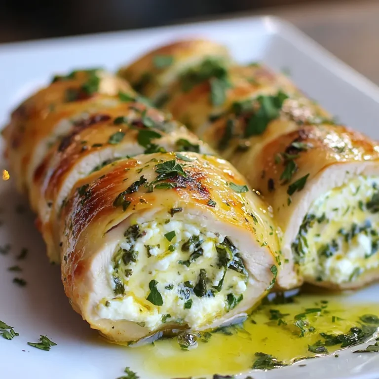- 4 boneless, skinless chicken breasts - 1 cup ricotta cheese - 1/4 cup grated Parmesan cheese - 1/4 cup fresh basil, chopped - 1/4 cup fresh parsley, chopped - 1 clove garlic, minced - 1 teaspoon lemon zest - Salt and pepper to taste - 1/2 teaspoon paprika (for seasoning) - 1 cup spinach leaves - 2 tablespoons olive oil - Toothpicks or kitchen twine for securing The main ingredients for Herbed Ricotta Stuffed Chicken Rolls are simple yet full of flavor. You start with chicken breasts that are boneless and skinless. These are easy to work with and cook evenly. For the filling, you need ricotta cheese, which gives a creamy texture, and Parmesan cheese, adding a rich taste. Fresh herbs are key. I love using basil and parsley for their bright flavors. They bring a fresh taste that works well with the creamy filling. Garlic and lemon zest add depth to the mix. Salt, pepper, and paprika round out the seasoning, making each bite tasty. Spinach leaves add a nice touch. They complement the cheese filling and add a bit of color. You will also need olive oil for cooking and either toothpicks or kitchen twine to hold the rolls together. Each part of this dish comes together to create a meal that is flavorful and satisfying. {{ingredient_image_1}} First, I mix the cheeses and herbs. In a bowl, combine 1 cup of ricotta cheese with 1/4 cup of grated Parmesan cheese. Then, add 1/4 cup of chopped fresh basil and 1/4 cup of chopped fresh parsley. Next, include 1 minced garlic clove and the zest of 1 lemon. Season the mix with salt and pepper to taste. Stir well until creamy and smooth. This filling gives the chicken rolls a burst of flavor. Now, let’s prepare the chicken. Take 4 boneless, skinless chicken breasts. Carefully slice each one horizontally to create a pocket. Make sure not to cut all the way through. Once you have your pockets, spread a generous tablespoon of the herbed ricotta mixture into each one. On top of the filling, add a few spinach leaves for extra color and nutrition. Then, roll up each chicken breast tightly. Secure the rolls using toothpicks or kitchen twine. Let’s cook these delicious rolls. Start by seasoning the outside of each chicken roll with salt, pepper, and a dash of paprika. In a large oven-safe skillet, heat 2 tablespoons of olive oil over medium heat. Place the stuffed chicken rolls in the skillet and sear them on all sides until golden brown, about 3 to 4 minutes per side. After searing, transfer the skillet to a preheated oven at 375°F (190°C). Bake for 20 to 25 minutes or until the chicken reaches 165°F (75°C) internally. Once cooked, take the skillet out and let the rolls rest for 5 minutes. Finally, remove the toothpicks or twine, slice the rolls, and serve warm. Enjoy your flavorful meal! To make great herbed ricotta stuffed chicken rolls, start by securing the chicken well. Use toothpicks or kitchen twine to hold the rolls tight. This keeps all the tasty filling inside. Make sure to not cut the chicken all the way through when you create pockets. A deep pocket helps keep your filling secure without spilling out. Avoiding overstuffing is key. Fill each chicken breast pocket with just enough ricotta mixture. Too much filling can make rolling difficult and lead to spills during cooking. Remember, you want each bite to be balanced. To get juicy chicken, monitor the internal temperature closely. The perfect temperature is 165°F (75°C). Use a meat thermometer for accuracy. Checking ensures the chicken cooks through without drying out. After cooking, let the chicken rest for about five minutes. This step allows the juices to redistribute. Resting makes each bite tender and moist. For a vibrant dish, arrange the sliced chicken rolls on a beautiful platter. Drizzle some olive oil on top. This adds shine and flavor. You can also sprinkle extra herbs for a fresh touch. Serve the rolls with a side of roasted vegetables or a crisp salad. This not only makes your meal colorful but also adds nutrition. Garnishing your dish creates a feast for the eyes, making it more enjoyable for everyone! Pro Tips Use Fresh Herbs: Fresh herbs enhance the flavor of the ricotta filling. If possible, opt for fresh basil and parsley instead of dried herbs for a vibrant taste. Don’t Overstuff: While it’s tempting to add more filling, overstuffing can make it difficult to roll the chicken tightly and may lead to leakage during cooking. Rest the Chicken: Allowing the chicken to rest for a few minutes after baking helps the juices redistribute, resulting in a more tender and juicy roll. Serve with a Sauce: Consider pairing the chicken rolls with a light lemon butter sauce or a marinara for extra flavor and a beautiful presentation. {{image_2}} You can mix things up with different cheeses. Try using mozzarella or feta for a fun twist. If you want a creamier texture, go for mascarpone. You can also swap the greens. Kale or arugula work well in place of spinach. Feel free to play with seasonings. If you like spice, add a pinch of cayenne. For a smoky flavor, try smoked paprika instead of regular paprika. These small changes can make a big difference. To take your chicken rolls to the next level, think about adding sun-dried tomatoes. They bring a sweet and tangy taste. Chopped olives add a nice briny kick, too. You can also incorporate different herbs. Rosemary or thyme can bring new flavors to the dish. Experimenting with different herbs will keep it fresh and exciting. Just remember to balance the flavors so one does not overpower the others. If you need a gluten-free option, this dish is already safe. All the ingredients are naturally gluten-free. For a dairy-free version, use a nut-based cheese in place of ricotta and Parmesan. If you're following a low-carb diet, skip the breading and focus on the chicken and filling. This recipe can easily fit into your meal plan with these small tweaks. Enjoy customizing it to suit your needs! To keep your Herbed Ricotta Stuffed Chicken Rolls fresh, store them in the fridge. Use an airtight container or wrap them tightly in plastic wrap. This helps prevent moisture loss and keeps them flavorful. You can safely store cooked rolls for up to three days. After that, they may lose taste and texture. Freezing the rolls is easy and a great way to save them for later. First, let the cooked rolls cool completely. Then, wrap each roll in plastic wrap and place them in a freezer-safe bag. This method keeps them safe from freezer burn. You can freeze them for up to three months. When you're ready to eat, thaw the rolls in the fridge overnight. Reheat them in the oven at 350°F (175°C) for about 15-20 minutes until warm. To avoid food spoilage, always cool your chicken rolls before storing. Bacteria thrive in warm conditions. Make sure they cool for no more than two hours before placing them in the fridge or freezer. This helps keep your meal safe and tasty. Cook the Herbed Ricotta Stuffed Chicken Rolls for about 20 to 25 minutes in the oven. First, sear them for 3 to 4 minutes on each side in a skillet. This gives them a nice golden color. After searing, place the skillet in an oven preheated to 375°F (190°C). Use a meat thermometer to check if they reach 165°F (75°C). This ensures the chicken is safe to eat. Yes, you can use other cuts of chicken. Thighs can work well since they stay juicy. You might also try chicken tenders, but adjust cooking times. If using bone-in pieces, cook longer. Just remember that the stuffing method stays the same. Each cut offers a unique taste and texture. You can prep the Herbed Ricotta Stuffed Chicken Rolls a day in advance. Prepare the filling and stuff the chicken. Cover them tightly and store in the fridge. When ready to cook, take them out about 30 minutes before cooking. This helps them cook evenly. You can also freeze the rolls. Just thaw overnight in the fridge before cooking. This way, you save time on busy days. In this blog post, we explored making Herbed Ricotta Stuffed Chicken Rolls. You learned about key ingredients like chicken, cheeses, and fresh herbs. I provided step-by-step instructions for preparing and cooking the rolls. Tips for perfect results and variations for flavor were shared too. Keep experimenting with ingredients to suit your taste. Cooking is all about making recipes your own. Enjoy the process and savor every bite!