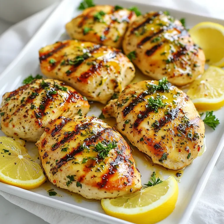 - 4 chicken breasts - 2 lemons (zested and juiced) - 3 cloves garlic, minced - 3 tablespoons olive oil - 1 teaspoon dried oregano - 1 teaspoon dried thyme - ½ teaspoon red pepper flakes (optional) - Salt and pepper to taste - Fresh parsley for garnish - Additional lemon wedges for serving The main ingredients in this recipe are simple but key. Chicken breasts serve as the star. The lemons give it a bright taste. Garlic adds depth, while olive oil keeps it moist. The flavor comes alive with oregano and thyme. Red pepper flakes can add a kick, but they are not a must. Salt and pepper round it all out. You can use fresh or dried herbs, but fresh adds more flavor. The lemon zest brings a joyful aroma to the dish. Zesting the lemons is easy. Just use a grater or zester to get the bright yellow peel. Juicing the lemons gives the chicken a tangy flavor. For garnish, fresh parsley adds a splash of color. Lemon wedges are great for serving. They let everyone add more lemon juice if they want. This dish looks and tastes fresh and bright on any plate. Enjoy your cooking! {{ingredient_image_1}} To start, gather your ingredients. You will need lemon zest, lemon juice, minced garlic, dried oregano, dried thyme, olive oil, salt, and pepper. In a mixing bowl, combine: - Zest of 2 lemons - Juice of 2 lemons - 3 minced garlic cloves - 1 teaspoon dried oregano - 1 teaspoon dried thyme - ½ teaspoon red pepper flakes (optional) - 3 tablespoons olive oil - Salt and pepper to taste Whisk everything together until it blends well. This marinade gives your chicken a bright, zesty flavor. Next, take your chicken breasts and place them in a large resealable bag or a shallow dish. Pour the marinade over the chicken. Make sure each piece is well-coated. Seal the bag or cover the dish. This step lets the chicken soak up all the flavors. Refrigerate for at least 30 minutes. For a stronger taste, marinate for up to 2 hours. After marinating, it's time to cook. Preheat your grill or stovetop skillet over medium-high heat. Remove the chicken from the marinade, letting any excess drip off. Discard the leftover marinade to avoid any food safety issues. Grill or sear the chicken breasts for about 6 to 7 minutes on each side. Cook until the internal temperature reaches 165°F (75°C). Look for those beautiful grill marks. This means your chicken is ready. Once cooked, remove the chicken from the heat and let it rest for 5 minutes. Resting keeps the chicken juicy and tender. Slice it up and enjoy! You can garnish with fresh parsley and serve with extra lemon wedges for a bright touch. To make a tasty lemon chicken, start with the marinade. Combine lemon zest, lemon juice, minced garlic, oregano, thyme, olive oil, salt, and pepper in a bowl. Whisk it well. This mix gives the chicken its bright flavor. Key Steps for Maximizing Flavor Infusion: - Use fresh lemons for zest and juice. - Let the marinade sit for a few minutes before using. Recommended Marinating Time: - Marinate for at least 30 minutes. For a deeper flavor, go for 2 hours. Grilling is the best way to cook this lemon chicken. It gives the chicken a smoky taste and nice grill marks. Suggested Cooking Methods: - Grill on medium-high heat for great results. - You can also use a stovetop skillet. How to Achieve Perfect Grill Marks: - Place the chicken on the grill and don’t move it for 6-7 minutes. - Flip and repeat on the other side. After cooking, it’s important to let the chicken rest. This step keeps it juicy and tasty. Importance of Resting Time: - Resting for 5 minutes allows the juices to settle inside. How to Prevent Dryness: - Cover the chicken loosely with foil while resting. This helps maintain warmth without losing moisture. Pro Tips Marinate Longer for Flavor: For the best flavor, marinate the chicken for at least 2 hours, or even overnight if possible. Check Internal Temperature: Always use a meat thermometer to ensure the chicken is cooked to 165°F (75°C) for safety and optimal juiciness. Rest Before Slicing: Let the chicken rest for 5 minutes after cooking. This helps the juices redistribute, keeping the meat moist. Customize the Heat: Adjust the amount of red pepper flakes according to your spice preference. Omit for a milder flavor. {{image_2}} You can change the taste of your lemon chicken by adding herbs or spices. Try fresh basil or rosemary for a new twist. You can also add a pinch of cumin or paprika for warmth. This can make the dish exciting and fresh. For a fruity twist, use other citrus fruits. Orange juice and zest can add sweetness. Lime juice offers a sharper taste. Experiment with what you like best. If you want a different cooking style, try oven-baking. Preheat your oven to 375°F (190°C). Place the marinated chicken in a baking dish. Bake for about 25 to 30 minutes until it reaches 165°F (75°C). This method keeps the chicken juicy. Alternatively, you can make a lemon chicken stir-fry. Cut the chicken into strips and cook in a hot skillet. Add bell peppers, broccoli, or snap peas. Stir-fry for about 5 to 7 minutes. This gives a fast and tasty meal. Pair your lemon chicken with side dishes for a complete meal. Rice or quinoa makes a great base. Steamed veggies, like green beans or asparagus, add color and nutrition. For garnish, chop fresh parsley and sprinkle it on top. You can also add lemon wedges on the side. This makes the dish look bright and inviting. You can store leftover lemon chicken in an airtight container. Place the chicken in the fridge within two hours of cooking. This keeps it fresh and safe to eat. Make sure to enjoy the chicken within three to four days. After that, the taste may change, and it may not be safe. To freeze cooked lemon chicken, let it cool first. Then, wrap each piece in plastic wrap. Place them in a freezer bag or container. This method prevents freezer burn. You can freeze the chicken for up to three months. When you're ready to eat, thaw the chicken in the fridge overnight. Reheat it in the oven or microwave until hot. Make sure it reaches an internal temperature of 165°F (75°C) to be safe. If you prepare marinated chicken, store it in the fridge. It can sit in the marinade for up to two hours. This allows the flavors to soak in. If you leave it longer, the meat may become too soft. Always be sure to cook it right after marinating for the best taste. The best way to check if chicken is done is by using a meat thermometer. Insert it into the thickest part of the chicken. If it reads 165°F (75°C), the chicken is safe to eat. You can also look for clear juices running from the meat. If the juices are pink, it needs more time. Always let it rest for five minutes before slicing. This helps keep the chicken juicy. Yes, you can use chicken thighs if you prefer. Thighs have more fat and flavor, making them very tasty. Just adjust the cooking time. Thighs may take a bit longer to cook than breasts. Aim for the same internal temperature of 165°F (75°C). They will be just as delicious in this lemon marinade. This recipe is naturally gluten-free. All the ingredients used are safe for those avoiding gluten. Just make sure to check labels on any packaged items, like spices or oils. If you follow this tip, you’ll enjoy a tasty, gluten-free meal. Feel free to serve it with gluten-free sides for a complete dish. This blog post shared how to make tasty lemon chicken. We explored key ingredients like chicken, lemon, and herbs. I provided step-by-step instructions for marinating and cooking. I also highlighted tips to ensure your chicken stays juicy and flavorful. By trying different cooking methods and serving ideas, you can enjoy lemon chicken in many ways. Keep these tips handy for your next meal! Trust me, it will impress everyone at the table. Enjoy your cooking!