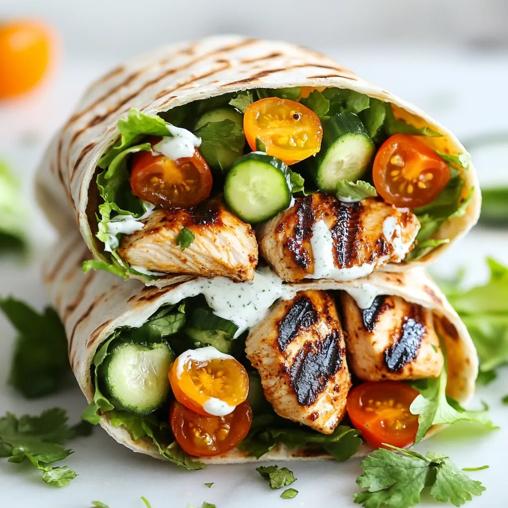 To make a spicy grilled chicken wrap, you need the following main ingredients: - 2 boneless, skinless chicken breasts - 2 tablespoons olive oil - 2 teaspoons smoked paprika - 1 teaspoon cayenne pepper - 1 teaspoon garlic powder - 1 teaspoon onion powder - Salt and pepper to taste - 4 large whole wheat tortillas - 1 cup romaine lettuce, chopped - 1 cup cherry tomatoes, halved - 1/2 cup cucumber, thinly sliced - 1/2 cup Greek yogurt - 2 tablespoons tahini - Juice of 1 lemon - Fresh cilantro, for garnish Using the right measurements is key for flavor. I suggest: - 2 tablespoons of olive oil to keep the chicken moist. - 2 teaspoons of smoked paprika for a rich taste. - 1 teaspoon of cayenne pepper for heat, but adjust to your taste. - 4 large tortillas to wrap all your delicious fillings. You can add a few optional ingredients to boost taste even more: - Avocado slices for creaminess. - Jalapeños for extra spice. - Feta cheese for a tangy kick. - Fresh herbs like parsley for freshness. These additions can enhance your wrap and make it truly unique. Enjoy experimenting! {{ingredient_image_1}} To start, gather your ingredients. In a bowl, mix together: - 2 tablespoons olive oil - 2 teaspoons smoked paprika - 1 teaspoon cayenne pepper - 1 teaspoon garlic powder - 1 teaspoon onion powder - Salt and pepper to taste Whisk these well. Then, take 2 boneless, skinless chicken breasts and add them to the bowl. Make sure each piece is coated in the marinade. Cover the bowl and let it sit. For best flavor, marinate for at least 30 minutes. If you have time, overnight is even better! Next, it’s time to grill! Preheat your grill or grill pan to medium-high heat. This step is key. Once hot, place the marinated chicken on the grill. Cook each side for 6-7 minutes. Keep an eye on it. You will know it’s done when it has nice grill marks and is cooked through. After grilling, let the chicken rest for about 5 minutes. This keeps it juicy. Then slice it into strips. Now comes the fun part: assembling your wrap! Start with 4 large whole wheat tortillas. Lay one flat on a clean surface. Spread a generous spoonful of the yogurt-tahini sauce on the tortilla. For the sauce, mix: - 1 cup Greek yogurt - 2 tablespoons tahini - Juice of 1 lemon - Salt and pepper to taste On top of the sauce, add your fillings: - 1 cup romaine lettuce, chopped - 1/2 cup cucumber, thinly sliced - 1 cup cherry tomatoes, halved - Sliced grilled chicken Now, fold the sides in and roll tightly from the bottom up. This seals in all the tasty goodness. Slice the wrap in half diagonally and garnish with fresh cilantro for a pop of color. Enjoy your spicy grilled chicken wrap! Grilling chicken can be simple with a few tricks. Always use fresh chicken. This helps keep the meat juicy. Marinate the chicken for at least 30 minutes. If you have time, let it sit overnight. This gives more flavor. Preheat your grill to medium-high. A hot grill makes great grill marks and keeps the moisture inside. Cook the chicken for 6-7 minutes on each side. Use a meat thermometer to check for doneness. Aim for 165°F for safe eating. To boost flavor, try adding herbs and spices. Fresh herbs like cilantro or parsley can brighten the dish. You can also mix in a touch of honey or mustard in the marinade. This adds a sweet and tangy kick. For extra heat, add more cayenne pepper or even some chopped jalapeños. Use the yogurt-tahini sauce generously. It adds creaminess and balances the spice of the chicken. Make your wraps look appealing. Use a bright platter for serving. Place the wraps neatly side by side. Drizzle some extra sauce on the side for dipping. Add a few sprigs of fresh cilantro on top for color. You can also sprinkle some extra smoked paprika on the plate. This adds a nice touch and hints at the flavors inside the wrap. A colorful mix of veggies will catch the eye and make the meal more fun. Pro Tips Marination Magic: Allowing the chicken to marinate overnight will enhance its flavor and tenderness, making every bite succulent. Grill Timing: Ensure the grill is properly preheated before adding the chicken. This helps achieve those beautiful grill marks and a perfectly cooked interior. Freshness Factor: Using fresh ingredients, especially the vegetables, will elevate the taste and texture of your wrap, adding a delightful crunch. Wrap It Right: When wrapping, make sure to tuck the sides in tightly to prevent the fillings from spilling out, ensuring a neat and enjoyable eating experience. {{image_2}} You can swap chicken for many other proteins. Turkey is a great choice. It has a mild taste and works well with spices. Shrimp is another option. Just make sure to grill them quickly. For a heartier meal, try steak. Slice it thin after cooking. If you want to keep it simple, use canned tuna. To make this wrap vegan, replace the chicken with grilled tofu. Tofu absorbs flavors well, so marinate it like the chicken. You can also use tempeh or seitan for a protein boost. For the yogurt sauce, swap Greek yogurt for a plant-based yogurt. This keeps the creamy texture. You can mix up the sauce for more flavor. Try adding hot sauce for extra heat. A chipotle sauce adds a smoky touch. For a zesty kick, make a lime-cilantro dressing. Just mix fresh lime juice, cilantro, and a bit of olive oil. You can also use store-bought sauces for convenience. To store leftover wraps, wrap each one tightly in plastic wrap or foil. You can also place them in an airtight container. This keeps moisture in and prevents them from drying out. Store the wraps in the fridge for up to three days. If you want to freeze the wraps, let them cool first. Wrap each one in plastic wrap, then place them in a freezer bag. This helps avoid freezer burn. You can freeze the wraps for up to three months. When ready to eat, thaw them in the fridge overnight before reheating. To reheat the wraps, you have a few options. You can use a microwave, oven, or skillet. If using the microwave, heat on medium for about 1-2 minutes. If using the oven, preheat to 350°F and bake for about 10-15 minutes. For the skillet, heat over medium and cook for 3-4 minutes on each side until warm. Enjoy your spicy grilled chicken wrap again! To make the chicken less spicy, reduce or skip the cayenne pepper. You can also add more olive oil to balance the heat. Another option is to use smoked paprika alone for flavor without the spice. Marinating the chicken for a longer time can also help mellow out the heat. Yes, you can use different types of tortillas. Flour tortillas, corn tortillas, or even spinach wraps work great. Each type adds a unique taste and texture to your wrap. Choose one that you like best or that fits your dietary needs. Great side dishes include a fresh salad or some crunchy veggies. You might try serving with sweet potato fries or a side of fruit. A light soup can also complement the wrap nicely. These sides add balance and flavor to your meal. This blog post covered making spicy grilled chicken wraps, from choosing ingredients to storage tips. You learned how to marinate chicken, grill it perfectly, and assemble a tasty wrap. We shared best practices and variations, including vegan options. Remember, cooking should be fun and creative. Feel free to experiment with flavors and ingredients. These wraps are easy to make and great for any meal. Enjoy making your own delicious spicy grilled chicken wraps!