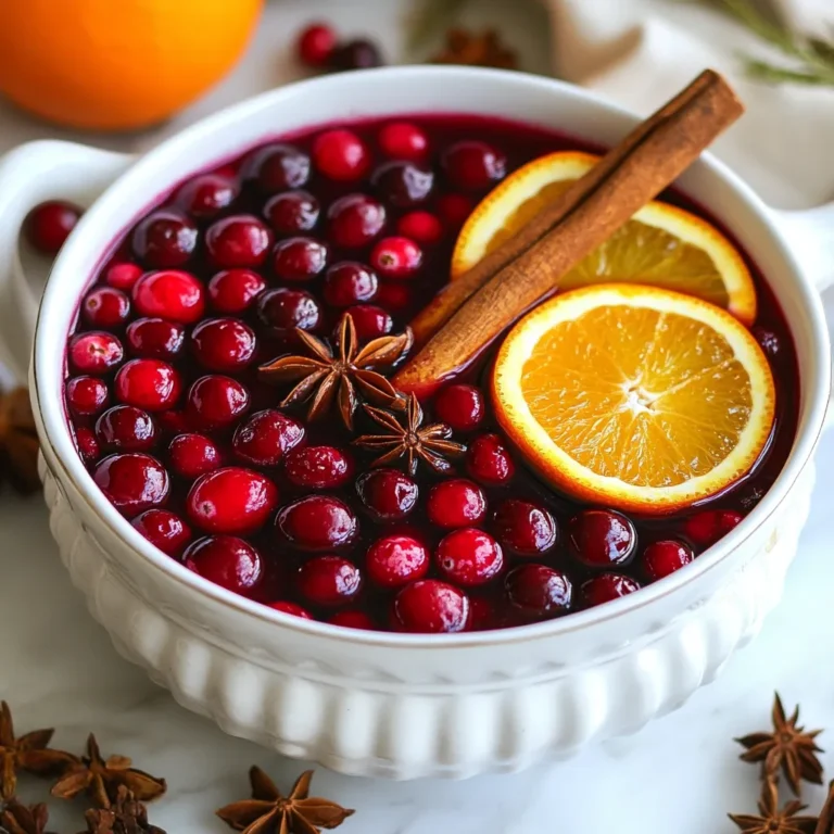 To make a great spiced cranberry holiday punch, gather these simple ingredients: - 4 cups cranberry juice - 2 cups apple cider - 1 cup orange juice - 1/4 cup fresh lemon juice - 2 tablespoons honey or maple syrup (to taste) - 1 cinnamon stick - 6 whole cloves - 4-5 star anise - 1 orange, sliced (for garnish) - Fresh cranberries (for garnish) - 1 liter sparkling water (optional for fizz) These ingredients blend well together. Each one adds a layer of taste. You can enjoy this punch warm or chilled. Using fresh ingredients makes your punch taste better. Fresh juices add brightness and flavor. However, if you can't find fresh, frozen options work too. Frozen cranberries and juices can be a great backup. Just remember to thaw them before use. If you need swaps, here are some ideas: - For cranberry juice, try pomegranate juice for a different flavor. - Apple juice can replace apple cider if you want a sweeter taste. - Use lime juice instead of lemon juice for a zesty twist. - Maple syrup can be switched for agave nectar if you prefer. These substitutes keep the spirit of the punch while adding your own flair. {{ingredient_image_1}} To start, gather your ingredients. You need cranberry juice, apple cider, orange juice, lemon juice, and honey or maple syrup. In a large pot, mix these juices over medium heat. Stir well to blend the flavors. Next, heat the mixture until it starts to simmer. This step is key; it helps the flavors come alive. After it simmers, reduce the heat to low. Let it steep for 15 to 20 minutes. This allows the juices to meld together perfectly. Now it’s time to add the spices. Toss in the cinnamon stick, whole cloves, and star anise. Stir them into the mixture, letting the warm scent fill the air. The spices will deepen the flavor of the punch. Keep the pot on low heat and let it sit. After 15 to 20 minutes, remove the pot from heat. Strain the mixture using a fine strainer to catch all the whole spices. This leaves you with a smooth, flavorful punch. When serving, you can choose to add sparkling water for a fizzy twist. If you do this, let the punch cool slightly first. Gently mix in the sparkling water to keep the bubbles. For a festive touch, pour the punch into colorful mugs or clear glasses. Garnish each drink with orange slices and a few fresh cranberries. This adds a lovely pop of color. Your guests will be impressed by the beautiful presentation! To get the best taste, start with the juices. Use fresh juice when you can. Mix cranberry, apple, orange, and lemon juice. Each juice adds its own spark. Taste as you go. Add honey or maple syrup to sweeten. If it's too sweet, add more lemon juice. This mix needs balance. You want sweet, tart, and spice all together. You can prepare this punch a day early. Just follow the steps, but skip the sparkling water. Let it cool and store it in the fridge. When you’re ready to serve, heat it gently. Then, add the sparkling water for fizz. This saves time during your holiday party. Garnishes make your punch shine. Slice an orange and add it to each glass. Fresh cranberries bring color and fun. You can also add some cinnamon sticks for a warm touch. If you want, try herbs like mint for a twist. These extras make your drink look fancy and festive. Pro Tips Sweetness Adjustment: Taste the punch before serving and adjust sweetness with additional honey or maple syrup to suit your preference. Spice Variation: Feel free to experiment with spices such as nutmeg or ginger for a unique flavor twist in your punch. Chill It Down: If serving chilled, allow the punch to cool completely before adding sparkling water to maintain its fizz. Garnish Ideas: Enhance presentation with additional garnishes like mint leaves or pomegranate seeds for a festive touch. {{image_2}} You can enjoy this punch as a non-alcoholic drink or add some fun with alcohol. For a non-alcoholic option, just serve the spiced mixture as is. It tastes great warm or chilled. If you want to make it boozy, add some vodka or rum. Start with a cup of alcohol for a batch. Adjust based on your taste. Fruits add color and taste to your punch. You can use fresh slices of apples, pears, or pomegranate seeds. Add these fruits when you heat the juices. They will soak up the flavors and make the drink look festive. You can also freeze cranberries or orange slices and use them as ice cubes. This keeps your punch cold without watering it down. You can change the spice levels to fit your taste. If you love cinnamon, add two sticks instead of one. For more warmth, include extra cloves or star anise. If you want a milder taste, use fewer spices. Remember to start with small amounts and taste as you go. This way, you can find your perfect balance. To store leftover Spiced Cranberry Holiday Punch, follow these steps. First, let the punch cool down completely. Pour it into an airtight container. Glass or plastic containers work well. Seal the container tightly to keep out air. You can store the punch in the fridge for up to three days. If you want to keep it longer, consider freezing. Freezing Spiced Cranberry Holiday Punch is easy. Use freezer-safe containers or heavy-duty bags. Leave some space in the container for expansion. The punch will last in the freezer for up to two months. To thaw, place the container in the fridge overnight. For quicker thawing, run the bag under cold water. Once thawed, stir well before serving. When it’s time to enjoy your punch again, reheat it gently. Pour the punch into a pot and warm it on low heat. Stir occasionally to prevent burning. If you want it fizzy, add sparkling water after heating. Serve warm in festive mugs, garnished with orange slices and cranberries for extra flair. Enjoy! Yes, you can make Spiced Cranberry Holiday Punch ahead of time. This punch tastes even better after sitting. I suggest making it a day before your event. Store the punch in the fridge after it cools. Just remember to add sparkling water right before serving for that fizz. You can use pear juice or white grape juice. Both options add a nice sweetness. If you prefer something less sweet, use unsweetened cranberry juice. This will keep the punch tart and flavorful. Play around with these options to find your favorite mix. Yes, this recipe is great for kids! It has no alcohol and is filled with fruit flavors. The spices are mild and safe for all ages. Just make sure to adjust the sweetness to your taste. Kids will love the warm, festive taste of this drink. In this blog post, we explored the key ingredients and preparation steps for Spiced Cranberry Holiday Punch. You learned how to choose fresh or frozen ingredients and suggested substitutes to enhance your drink. I shared tips for perfect flavor and presentation, along with variations for all tastes. Remember, this punch can be made ahead and stored easily. Experiment with seasonal fruits and spice levels to make it your own. With these guidelines, you can create a delightful drink that fits every occasion. Enjoy making it and impressing your guests!