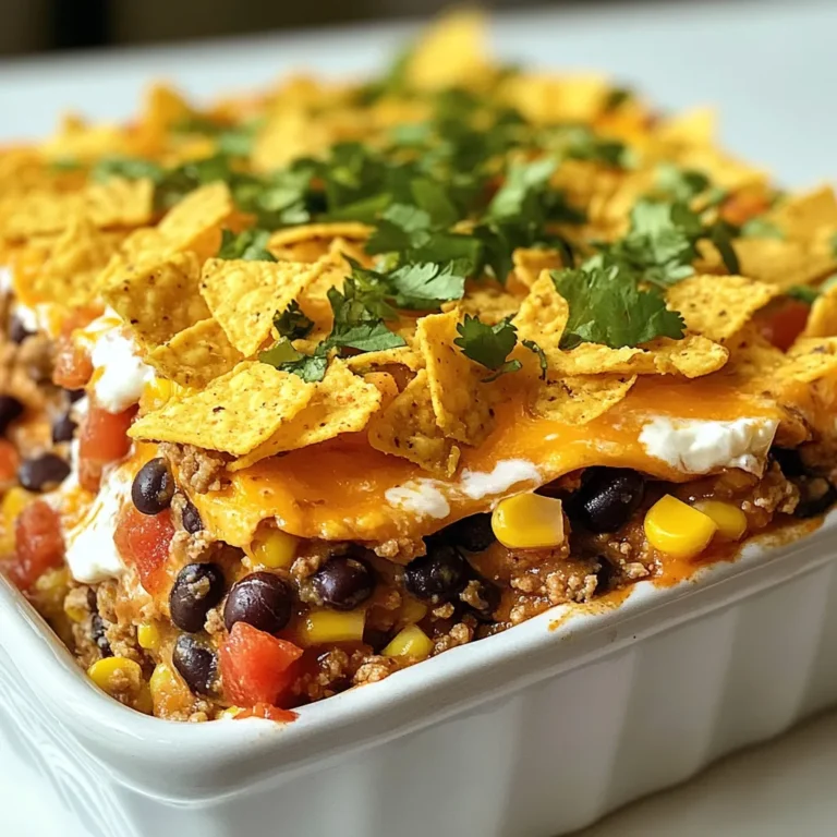 To make Hamburger Supreme Casserole, gather these main ingredients: - 1 lb ground beef - 1 medium onion, chopped - 2 cloves garlic, minced - 1 can (15 oz) black beans, drained and rinsed - 1 can (14.5 oz) diced tomatoes with green chilies - 1 cup corn kernels (frozen or canned) - 1 teaspoon chili powder - 1 teaspoon cumin - 1/2 teaspoon salt - 1/4 teaspoon black pepper - 2 cups cooked pasta (elbow or penne work well) - 1 cup shredded cheddar cheese - 1 cup sour cream - 1/2 cup crushed tortilla chips (for topping) - Fresh cilantro or green onions for garnish (optional) You can enhance the flavor with these optional ingredients: - Jalapeños for heat - Bell peppers for sweetness - Additional spices like paprika or oregano - A splash of lime juice for brightness For the best results, consider these brands: - Ground beef: Certified Angus Beef - Black beans: Goya or Bush’s Best - Diced tomatoes: Hunt’s or Del Monte - Cheddar cheese: Tillamook or Kraft Using quality ingredients makes a big difference in taste. Choose the ones you love! {{ingredient_image_1}} Start by preheating your oven to 350°F (175°C). In a large skillet, cook 1 pound of ground beef over medium heat. Stir it often until it turns brown. Once browned, drain the excess fat. Add 1 chopped onion and 2 minced garlic cloves to the skillet. Cook these for about 5 minutes, until the onion looks clear. Next, stir in 1 can of black beans, 1 can of diced tomatoes with green chilies, and 1 cup of corn kernels. Sprinkle in 1 teaspoon of chili powder, 1 teaspoon of cumin, 1/2 teaspoon of salt, and 1/4 teaspoon of black pepper. Cook this mixture for another 5 minutes to let the flavors mix well. In a large bowl, mix the cooked pasta with the beef mixture and 1/2 cup of shredded cheddar cheese. Make sure everything blends nicely. Spread this mixture evenly into a greased 9x13 inch baking dish. In a small bowl, combine 1 cup of sour cream with the other 1/2 cup of shredded cheddar cheese. Spread this creamy mix over the pasta-beef layer. Finally, top with crushed tortilla chips for extra crunch. To make your casserole extra tasty, use fresh spices. Fresh ingredients always boost flavor. You can also use extra cheese for a richer taste. A sprinkle of fresh cilantro or green onions on top adds a nice touch too. Letting the beef and onion cook longer helps develop deeper flavors. Always taste your mixture before baking. Adjust the spice levels to your liking. Once you've prepared everything, bake your casserole in the preheated oven for 25-30 minutes. Look for bubbly cheese and a golden top. If it looks too dry, you can add a bit more sour cream before baking. After baking, let it cool for a few minutes before serving. This cooling time helps the layers set. Enjoy your Hamburger Supreme Casserole! You can prep this casserole a day before. Brown the beef and cook the onions and garlic. Mix everything according to the recipe, but don’t bake it yet. Cover it tightly and store it in the fridge. When you’re ready to eat, just bake it straight from the fridge. You may need to add a few extra minutes to the baking time. For a great cheese topping, use a mix of cheeses. Cheddar is a must, but you can add Monterey Jack or pepper jack for extra flavor. Make sure to spread the cheese evenly over the sour cream layer. This helps it melt properly. For added crunch, sprinkle a bit more crushed tortilla chips on top before baking. One common mistake is not draining the beef well. Leaving excess fat can make the casserole greasy. Another pitfall is undercooking the meat and veggies. Always cook until they are soft and the beef is brown. Lastly, don’t skip the garnishes! Fresh cilantro or green onions really enhance the dish. Pro Tips Layering Flavors: For a deeper flavor, consider adding a splash of Worcestershire sauce or hot sauce to the beef mixture while it's cooking. Cheese Variation: Mix different types of cheese such as Monterey Jack or Pepper Jack for a unique twist on the traditional cheddar. Make Ahead: Assemble the casserole the night before, cover it tightly, and refrigerate. Just bake it when you’re ready to serve! Garnish for Freshness: Fresh herbs like cilantro or parsley not only enhance the presentation but also add a burst of freshness to each bite. {{image_2}} You can change the protein in Hamburger Supreme Casserole to fit your taste. Ground turkey works well if you want a leaner meat. You could also use ground chicken for a lighter option. If you prefer plant-based meals, try using lentils or crumbled tofu. Both options give you a hearty texture without meat. Feel free to play with the veggies in your casserole. Bell peppers add color and crunch. Chopped spinach or kale can boost the nutrition. You might also add mushrooms for a rich flavor. Mix and match based on what you have at home. The more, the merrier! For a gluten-free version, use gluten-free pasta or skip it altogether. You can replace the pasta with zucchini noodles or cauliflower rice. Both options keep the dish hearty without the carbs. If you're watching your carbs, consider adding extra beans or veggies instead of pasta. Enjoy a delicious meal that fits your diet! After enjoying your Hamburger Supreme Casserole, let it cool first. Then, place the leftovers in an airtight container. This keeps the flavors fresh and prevents spills. Store it in the fridge for up to three days. If you want to keep it longer, consider freezing it. When you are ready to eat the leftovers, preheat your oven to 350°F (175°C). Place the casserole in an oven-safe dish. Cover it with foil to keep it moist. Heat for about 20 minutes, or until it is warm all the way through. You can also microwave individual servings. Just heat in short bursts, stirring in between. To freeze, make sure the casserole has cooled completely. Cut it into portions for easy thawing. Wrap each piece tightly in plastic wrap, then place them in a freezer bag. This helps avoid freezer burn. You can freeze the casserole for up to three months. When you are ready to use it, thaw it in the fridge overnight before reheating. Yes, you can make this casserole vegetarian. Instead of ground beef, use a meat substitute like lentils or mushrooms. You can also try using black beans or chickpeas for added protein. Just make sure to keep the spices the same for great flavor. If you need a substitute for sour cream, try plain Greek yogurt. It has a similar texture and taste. You can also use cottage cheese blended until smooth. Another option is to use cream cheese thinned with a little milk or lemon juice. You will know the casserole is ready when the cheese is melted and bubbly. The edges should be slightly golden. You can also check the center with a knife. If it comes out hot, it's done. Let it cool a bit before serving. This blog post covered ingredients, steps, tips, variations, storage, and common questions about Hamburger Supreme Casserole. You now have a clear guide to create a delicious dish. Remember, you can adjust flavors and ingredients to suit your taste. With practice, you’ll avoid pitfalls and build confidence in your cooking. Enjoy making this casserole for friends and family. It’s a great way to bring everyone together around the table. Happy cooking!