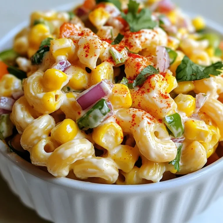 When making Mexican Street Corn Pasta Salad, gather these simple ingredients: - 8 oz. elbow macaroni or any pasta of your choice - 1 cup sweet corn (fresh or frozen) - 1 red bell pepper, diced - 1/2 red onion, finely chopped - 1 jalapeño, deseeded and minced - 1/2 cup crumbled queso fresco or feta cheese - 1/4 cup fresh cilantro, chopped - 2 tablespoons mayonnaise - 1 tablespoon sour cream - 1 tablespoon lime juice - 1 teaspoon chili powder - Salt and pepper to taste You can use any pasta shape you like. I prefer elbow macaroni for its nice bite. You can also try shells, penne, or fusilli. Each shape holds the dressing well and adds fun to the salad. Fresh corn gives a sweet crunch. You can grill it for added flavor. Just sauté it lightly until it gets a nice char. Frozen corn is quick and easy. Just heat it until warm. Either option works well for this dish. Feel free to mix it up! Add diced avocado for creaminess. Chopped tomatoes add juiciness. Black beans bring protein and fiber. If you love more heat, throw in extra jalapeños. Get creative and make this salad your own! {{ingredient_image_1}} Start by boiling water in a large pot. Add a pinch of salt to the water. Once it boils, add 8 ounces of elbow macaroni or your pasta of choice. Cook according to the package instructions until the pasta is al dente. This usually takes about 8 to 10 minutes. When ready, drain the pasta and rinse it under cold water. This helps cool it down and stops the cooking process. Set the pasta aside in a large bowl. If you use fresh corn, take a skillet and heat it over medium heat. Add 1 cup of sweet corn. Sauté the corn for about 5 to 7 minutes. You want it to be lightly charred for the best flavor. If you choose frozen corn, you only need to heat it until warm. Both options work well, but the fresh corn adds a nice touch. In your large bowl with the pasta, add the charred corn, 1 diced red bell pepper, 1 minced jalapeño, and 1/2 finely chopped red onion. Use a spatula to mix these ingredients together gently. In a separate bowl, whisk together 2 tablespoons of mayonnaise, 1 tablespoon of sour cream, 1 tablespoon of lime juice, and 1 teaspoon of chili powder. Add salt and pepper to taste. Pour this creamy dressing over your pasta mixture. Don’t forget to add 1/2 cup of crumbled queso fresco and 1/4 cup of chopped fresh cilantro. Toss everything well until it is evenly coated. Taste your salad and adjust the seasoning if needed. Chill it in the refrigerator for at least 30 minutes. This lets the flavors blend beautifully. Chilling your salad is key for great flavor. After mixing, cover the bowl with plastic wrap. Place it in the fridge for at least 30 minutes. This helps the flavors blend well. If you have time, chill it longer. The longer it sits, the better it tastes! To boost the taste, add a little more lime juice. It brings out the corn's sweetness. A dash of extra chili powder can give it a nice kick. If you love spice, chop up more jalapeño. You can also mix in some garlic powder for depth. Always taste as you go! Serve this pasta salad as a side dish or a main meal. It pairs well with grilled chicken or tacos. For a fun twist, serve it in a bowl made from corn tortillas. You can also garnish with extra cilantro and cheese before serving. This makes it look even more inviting! Pro Tips Use Fresh Ingredients: Whenever possible, opt for fresh sweet corn and vegetables to enhance the flavor and texture of your pasta salad. Customize the Heat: Adjust the amount of jalapeño according to your spice preference. For a milder dish, you can also omit the seeds and membranes. Make Ahead: Prepare the salad a few hours in advance to allow the flavors to meld together, making for a more delicious dish when served. Garnish for Presentation: Add extra cilantro or a sprinkle of chili powder on top before serving to give your dish a vibrant and inviting look. {{image_2}} You can easily make this salad meat-free. Just focus on the fresh veggies. Add diced cucumbers or ripe avocados for extra creaminess. You can also mix in black beans for protein. They add a nice texture and flavor. This way, you keep the dish light and fresh while enhancing its nutrition. If you love heat, spice it up! Add more jalapeños to boost the flavor. You can also sprinkle in some cayenne pepper for a quick kick. For a fun twist, try adding diced chipotle peppers in adobo sauce. They give a smoky flavor that pairs well with the corn. Adjust the spice to your taste for a unique salad. While queso fresco is a classic choice, you have options. Try crumbled feta for a tangy taste. If you want creaminess, use goat cheese. For a milder flavor, shredded cheddar works great. Each cheese adds its own flair, making your pasta salad exciting every time you make it. To keep your Mexican street corn pasta salad fresh, place it in an airtight container. This helps keep flavors intact and prevents drying out. Be sure to seal the lid tightly. Store it in the fridge for up to three days. If you notice excess moisture, you can drain it before serving. I recommend eating this salad cold. If you prefer warm pasta, heat it gently in a skillet. Add a splash of water or lime juice to help it stay moist. Avoid using the microwave, as it can make the pasta mushy. Always taste and adjust the seasoning after reheating. Freezing pasta salad is tricky. The texture of pasta and veggies can change. If you want to freeze it, do so without the dressing. Store the pasta and vegetables in a freezer-safe bag. When ready to eat, thaw it in the fridge overnight. Mix in fresh dressing before serving for the best flavor. Yes, you can use any pasta shape you like. I enjoy elbow macaroni, but shells or rotini work great too. Just make sure the pasta is small enough to mix well with the other ingredients. Cooking times may vary, so check the package for the right time to cook. If you can’t find queso fresco, feta cheese is a tasty option. It has a similar crumbly texture and salty taste. You can also use goat cheese for a creamier feel. Just remember that each cheese will change the flavor a bit. This salad stays fresh for about 3 to 5 days in the fridge. Store it in an airtight container to keep it crisp. If you notice any changes in smell or color, it’s best to toss it out. Enjoy it cold, as the flavors get better over time! To recap, we explored pasta salad ingredients, focusing on pasta, corn, and add-ins. I detailed step-by-step instructions for cooking and mixing. I also shared tips for chilling, flavor enhancement, and serving. We discussed variations like vegetarian options and different cheeses. Finally, I provided storage tips for leftovers and answered common questions. In summary, making pasta salad is fun and easy. Try experimenting with your favorite flavors!