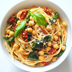 To make Vegan Sun-Dried Tomato Pasta, gather these simple ingredients: - 12 oz whole grain pasta (spaghetti or penne) - 1 cup sun-dried tomatoes in oil, drained and chopped - 1 can chickpeas, rinsed and drained - 2 cups fresh spinach - 1/4 cup nutritional yeast - 1/2 cup vegetable broth - 3 cloves garlic, minced - 1 teaspoon red pepper flakes (optional) - Salt and black pepper to taste - Fresh basil leaves for garnish Each ingredient plays a key role in building flavors. The whole grain pasta gives a hearty base. The sun-dried tomatoes add a sweet and tangy depth. Chickpeas bring protein and texture, while fresh spinach adds color and nutrients. Nutritional yeast gives a cheesy flavor without dairy. Vegetable broth amplifies the taste of the sauce, and garlic adds a rich aroma. Red pepper flakes add heat if you like a kick. Finally, fresh basil brightens the dish, making it appealing. This recipe is perfect for a quick weeknight meal or a cozy dinner. You can easily adjust the ingredients based on what you have at home. Enjoy cooking! {{ingredient_image_1}} - Bring a large pot of salted water to a boil. - Add 12 oz of whole grain pasta. Cook according to the package instructions until al dente. - Drain the pasta and reserve 1 cup of the cooking water. This water helps to keep the dish creamy. - In a large skillet, heat 2 tablespoons of oil from the sun-dried tomatoes over medium heat. - Add 3 cloves of minced garlic and saut&eacute; for 1&ndash;2 minutes until it smells good. Watch it closely so it does not burn. - Stir in the chopped sun-dried tomatoes. If you like some heat, add 1 teaspoon of red pepper flakes. Cook for 2&ndash;3 minutes to let the flavors mix. - Add a can of rinsed and drained chickpeas to the skillet. Pour in 1/2 cup of vegetable broth and bring it to a simmer. Let it cook for 5 minutes. - Mix in 2 cups of fresh spinach and stir until it wilts, which should take about 2 minutes. - Add the drained pasta to the skillet. Toss everything together. If it seems too dry, add some reserved pasta water until it reaches your desired creaminess. - Finally, sprinkle in 1/4 cup of nutritional yeast. Mix well to coat everything. Season with salt and black pepper to taste. Cooking pasta well is key to this dish. Always add salt to boiling water. This simple step makes your pasta taste great. Use about one tablespoon of salt for every four quarts of water. Cook your pasta until it is al dente. This means it should be firm but not hard. Check the package for timing. Usually, it takes about 8 to 10 minutes. Remember, you can always taste a piece to see if it's ready! You can boost the flavor of your dish with more spices or herbs. Try adding dried oregano or thyme for a tasty twist. Fresh herbs like parsley or cilantro also add freshness. Don't forget about oil options! If you want a different taste, use olive oil or avocado oil. Each oil gives a unique flavor to your dish. This Vegan Sun-Dried Tomato Pasta is best served hot. However, it can be enjoyed cold as a pasta salad too! Pair it with a fresh green salad or garlic bread. A glass of white wine or sparkling water can make your meal even better. Enjoy this dish with friends or family for a lovely dining experience! Pro Tips Perfect Pasta Cooking: Always cook your pasta al dente for the best texture. This ensures it maintains a slight bite and won&rsquo;t become mushy when mixed with the sauce. Oil from Sun-Dried Tomatoes: Use the oil from the jar of sun-dried tomatoes to saut&eacute; your garlic. This adds an extra layer of flavor to the dish. Chickpeas for Protein: Chickpeas add a hearty protein boost to this dish, making it filling and nutritious. Consider using roasted chickpeas for added crunch! Customize Your Greens: Feel free to substitute spinach with other greens like kale or arugula, depending on what you have on hand or your flavor preference. {{image_2}} You can make this dish gluten-free. Simply swap the whole grain pasta for gluten-free varieties. Look for options made from rice, quinoa, or chickpeas. These choices cook well and have a nice texture. Just follow the package instructions for the best results. If you want extra protein, try adding tofu or tempeh. Both are great plant-based choices. For tofu, use firm or extra-firm. Cut it into cubes and saut&eacute; it in the skillet before adding the other ingredients. For tempeh, slice it thin and cook it until golden. This addition will make your pasta even more filling. Adding seasonal vegetables can boost flavor and nutrition. Some great options are zucchini, bell peppers, or asparagus. Chop them into bite-sized pieces and add them to the skillet when you cook the garlic. This way, they can soften and blend with the other ingredients. You can really customize the dish to match what's fresh and in season. To store leftovers, let the pasta cool first. Place it in an airtight container. This keeps the pasta fresh. In the fridge, the pasta stays good for about 3 to 4 days. When you&rsquo;re ready to eat, check for any signs of spoilage before reheating. For freezing, portion the pasta into suitable amounts. Use freezer-safe bags or containers. Remove as much air as possible to prevent freezer burn. The pasta will freeze well for up to 2 months. When you want to enjoy it again, just thaw it in the fridge overnight. To reheat, I like to use a skillet. Heat it over medium-low heat and add a splash of vegetable broth. This helps keep the pasta moist and tasty. Stir often until it's heated through. You can also use the microwave, but be careful not to dry it out. Cover it with a damp paper towel to keep moisture in. Enjoy your flavorful dish just like when you first made it! Yes, you can! You can swap whole grain pasta for any pasta you like. Try gluten-free pasta, zoodles, or even pasta made from lentils. Cooking times may vary slightly. Check the package for the best time to cook. Absolutely! To make it oil-free, skip the oil from the sun-dried tomatoes. Use water or vegetable broth instead to saut&eacute; the garlic. The dish will still taste great, and you won&rsquo;t miss the oil. This dish stays good for about three to five days in the fridge. Store it in a sealed container. Make sure it cools down before you cover it. This helps keep the pasta fresh. Yes, you can! If you want it nut-free, just leave out the nutritional yeast. You can use sunflower seed flour for a cheesy taste. You could also add lemon juice for a bit of tang without nuts. This recipe brings together whole grain pasta, sun-dried tomatoes, and fresh spinach for a healthful meal. You learned how to cook the pasta, make a tasty sauce, and combine everything for a delightful dish. Remember, you can customize the recipe with different proteins or veggies. Proper storage helps keep leftovers fresh. I hope you enjoy making this dish as much as I do. It&rsquo;s both easy and satisfying!