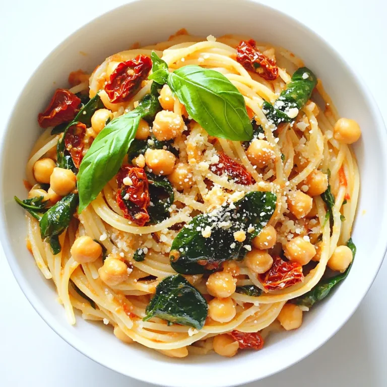 To make Vegan Sun-Dried Tomato Pasta, gather these simple ingredients: - 12 oz whole grain pasta (spaghetti or penne) - 1 cup sun-dried tomatoes in oil, drained and chopped - 1 can chickpeas, rinsed and drained - 2 cups fresh spinach - 1/4 cup nutritional yeast - 1/2 cup vegetable broth - 3 cloves garlic, minced - 1 teaspoon red pepper flakes (optional) - Salt and black pepper to taste - Fresh basil leaves for garnish Each ingredient plays a key role in building flavors. The whole grain pasta gives a hearty base. The sun-dried tomatoes add a sweet and tangy depth. Chickpeas bring protein and texture, while fresh spinach adds color and nutrients. Nutritional yeast gives a cheesy flavor without dairy. Vegetable broth amplifies the taste of the sauce, and garlic adds a rich aroma. Red pepper flakes add heat if you like a kick. Finally, fresh basil brightens the dish, making it appealing. This recipe is perfect for a quick weeknight meal or a cozy dinner. You can easily adjust the ingredients based on what you have at home. Enjoy cooking! {{ingredient_image_1}} - Bring a large pot of salted water to a boil. - Add 12 oz of whole grain pasta. Cook according to the package instructions until al dente. - Drain the pasta and reserve 1 cup of the cooking water. This water helps to keep the dish creamy. - In a large skillet, heat 2 tablespoons of oil from the sun-dried tomatoes over medium heat. - Add 3 cloves of minced garlic and sauté for 1–2 minutes until it smells good. Watch it closely so it does not burn. - Stir in the chopped sun-dried tomatoes. If you like some heat, add 1 teaspoon of red pepper flakes. Cook for 2–3 minutes to let the flavors mix. - Add a can of rinsed and drained chickpeas to the skillet. Pour in 1/2 cup of vegetable broth and bring it to a simmer. Let it cook for 5 minutes. - Mix in 2 cups of fresh spinach and stir until it wilts, which should take about 2 minutes. - Add the drained pasta to the skillet. Toss everything together. If it seems too dry, add some reserved pasta water until it reaches your desired creaminess. - Finally, sprinkle in 1/4 cup of nutritional yeast. Mix well to coat everything. Season with salt and black pepper to taste. Cooking pasta well is key to this dish. Always add salt to boiling water. This simple step makes your pasta taste great. Use about one tablespoon of salt for every four quarts of water. Cook your pasta until it is al dente. This means it should be firm but not hard. Check the package for timing. Usually, it takes about 8 to 10 minutes. Remember, you can always taste a piece to see if it's ready! You can boost the flavor of your dish with more spices or herbs. Try adding dried oregano or thyme for a tasty twist. Fresh herbs like parsley or cilantro also add freshness. Don't forget about oil options! If you want a different taste, use olive oil or avocado oil. Each oil gives a unique flavor to your dish. This Vegan Sun-Dried Tomato Pasta is best served hot. However, it can be enjoyed cold as a pasta salad too! Pair it with a fresh green salad or garlic bread. A glass of white wine or sparkling water can make your meal even better. Enjoy this dish with friends or family for a lovely dining experience! Pro Tips Perfect Pasta Cooking: Always cook your pasta al dente for the best texture. This ensures it maintains a slight bite and won’t become mushy when mixed with the sauce. Oil from Sun-Dried Tomatoes: Use the oil from the jar of sun-dried tomatoes to sauté your garlic. This adds an extra layer of flavor to the dish. Chickpeas for Protein: Chickpeas add a hearty protein boost to this dish, making it filling and nutritious. Consider using roasted chickpeas for added crunch! Customize Your Greens: Feel free to substitute spinach with other greens like kale or arugula, depending on what you have on hand or your flavor preference. {{image_2}} You can make this dish gluten-free. Simply swap the whole grain pasta for gluten-free varieties. Look for options made from rice, quinoa, or chickpeas. These choices cook well and have a nice texture. Just follow the package instructions for the best results. If you want extra protein, try adding tofu or tempeh. Both are great plant-based choices. For tofu, use firm or extra-firm. Cut it into cubes and sauté it in the skillet before adding the other ingredients. For tempeh, slice it thin and cook it until golden. This addition will make your pasta even more filling. Adding seasonal vegetables can boost flavor and nutrition. Some great options are zucchini, bell peppers, or asparagus. Chop them into bite-sized pieces and add them to the skillet when you cook the garlic. This way, they can soften and blend with the other ingredients. You can really customize the dish to match what's fresh and in season. To store leftovers, let the pasta cool first. Place it in an airtight container. This keeps the pasta fresh. In the fridge, the pasta stays good for about 3 to 4 days. When you’re ready to eat, check for any signs of spoilage before reheating. For freezing, portion the pasta into suitable amounts. Use freezer-safe bags or containers. Remove as much air as possible to prevent freezer burn. The pasta will freeze well for up to 2 months. When you want to enjoy it again, just thaw it in the fridge overnight. To reheat, I like to use a skillet. Heat it over medium-low heat and add a splash of vegetable broth. This helps keep the pasta moist and tasty. Stir often until it's heated through. You can also use the microwave, but be careful not to dry it out. Cover it with a damp paper towel to keep moisture in. Enjoy your flavorful dish just like when you first made it! Yes, you can! You can swap whole grain pasta for any pasta you like. Try gluten-free pasta, zoodles, or even pasta made from lentils. Cooking times may vary slightly. Check the package for the best time to cook. Absolutely! To make it oil-free, skip the oil from the sun-dried tomatoes. Use water or vegetable broth instead to sauté the garlic. The dish will still taste great, and you won’t miss the oil. This dish stays good for about three to five days in the fridge. Store it in a sealed container. Make sure it cools down before you cover it. This helps keep the pasta fresh. Yes, you can! If you want it nut-free, just leave out the nutritional yeast. You can use sunflower seed flour for a cheesy taste. You could also add lemon juice for a bit of tang without nuts. This recipe brings together whole grain pasta, sun-dried tomatoes, and fresh spinach for a healthful meal. You learned how to cook the pasta, make a tasty sauce, and combine everything for a delightful dish. Remember, you can customize the recipe with different proteins or veggies. Proper storage helps keep leftovers fresh. I hope you enjoy making this dish as much as I do. It’s both easy and satisfying!
